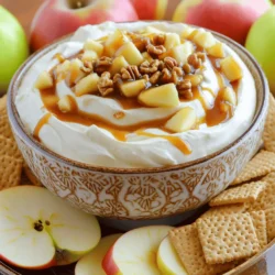To make the caramel apple cheesecake dip, you will need the following ingredients: - 8 oz cream cheese, softened - 1/2 cup powdered sugar - 1 teaspoon vanilla extract - 1 cup sour cream - 1/2 cup caramel sauce (plus extra for drizzling) - 1 medium apple, diced (preferably Granny Smith) - 1/4 cup chopped nuts (walnuts or pecans) - 1 teaspoon cinnamon - Sliced apples and graham crackers for dipping These ingredients blend together to create a creamy, sweet dip. The cream cheese gives it that rich texture. The powdered sugar adds sweetness, while the vanilla extract brings a warm flavor. The sour cream adds a nice tang that balances the sweetness. Using a tart apple like Granny Smith enhances the flavor. The nuts add a crunchy texture and a taste boost. Cinnamon gives a warm, cozy vibe. The caramel sauce ties it all together with its sweet, buttery goodness. For serving, sliced apples and graham crackers make perfect dippers. You can even drizzle more caramel on top for extra sweetness. This dip is sure to impress your guests. For the full recipe, check out the detailed steps. To make Caramel Apple Cheesecake Dip, gather all your ingredients first. This recipe is simple and quick, taking only 15 minutes. You need cream cheese, powdered sugar, vanilla extract, sour cream, caramel sauce, an apple, nuts, cinnamon, and some dippers. I like to use Granny Smith apples for a nice tartness. 1. Cream the Cheese: Start by placing your softened cream cheese in a mixing bowl. Use an electric mixer to beat it until it's smooth. 2. Add Sugar: Gradually mix in the powdered sugar. Keep mixing until it blends fully and looks creamy. 3. Incorporate Flavors: Stir in the vanilla extract and sour cream. Blend until the mixture is smooth and free of lumps. 4. Fold in Add-Ins: Gently fold in half of the diced apple, the chopped nuts, and the cinnamon. Make sure everything is evenly mixed. 5. Swirl in Caramel: Drizzle in the caramel sauce. Gently swirl it into the dip to create a pretty marbled effect. Save some caramel for later. Transfer the dip to your favorite serving bowl. Top it with the remaining diced apples, a sprinkle of nuts, and a generous drizzle of caramel sauce. Serve with sliced apples and graham crackers for dipping. This dip is sure to impress your guests! You can find the Full Recipe for more details. To make your dip creamy, use softened cream cheese. Beat it well until smooth. Mixing in powdered sugar helps to sweeten and soften. Sour cream adds a nice tang and creaminess. Fold in apples and nuts gently to keep chunks intact. This gives a great texture to your dip. Serve your dip in a fun bowl to catch eyes. Top it with diced apples and nuts for color. Drizzle extra caramel sauce on top for a sweet touch. Use sliced apples and graham crackers around the bowl. This makes it easy for guests to dip in. You can even add a small sign for fun. You can prepare this dip a day early. Just mix it and store in the fridge. Keep the caramel drizzle separate until serving. This keeps the dip fresh and tasty. If you want a quick snack, this is a great choice. For the full recipe, check the details above. {{image_2}} You can easily switch things up with this dip. Adding chocolate or peanut butter can bring new flavors. For chocolate lovers, mix in chocolate chips or drizzle melted chocolate on top. If you want a nutty twist, peanut butter fits well. Just blend it into the cream cheese mix. Using different types of apples can change the taste too. Granny Smith apples are tart and crisp, but you can try Honeycrisp or Fuji apples. Each apple type adds its own flavor and texture. Experiment to find your favorite! If you need gluten-free options, use gluten-free graham crackers for dipping. This way, everyone can enjoy the dip without worry. You can also make it dairy-free. For this, swap cream cheese with a vegan cream cheese. Use coconut yogurt instead of sour cream. These simple changes keep the flavor and creaminess. With these variations, your Caramel Apple Cheesecake Dip can suit many tastes and diets. Whether it's a party or a simple snack, enjoy creating your own version! For the detailed recipe, check the Full Recipe. To keep your Caramel Apple Cheesecake Dip fresh, store it in an airtight container. Make sure to seal it well to prevent air from getting in. This dip can also be covered with plastic wrap. If you have leftover caramel sauce, keep it in a separate container. This helps maintain the dip’s texture and flavor. When stored properly, this dip lasts about 3 to 5 days in the fridge. After that, the flavors may fade. Always check for any change in smell or appearance before eating. If the dip looks or smells off, it’s best to toss it. You do not need to reheat the dip. This treat is best served cold or at room temperature. If you want to warm the caramel sauce, place it in the microwave for about 10 seconds. Stir it well and drizzle it over the dip just before serving. For the full recipe, check the details above. The best type of apple for this dip is Granny Smith. They are tart and crunchy. This tartness balances the sweetness of the caramel and cream cheese. Other apples may work, but Granny Smith gives the best flavor contrast. Try using a mix of apples for extra taste! Yes, you can make this dip ahead of time. Prepare it up to 24 hours before serving. Store it in an airtight container in the fridge. This allows the flavors to blend well. Just add extra caramel and toppings before serving for a fresh look! Caramel Apple Cheesecake Dip lasts about 3 to 5 days in the fridge. Keep it covered tightly to keep it fresh. If you notice any strange smell or color, it’s best to toss it. This dip is so tasty, it might not last long anyway! Serve the dip with sliced apples and graham crackers. These pair well and add crunch. You can also use pretzels or cookies for a twist. For a fun touch, add caramel sauce on top before serving. This will make it even more inviting and delicious! For the full recipe, check out the detailed instructions above. Caramel Apple Cheesecake Dip is a crowd-pleaser. It combines smooth cream cheese with sweet caramel and crisp apples. This dip is easy to make and perfect for parties. You only need 15 minutes to prepare it. The mix of flavors and textures is delightful. You can serve it with sliced apples and graham crackers for dipping. Everyone will want to try it! This dip serves 6 to 8 people. Each serving contains: - Calories: About 200 - Fat: 10g - Carbohydrates: 25g - Protein: 2g - Sugar: 10g This dip is not only tasty but also offers some nutrients from the apples and nuts. The calories and fats come mainly from cream cheese and caramel. If you want a lighter option, you can use low-fat cream cheese. Enjoy this sweet treat and share it with friends! For the complete recipe, check out the Full Recipe section above. This blog post covered the delicious Caramel Apple Cheesecake Dip. We discussed the key ingredients, like cream cheese and caramel sauce, and the easy steps to make it. I shared tips for the best texture and exciting variations. Storing your dip properly keeps it fresh longer. To sum it up, this dip is versatile and fun. You can serve it for any occasion, and everyone will love it. Enjoy making and sharing this tasty treat!