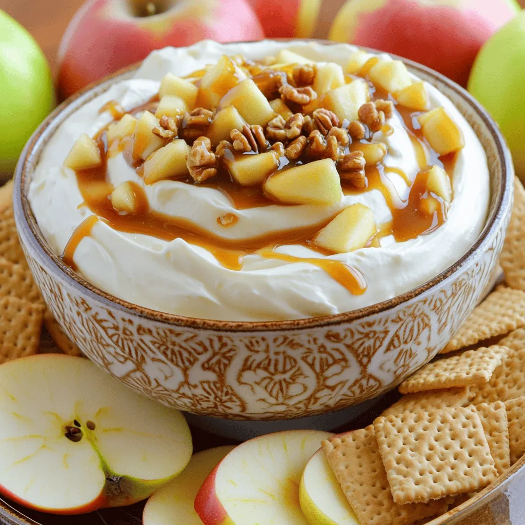 To make the caramel apple cheesecake dip, you will need the following ingredients: - 8 oz cream cheese, softened - 1/2 cup powdered sugar - 1 teaspoon vanilla extract - 1 cup sour cream - 1/2 cup caramel sauce (plus extra for drizzling) - 1 medium apple, diced (preferably Granny Smith) - 1/4 cup chopped nuts (walnuts or pecans) - 1 teaspoon cinnamon - Sliced apples and graham crackers for dipping These ingredients blend together to create a creamy, sweet dip. The cream cheese gives it that rich texture. The powdered sugar adds sweetness, while the vanilla extract brings a warm flavor. The sour cream adds a nice tang that balances the sweetness. Using a tart apple like Granny Smith enhances the flavor. The nuts add a crunchy texture and a taste boost. Cinnamon gives a warm, cozy vibe. The caramel sauce ties it all together with its sweet, buttery goodness. For serving, sliced apples and graham crackers make perfect dippers. You can even drizzle more caramel on top for extra sweetness. This dip is sure to impress your guests. For the full recipe, check out the detailed steps. To make Caramel Apple Cheesecake Dip, gather all your ingredients first. This recipe is simple and quick, taking only 15 minutes. You need cream cheese, powdered sugar, vanilla extract, sour cream, caramel sauce, an apple, nuts, cinnamon, and some dippers. I like to use Granny Smith apples for a nice tartness. 1. Cream the Cheese: Start by placing your softened cream cheese in a mixing bowl. Use an electric mixer to beat it until it's smooth. 2. Add Sugar: Gradually mix in the powdered sugar. Keep mixing until it blends fully and looks creamy. 3. Incorporate Flavors: Stir in the vanilla extract and sour cream. Blend until the mixture is smooth and free of lumps. 4. Fold in Add-Ins: Gently fold in half of the diced apple, the chopped nuts, and the cinnamon. Make sure everything is evenly mixed. 5. Swirl in Caramel: Drizzle in the caramel sauce. Gently swirl it into the dip to create a pretty marbled effect. Save some caramel for later. Transfer the dip to your favorite serving bowl. Top it with the remaining diced apples, a sprinkle of nuts, and a generous drizzle of caramel sauce. Serve with sliced apples and graham crackers for dipping. This dip is sure to impress your guests! You can find the Full Recipe for more details. To make your dip creamy, use softened cream cheese. Beat it well until smooth. Mixing in powdered sugar helps to sweeten and soften. Sour cream adds a nice tang and creaminess. Fold in apples and nuts gently to keep chunks intact. This gives a great texture to your dip. Serve your dip in a fun bowl to catch eyes. Top it with diced apples and nuts for color. Drizzle extra caramel sauce on top for a sweet touch. Use sliced apples and graham crackers around the bowl. This makes it easy for guests to dip in. You can even add a small sign for fun. You can prepare this dip a day early. Just mix it and store in the fridge. Keep the caramel drizzle separate until serving. This keeps the dip fresh and tasty. If you want a quick snack, this is a great choice. For the full recipe, check the details above. {{image_2}} You can easily switch things up with this dip. Adding chocolate or peanut butter can bring new flavors. For chocolate lovers, mix in chocolate chips or drizzle melted chocolate on top. If you want a nutty twist, peanut butter fits well. Just blend it into the cream cheese mix. Using different types of apples can change the taste too. Granny Smith apples are tart and crisp, but you can try Honeycrisp or Fuji apples. Each apple type adds its own flavor and texture. Experiment to find your favorite! If you need gluten-free options, use gluten-free graham crackers for dipping. This way, everyone can enjoy the dip without worry. You can also make it dairy-free. For this, swap cream cheese with a vegan cream cheese. Use coconut yogurt instead of sour cream. These simple changes keep the flavor and creaminess. With these variations, your Caramel Apple Cheesecake Dip can suit many tastes and diets. Whether it's a party or a simple snack, enjoy creating your own version! For the detailed recipe, check the Full Recipe. To keep your Caramel Apple Cheesecake Dip fresh, store it in an airtight container. Make sure to seal it well to prevent air from getting in. This dip can also be covered with plastic wrap. If you have leftover caramel sauce, keep it in a separate container. This helps maintain the dip’s texture and flavor. When stored properly, this dip lasts about 3 to 5 days in the fridge. After that, the flavors may fade. Always check for any change in smell or appearance before eating. If the dip looks or smells off, it’s best to toss it. You do not need to reheat the dip. This treat is best served cold or at room temperature. If you want to warm the caramel sauce, place it in the microwave for about 10 seconds. Stir it well and drizzle it over the dip just before serving. For the full recipe, check the details above. The best type of apple for this dip is Granny Smith. They are tart and crunchy. This tartness balances the sweetness of the caramel and cream cheese. Other apples may work, but Granny Smith gives the best flavor contrast. Try using a mix of apples for extra taste! Yes, you can make this dip ahead of time. Prepare it up to 24 hours before serving. Store it in an airtight container in the fridge. This allows the flavors to blend well. Just add extra caramel and toppings before serving for a fresh look! Caramel Apple Cheesecake Dip lasts about 3 to 5 days in the fridge. Keep it covered tightly to keep it fresh. If you notice any strange smell or color, it’s best to toss it. This dip is so tasty, it might not last long anyway! Serve the dip with sliced apples and graham crackers. These pair well and add crunch. You can also use pretzels or cookies for a twist. For a fun touch, add caramel sauce on top before serving. This will make it even more inviting and delicious! For the full recipe, check out the detailed instructions above. Caramel Apple Cheesecake Dip is a crowd-pleaser. It combines smooth cream cheese with sweet caramel and crisp apples. This dip is easy to make and perfect for parties. You only need 15 minutes to prepare it. The mix of flavors and textures is delightful. You can serve it with sliced apples and graham crackers for dipping. Everyone will want to try it! This dip serves 6 to 8 people. Each serving contains: - Calories: About 200 - Fat: 10g - Carbohydrates: 25g - Protein: 2g - Sugar: 10g This dip is not only tasty but also offers some nutrients from the apples and nuts. The calories and fats come mainly from cream cheese and caramel. If you want a lighter option, you can use low-fat cream cheese. Enjoy this sweet treat and share it with friends! For the complete recipe, check out the Full Recipe section above. This blog post covered the delicious Caramel Apple Cheesecake Dip. We discussed the key ingredients, like cream cheese and caramel sauce, and the easy steps to make it. I shared tips for the best texture and exciting variations. Storing your dip properly keeps it fresh longer. To sum it up, this dip is versatile and fun. You can serve it for any occasion, and everyone will love it. Enjoy making and sharing this tasty treat!
