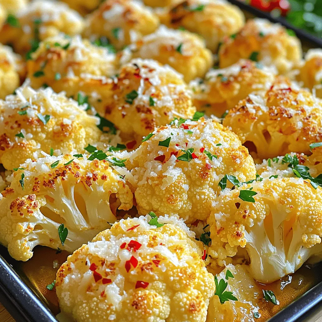 - 1 medium head of cauliflower, cut into florets - 4 cloves of garlic, minced - 1/2 cup grated Parmesan cheese - 1/4 cup olive oil - 1 teaspoon garlic powder - 1 teaspoon onion powder - 1 teaspoon dried oregano - 1/2 teaspoon red pepper flakes (optional) - Salt and pepper to taste - Fresh parsley, chopped (for garnish) The ingredients for Garlic Parmesan Roasted Cauliflower are simple but powerful. Cauliflower acts as a great base. The garlic gives it a strong flavor. Parmesan cheese adds a rich, savory touch. Olive oil helps everything roast nicely. This dish is not only tasty but also healthy. Cauliflower is low in calories and high in fiber. The garlic may boost your immune system. Parmesan adds protein and calcium. It’s a great side dish for any meal. You can change some ingredients based on your taste. Use nutritional yeast instead of Parmesan for a vegan option. For a spicy kick, add more red pepper flakes. If you don’t have fresh garlic, garlic powder works too. 1. Preheating the oven Start by preheating your oven to 425°F (220°C). This high heat helps the cauliflower get crispy and brown. 2. Preparing the garlic mixture In a large bowl, mix together: - 1/4 cup olive oil - 4 cloves of minced garlic - 1 teaspoon garlic powder - 1 teaspoon onion powder - 1 teaspoon dried oregano - 1/2 teaspoon red pepper flakes (optional) - Salt and pepper to taste Whisk these ingredients until they blend well. This mixture will give the cauliflower a rich flavor. 1. Tossing the florets Add your cauliflower florets to the bowl. Toss them well in the garlic mixture. Make sure each floret gets coated evenly. 2. Baking and stirring Spread the coated florets on a baking sheet lined with parchment paper. Bake for 20-25 minutes. Stir halfway through to ensure even cooking. The cauliflower should be tender and golden brown when done. 1. Sprinkling cheese Once the cauliflower is roasted, take it out of the oven. Sprinkle 1/2 cup of grated Parmesan cheese over the florets. This adds a nice cheesy flavor. 2. Garnish before serving Put the baking sheet back in the oven for another 5 minutes. This helps the cheese melt and crisp up. After that, take it out and let it cool a bit. Garnish with fresh parsley before serving. This step-by-step guide makes it easy to create Garlic Parmesan Roasted Cauliflower. For the Full Recipe, refer to the ingredients section. To get the best roast, set your oven to 425°F (220°C). This hot temperature helps the cauliflower brown nicely. I always use parchment paper on the baking sheet. It prevents sticking and makes cleanup a breeze. Want to change things up? Try adding smoked paprika or lemon zest for a kick. You could also use different cheeses. Try feta or nutritional yeast for a dairy-free option. Garlic Parmesan roasted cauliflower pairs well with many dishes. Serve it alongside grilled chicken or fish for a full meal. It also works great as a side for pasta or quinoa dishes. You can even toss it into salads for added crunch. {{image_2}} You can change the flavor of Garlic Parmesan Roasted Cauliflower easily. Try different spice blends to kick up the heat. A dash of cumin or smoked paprika adds depth. If you like it spicy, increase the red pepper flakes. You can also switch out the herbs. Instead of oregano, use thyme or rosemary for a fresh twist. Mixing fresh herbs like basil or cilantro can give your dish a bright flavor. Each herb brings its own flair to the dish. If you want a healthier choice, try air frying the cauliflower. It cooks quickly and makes the florets crispy without much oil. Set your air fryer to 400°F (200°C) and cook for about 15-20 minutes. Shake the basket halfway for even cooking. Grilling is another fun option. Toss the cauliflower in the garlic mix, then place it on skewers. Grill over medium heat for about 10-15 minutes. The smoky flavor will add a delightful twist. Serving Garlic Parmesan Roasted Cauliflower as a salad topping is a great way to add crunch. It pairs well with greens, nuts, and a light dressing. You can also mix it with other roasted vegetables. Carrots, bell peppers, or zucchini add color and taste. This combination makes a colorful dish that is both tasty and healthy. For the full recipe, check the recipe section above! To keep your Garlic Parmesan roasted cauliflower fresh, start by cooling it. Place the leftovers in an airtight container. This helps lock in flavor and moisture. Store the container in your fridge. It will last up to four days. If you want to save it for longer, freezing is a good option. First, let the cauliflower cool completely. Then, spread it on a baking sheet in a single layer. Freeze it for a few hours until solid. After that, transfer it to a freezer-safe bag or container. It can last up to three months in the freezer. When it's time to enjoy your leftovers, you can use the oven or microwave. I recommend using the oven for the best texture. Preheat it to 350°F (175°C). Spread the cauliflower on a baking sheet and heat for about 10-15 minutes. This keeps the cauliflower crispy. If you’re in a hurry, the microwave works too. Place the cauliflower in a microwave-safe dish and cover it. Heat on high for 1-2 minutes. Stir halfway through to ensure even warming. However, this method may make the cauliflower a bit softer. Enjoy your tasty side dish! For the full recipe, check out the details above. Cutting cauliflower into florets is easy. Start by removing the leaves from the head. Place the cauliflower on a cutting board. Cut the stem away, then break it into smaller sections with your hands. Use a knife to cut these sections into bite-sized florets. This method keeps the pieces even and helps them cook well. Yes, you can use frozen cauliflower. It is convenient and saves prep time. Keep in mind that frozen cauliflower has more water. This may affect the roasting process. To get a good texture, thaw and drain it first. Pat it dry with a paper towel before seasoning. To make this dish vegan, you can replace Parmesan cheese with a plant-based option. Nutritional yeast is a great choice. It adds a cheesy flavor without dairy. You can also try using vegan cheese shreds if you prefer. The garlic and spices will still shine through. Garlic Parmesan Roasted Cauliflower can last in the fridge for about 3 to 5 days. Store it in an airtight container to keep it fresh. When you’re ready to eat, just reheat it in the oven or microwave. This will help maintain its flavor and texture. You can find the Full Recipe for Garlic Parmesan Roasted Cauliflower earlier in this article. It has all the steps and ingredients you need to make this tasty side dish. Enjoy cooking! This blog covers making Garlic Parmesan Roasted Cauliflower easily. You learned about the key ingredients, cooking steps, and flavor tips. I shared storage advice and various serving ideas. You can customize this dish with spices and herbs, making it your own. Enjoy experimenting with this tasty recipe. It’s simple and satisfying. Happy cooking!