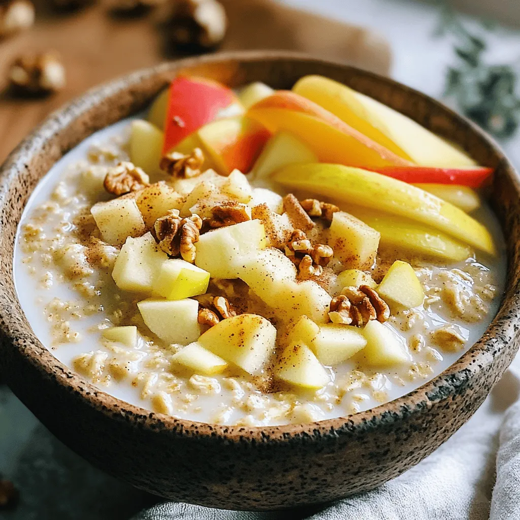 To make a warm bowl of apple cinnamon oatmeal, gather these simple ingredients: - 1 cup rolled oats - 2 cups almond milk (or any milk of your choice) - 1 medium apple, peeled, cored, and diced - 1 teaspoon ground cinnamon - 1 tablespoon maple syrup (or honey) - 1/4 cup walnuts, chopped (optional) - A pinch of salt - Fresh apple slices and a sprinkle of cinnamon for garnish Each ingredient plays a part in creating a delicious experience. The rolled oats give a hearty base. Almond milk makes it creamy, while the diced apple adds sweetness and texture. Cinnamon brings warmth and flavor. Maple syrup or honey adds a touch of natural sweetness. Walnuts give a nice crunch, but they’re optional. Salt enhances all the flavors. For a pretty finish, use fresh apple slices and a dusting of cinnamon on top. This recipe is not only easy but also healthy. You can enjoy it for breakfast or as a snack. You can find the full recipe [here]. - Combine oats, milk, diced apple, cinnamon, and salt in a saucepan. - Bring to gentle boil over medium heat. Start with a medium saucepan. First, add 1 cup of rolled oats. Pour in 2 cups of almond milk or milk you prefer. Next, add 1 peeled and diced apple, 1 teaspoon of ground cinnamon, and a pinch of salt. Stir the mixture well. It should blend nicely. Heat the pan on medium until it begins to bubble. - Reduce heat and simmer for 5-7 minutes. - Stir occasionally until oats are cooked. Once the mixture boils, turn the heat down low. This step is very important. You want it to simmer gently. Let it cook for 5 to 7 minutes. Stir it from time to time. This helps the oats cook evenly. You know it is ready when the oats are tender and the mix is thick. - Stir in maple syrup and walnuts. - Serve with garnishes. After cooking, take the pan off the heat. Now, add 1 tablespoon of maple syrup. If you like walnuts, mix in 1/4 cup of chopped walnuts for a nice crunch. Then, serve the oatmeal warm in bowls. Garnish with fresh apple slices and a sprinkle of cinnamon. This makes it look and taste great. For the full recipe, check the recipe section above. To get the best texture in your apple cinnamon oatmeal, choose rolled oats. They cook well and give a nice chewy feel. If you prefer a thicker oatmeal, cook it a bit longer. For creamier oatmeal, reduce the cooking time. This gives you more liquid and a softer bite. You can make your oatmeal even tastier by adding spices. Nutmeg gives a warm kick, while vanilla adds a sweet note. A splash of vanilla extract can brighten the dish. You can mix it in while cooking or add it before serving for a fresh boost. Pair your oatmeal with yogurt for extra creaminess. Fresh fruit, like berries or bananas, adds great flavor and color. For a crunchy twist, top with chopped nuts or seeds. A drizzle of honey or maple syrup can also enhance the sweetness. Enjoy your oatmeal warm for a comforting start to your day! For the full recipe, check out the Apple Cinnamon Oatmeal section above. {{image_2}} You can make this apple cinnamon oatmeal lighter. Start by using low-calorie sweeteners. Options like stevia or monk fruit keep the sweetness. You can also swap almond milk with coconut or oat milk. These choices offer different flavors and nutrients. Want to jazz it up? Add dried fruits like raisins or cranberries for extra sweetness. They bring a chewy texture that contrasts well with the oatmeal. You can also stir in nut butters, like almond or peanut. They add creaminess and protein, making each bite more satisfying. If you need gluten-free options, choose certified oats. They ensure no cross-contamination with gluten. For vegan adjustments, use maple syrup instead of honey. This keeps the recipe plant-based while still being delicious. Store your leftover apple cinnamon oatmeal in an airtight container. This keeps it fresh. Place it in the fridge. It lasts about three to five days. The oatmeal may thicken as it sits. You can add a bit of milk when you reheat it to loosen it up. To reheat oatmeal, the best method is the microwave. Heat it in short bursts. Stir it every 30 seconds to ensure even heating. You can also use a saucepan on low heat. If it seems dry, add a splash of almond milk. To enhance the flavor, add a dash of cinnamon or a drizzle of maple syrup. You can freeze apple cinnamon oatmeal for longer storage. Allow it to cool completely first. Then, portion it into freezer-safe bags or containers. Label them with the date. When you’re ready to eat, thaw it overnight in the fridge. You can also cook it from frozen. Just add a little extra milk and heat it slowly on the stove. Enjoy your warm, comforting breakfast anytime! To make this oatmeal vegan, you can easily swap out the milk. Use almond milk or coconut milk instead of dairy milk. For sweetening, replace honey with maple syrup. Both options keep the dish tasty and plant-based. Yes, you can prepare overnight oats! Combine the oats, almond milk, diced apple, and cinnamon in a jar. Stir well, cover, and refrigerate overnight. In the morning, just stir and enjoy it cold or warm it up in the microwave. Apple cinnamon oatmeal is packed with nutrients. Here’s what you get: - Oats: They provide fiber, which helps digestion. - Apples: They add vitamins, like Vitamin C, and antioxidants. - Cinnamon: This spice can help lower blood sugar levels. - Walnuts: If you add them, they give healthy fats and protein. Together, these ingredients create a balanced and nourishing meal. Absolutely! You can prepare a big batch for the week. Cook the oatmeal as usual and divide it into containers. Store them in the fridge. Reheat a portion each morning. This makes breakfast quick and healthy! You can also try adding different toppings each day to keep it fresh. Apple cinnamon oatmeal is simple and tasty. We covered key ingredients and step-by-step cooking tips. You learned how to add flavors and make variations that fit your diet. Storing and reheating the oatmeal was also discussed. Now, you can enjoy a warm, healthy breakfast anytime. With these methods, making oatmeal is easy and fun. Try it out, share your favorites, and inspire others to enjoy this delicious dish!
