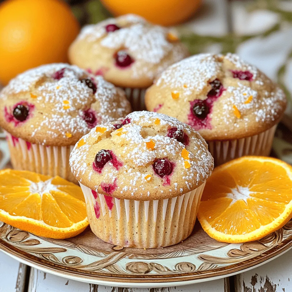 - 1 cup fresh cranberries, chopped - 1 cup all-purpose flour - 1/2 cup whole wheat flour - 1/2 cup sugar - 1 tablespoon baking powder - 1/2 teaspoon baking soda - 1/4 teaspoon salt - 1/2 cup orange juice (freshly squeezed) - Zest of 1 orange - 1/3 cup vegetable oil - 1 large egg - 1 teaspoon vanilla extract - 1/2 cup chopped walnuts (optional) - 1/4 teaspoon cinnamon (for garnish) Gather these ingredients for the best cranberry orange muffins. Fresh cranberries give a tart flavor. The mix of all-purpose and whole wheat flour adds texture. Sugar brings sweetness, while baking powder and soda help the muffins rise. Salt enhances all the flavors. Fresh orange juice and zest add a bright touch. You can use vegetable oil for moisture. A large egg binds everything together. Vanilla extract adds depth to the taste. If you like nuts, chopped walnuts add a nice crunch. Finally, a sprinkle of cinnamon gives a warm finish. This list covers everything you need to create these tasty treats. For the full experience, check out the Full Recipe. Enjoy every bite of your homemade muffins! First, you need to preheat the oven to 375°F (190°C). This step is key for even baking. While the oven heats, prepare your muffin tin. You can line it with paper liners or grease it lightly. Next, take a large mixing bowl. Combine the all-purpose flour, whole wheat flour, sugar, baking powder, baking soda, and salt. Whisk these dry ingredients until they mix well. This helps the muffins rise nicely. In another bowl, mix the wet ingredients. Combine the fresh orange juice, orange zest, vegetable oil, large egg, and vanilla extract. Stir until everything is smooth and well blended. This mixture adds moisture and flavor to your muffins. Now, it’s time to bring it all together. Pour the wet ingredients into the dry ingredients. Gently stir until just combined. Be careful not to overmix, as this can make your muffins tough. Spoon the batter into the prepared muffin tin, filling each cup about three-quarters full. For extra flavor, sprinkle a pinch of cinnamon on top. Bake for 18-20 minutes. Check if they are done by inserting a toothpick into the center. If it comes out clean, the muffins are ready. Once baked, let them cool in the pan for about five minutes. Then transfer them to a wire rack to cool completely. Enjoy your fresh and flavorful cranberry orange muffins! For the full recipe, refer to the section above. To make great muffins, start with your ingredients at room temperature. Cold eggs or milk can change how they mix. Let them sit out for a bit before you begin. This simple step helps the muffins rise better. Avoid overmixing your batter. Mix until just combined. If you stir too much, your muffins will be tough. A few lumps are okay. Focus on gently folding the wet and dry ingredients together. You can boost the flavor of your cranberry orange muffins with spices or extracts. Add a pinch of nutmeg for warmth. You can also try a splash of almond extract for a unique twist. These small changes can make a big difference in taste. To serve the muffins, present them warm. A light dusting of powdered sugar adds a sweet touch. You can also drizzle honey on top for extra sweetness. Place the muffins on a decorative plate with fresh orange slices. This not only looks nice, but it also brightens the dish. Enjoy your tasty creation with a cup of tea or coffee for a perfect snack. {{image_2}} You can swap cranberries with other berries. Blueberries or raspberries work well. They add a sweet twist. For gluten-free options, use almond flour or coconut flour. These alternatives change the texture, making them lighter. Adding chocolate chips gives a rich flavor. Dark chocolate pairs nicely with the tartness of cranberries. You can also mix in nuts or seeds. Chopped walnuts or sunflower seeds add crunch. This makes every bite exciting. If you want low-sugar muffins, use less sugar or a sugar substitute. This keeps the muffins tasty while cutting calories. For vegan muffins, replace the egg with applesauce. You can also use plant-based milk instead of regular milk. These changes make the muffins friendly for everyone. For the full recipe, refer back to the Cranberry Bliss Orange Muffins section. To keep your cranberry orange muffins fresh, store them at room temperature for up to three days. Place them in an airtight container. This method helps retain moisture and flavor. If you live in a humid area, refrigeration can prevent spoilage. However, this may dry out the muffins. Wrap them in plastic wrap before placing them in the fridge for better results. Freezing is a great way to extend the life of your muffins. First, make sure they are completely cool. Then, wrap each muffin tightly in plastic wrap. Place the wrapped muffins in a freezer-safe bag or container. This prevents freezer burn and keeps them fresh. They can stay in the freezer for up to three months. When you want to enjoy them, just pull them out and let them thaw at room temperature. To revive your muffins after storage, preheat your oven to 350°F (175°C). Place the muffins on a baking sheet. Heat them for about 10 minutes. This method makes them warm and soft again. You can also microwave them for 15-20 seconds for a quick option. Just be careful not to overheat, as they can become tough. Enjoy your delicious cranberry orange muffins warm! How do I know when my muffins are done? You can check if your muffins are done by inserting a toothpick into the center. If it comes out clean or with a few crumbs, your muffins are ready. They should also be golden brown on top and spring back when lightly touched. Can I use dried cranberries instead of fresh? Yes, you can use dried cranberries. Just soak them in warm water or orange juice for about 10 minutes. This will help them plump up and add moisture to your muffins. What can I serve with cranberry orange muffins? These muffins pair well with butter, cream cheese, or a drizzle of honey. They also taste great with a side of fresh fruit or a cup of tea. How can I make these muffins healthier? To make your muffins healthier, you can reduce the sugar or substitute it with honey or maple syrup. You can also add more whole wheat flour or substitute some oil with applesauce for moisture. Can I prepare the batter ahead of time? Yes, you can prepare the batter ahead of time. Store it in the fridge for up to two hours before baking. Just remember to mix it gently before filling the muffin tin, as it may thicken. For the full recipe, check out the details above. Cranberry orange muffins are a tasty treat with bright flavors. We covered the key ingredients, easy steps for mixing, and tips for perfect baking. Don't forget about variations and how to store your muffins. Experimenting with flavors or substitutes can bring new joy to this recipe. Enjoy your fresh, warm muffins as a delightful snack or breakfast. Happy baking!
