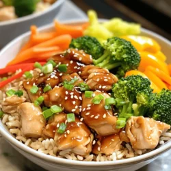 To make Teriyaki Chicken Rice Bowls, you need a few key items: - 2 boneless, skinless chicken thighs, diced - 1 cup brown rice - 2 cups water - 1/4 cup soy sauce - 2 tablespoons honey - 1 tablespoon sesame oil - 1 tablespoon rice vinegar - 1 garlic clove, minced - 1 teaspoon fresh ginger, grated - 1 cup broccoli florets - 1 carrot, julienned - 1 bell pepper, sliced - 2 green onions, chopped - Sesame seeds for garnish These ingredients come together to create a delicious meal. The chicken gives protein, while the rice offers carbs. The veggies add fiber and color. You can boost the taste with a few add-ins: - Sliced mushrooms - Snap peas - Baby corn - Red pepper flakes for heat - Pineapple chunks for sweetness These options can enhance the dish and make it more fun. Feel free to mix and match based on what you love. Understanding the nutrition helps you make smart choices. Here’s a quick look: - Calories: About 500 per serving - Protein: 30 grams - Carbohydrates: 70 grams - Fat: 10 grams - Fiber: 6 grams This meal is balanced, filling, and nutritious. It fuels your body and tastes great. For the full recipe and more details, check out the [Full Recipe]. To start, rinse 1 cup of brown rice under cold water. This step removes excess starch. In a medium saucepan, bring 2 cups of water to a boil. Add the rinsed rice to the boiling water. Lower the heat and cover the pot. Let it simmer for 35-40 minutes. The rice is ready when the water is gone and the rice is tender. While the rice cooks, let’s make the teriyaki sauce. In a small bowl, mix together 1/4 cup soy sauce, 2 tablespoons honey, and 1 tablespoon sesame oil. Add 1 tablespoon rice vinegar, 1 minced garlic clove, and 1 teaspoon grated ginger. Whisk these ingredients well until they blend nicely. This sauce adds a sweet and savory flavor to the chicken. Next, we’ll cook the chicken and veggies. Heat a splash of sesame oil in a large skillet over medium-high heat. Add 2 diced chicken thighs to the pan. Cook for about 5-7 minutes. You want the chicken to be browned and cooked through. Once the chicken is ready, pour the teriyaki sauce over it. Stir well to coat all the pieces. Let it simmer for 2-3 minutes to thicken the sauce slightly. Now, while the chicken simmers, prepare the vegetables. Steam or blanch 1 cup of broccoli florets, 1 julienned carrot, and 1 sliced bell pepper for about 3-4 minutes. They should be tender-crisp and bright in color. Now, it’s time to put everything together. Start with a base of the cooked brown rice in deep bowls. Add the teriyaki chicken right on top. Next, arrange the steamed vegetables alongside the chicken. To finish, sprinkle chopped green onions and sesame seeds over the bowls. This adds color and extra flavor. For a special touch, consider adding some pickled ginger on the side. This dish not only looks great but also tastes amazing. Enjoy your teriyaki chicken rice bowls! For the Full Recipe, check out the earlier section. To make the best teriyaki sauce, balance the sweet and salty. Use fresh honey for natural sweetness. Mix soy sauce with rice vinegar for tang. Adding garlic and ginger gives depth to the flavor. Whisk them together until smooth. Let it sit for a few minutes to meld the flavors. This step can make a big difference in taste. For juicy chicken, use boneless, skinless thighs. They stay moist better than breasts. Cut them into even pieces for uniform cooking. Heat the skillet well before adding the chicken. This helps sear the meat quickly, locking in juices. Cook until the chicken is browned and cooked through, about 5-7 minutes. Pour in the teriyaki sauce while the chicken is still hot. This lets the sauce coat and flavor the chicken perfectly. When cooking veggies, aim for bright colors and crisp textures. Steaming broccoli and carrots helps keep nutrients. Blanch them in boiling water for just a few minutes. You want them tender but still crunchy. For bell peppers, slice them thin for quick cooking. Add them to the pan only at the end to maintain their vibrant color. This method keeps all the vegetables fresh and tasty. For the Full Recipe, check back to the main section! {{image_2}} You can easily make a vegetarian version of teriyaki rice bowls. Instead of chicken, use mushrooms or tempeh. They both soak up the teriyaki sauce well. Add more vibrant vegetables like zucchini and snap peas. This mix gives you a colorful and tasty meal. You can follow the same steps as the chicken recipe. Just cook your veggies and sauce until they are hot. If you need gluten-free meals, swap regular soy sauce for tamari. Tamari tastes similar but does not have gluten. Use brown rice or quinoa as your base. Both are naturally gluten-free and nutritious. You can add other toppings like avocado for creaminess. You can switch up your protein in teriyaki rice bowls. Tofu is a great choice for a plant-based meal. Just press it to remove extra water and cube it. Cook it until golden brown before adding the sauce. Shrimp is another tasty option. Sauté shrimp for just a few minutes until they turn pink. The teriyaki sauce works well with both shrimp and tofu. Each choice brings its own unique flavor to your bowls. For the complete recipe and more tips, check out the Full Recipe for Teriyaki Chicken Rice Bowls. To keep your teriyaki chicken rice bowls fresh, store them in airtight containers. Make sure to let the food cool down before sealing. This helps keep moisture in check. You can keep the leftovers in the fridge for up to three days. If you have mixed veggies, store them separately to maintain their crunch. When you want to enjoy your leftovers, use a microwave or stovetop. If using a microwave, place the rice bowl in a safe dish and cover it lightly. Heat in short bursts, stirring in between, until it's hot. For stovetop, add a splash of water in a pan and heat over low. This method keeps the rice from drying out. You can freeze teriyaki chicken rice bowls for later. Make sure to use freezer-safe containers. It’s best to freeze the chicken and rice separately from the veggies. This way, the veggies stay fresh and crisp. You can keep them in the freezer for up to three months. When ready to eat, thaw in the fridge overnight and reheat as mentioned above. For the full recipe, check out the earlier section! To make Teriyaki Chicken Rice Bowls from scratch, you need a few steps. Start by cooking the brown rice. Rinse it under cold water, then boil it in two cups of water. Cook for about 35-40 minutes until it’s tender. Next, prepare the teriyaki sauce. In a bowl, mix soy sauce, honey, sesame oil, rice vinegar, minced garlic, and grated ginger. Stir until smooth. For the chicken, heat sesame oil in a skillet. Cook diced chicken thighs for 5-7 minutes until browned. Add the teriyaki sauce and simmer for a few minutes. Steam or blanch your vegetables, like broccoli, carrots, and bell peppers. Finally, assemble your bowl with rice, chicken, and veggies. Garnish with green onions and sesame seeds. Yes, you can use white rice instead of brown rice. White rice cooks faster. It takes about 15-20 minutes compared to brown rice. Adjust the water to 1.5 cups per cup of white rice. Keep in mind that brown rice offers more fiber and nutrients. If you prefer a nutty flavor, stick with brown rice. The best sides to serve with Teriyaki Chicken Rice Bowls include: - Edamame - Cucumber salad - Pickled ginger - Seaweed salad - Steamed dumplings These sides add freshness and balance to your meal. They also complement the teriyaki flavor well. You can find the Full Recipe for Teriyaki Chicken Rice Bowls right here. Just follow the steps, and enjoy your meal! In this blog post, I covered how to make tasty Teriyaki Chicken Rice Bowls. We explored the key ingredients and optional add-ins for flavor. I shared step-by-step cooking instructions, along with helpful tips for the perfect sauce and tender chicken. You can even find veggie and gluten-free choices! Lastly, I gave tips on storing and reheating your bowls. Enjoy crafting your Teriyaki Chicken Rice Bowls. Try different flavors and make it your own!