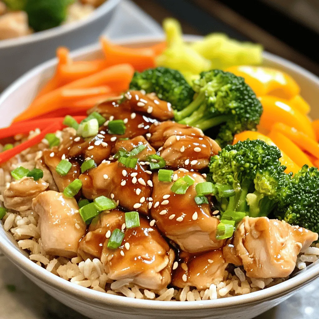 To make Teriyaki Chicken Rice Bowls, you need a few key items: - 2 boneless, skinless chicken thighs, diced - 1 cup brown rice - 2 cups water - 1/4 cup soy sauce - 2 tablespoons honey - 1 tablespoon sesame oil - 1 tablespoon rice vinegar - 1 garlic clove, minced - 1 teaspoon fresh ginger, grated - 1 cup broccoli florets - 1 carrot, julienned - 1 bell pepper, sliced - 2 green onions, chopped - Sesame seeds for garnish These ingredients come together to create a delicious meal. The chicken gives protein, while the rice offers carbs. The veggies add fiber and color. You can boost the taste with a few add-ins: - Sliced mushrooms - Snap peas - Baby corn - Red pepper flakes for heat - Pineapple chunks for sweetness These options can enhance the dish and make it more fun. Feel free to mix and match based on what you love. Understanding the nutrition helps you make smart choices. Here’s a quick look: - Calories: About 500 per serving - Protein: 30 grams - Carbohydrates: 70 grams - Fat: 10 grams - Fiber: 6 grams This meal is balanced, filling, and nutritious. It fuels your body and tastes great. For the full recipe and more details, check out the [Full Recipe]. To start, rinse 1 cup of brown rice under cold water. This step removes excess starch. In a medium saucepan, bring 2 cups of water to a boil. Add the rinsed rice to the boiling water. Lower the heat and cover the pot. Let it simmer for 35-40 minutes. The rice is ready when the water is gone and the rice is tender. While the rice cooks, let’s make the teriyaki sauce. In a small bowl, mix together 1/4 cup soy sauce, 2 tablespoons honey, and 1 tablespoon sesame oil. Add 1 tablespoon rice vinegar, 1 minced garlic clove, and 1 teaspoon grated ginger. Whisk these ingredients well until they blend nicely. This sauce adds a sweet and savory flavor to the chicken. Next, we’ll cook the chicken and veggies. Heat a splash of sesame oil in a large skillet over medium-high heat. Add 2 diced chicken thighs to the pan. Cook for about 5-7 minutes. You want the chicken to be browned and cooked through. Once the chicken is ready, pour the teriyaki sauce over it. Stir well to coat all the pieces. Let it simmer for 2-3 minutes to thicken the sauce slightly. Now, while the chicken simmers, prepare the vegetables. Steam or blanch 1 cup of broccoli florets, 1 julienned carrot, and 1 sliced bell pepper for about 3-4 minutes. They should be tender-crisp and bright in color. Now, it’s time to put everything together. Start with a base of the cooked brown rice in deep bowls. Add the teriyaki chicken right on top. Next, arrange the steamed vegetables alongside the chicken. To finish, sprinkle chopped green onions and sesame seeds over the bowls. This adds color and extra flavor. For a special touch, consider adding some pickled ginger on the side. This dish not only looks great but also tastes amazing. Enjoy your teriyaki chicken rice bowls! For the Full Recipe, check out the earlier section. To make the best teriyaki sauce, balance the sweet and salty. Use fresh honey for natural sweetness. Mix soy sauce with rice vinegar for tang. Adding garlic and ginger gives depth to the flavor. Whisk them together until smooth. Let it sit for a few minutes to meld the flavors. This step can make a big difference in taste. For juicy chicken, use boneless, skinless thighs. They stay moist better than breasts. Cut them into even pieces for uniform cooking. Heat the skillet well before adding the chicken. This helps sear the meat quickly, locking in juices. Cook until the chicken is browned and cooked through, about 5-7 minutes. Pour in the teriyaki sauce while the chicken is still hot. This lets the sauce coat and flavor the chicken perfectly. When cooking veggies, aim for bright colors and crisp textures. Steaming broccoli and carrots helps keep nutrients. Blanch them in boiling water for just a few minutes. You want them tender but still crunchy. For bell peppers, slice them thin for quick cooking. Add them to the pan only at the end to maintain their vibrant color. This method keeps all the vegetables fresh and tasty. For the Full Recipe, check back to the main section! {{image_2}} You can easily make a vegetarian version of teriyaki rice bowls. Instead of chicken, use mushrooms or tempeh. They both soak up the teriyaki sauce well. Add more vibrant vegetables like zucchini and snap peas. This mix gives you a colorful and tasty meal. You can follow the same steps as the chicken recipe. Just cook your veggies and sauce until they are hot. If you need gluten-free meals, swap regular soy sauce for tamari. Tamari tastes similar but does not have gluten. Use brown rice or quinoa as your base. Both are naturally gluten-free and nutritious. You can add other toppings like avocado for creaminess. You can switch up your protein in teriyaki rice bowls. Tofu is a great choice for a plant-based meal. Just press it to remove extra water and cube it. Cook it until golden brown before adding the sauce. Shrimp is another tasty option. Sauté shrimp for just a few minutes until they turn pink. The teriyaki sauce works well with both shrimp and tofu. Each choice brings its own unique flavor to your bowls. For the complete recipe and more tips, check out the Full Recipe for Teriyaki Chicken Rice Bowls. To keep your teriyaki chicken rice bowls fresh, store them in airtight containers. Make sure to let the food cool down before sealing. This helps keep moisture in check. You can keep the leftovers in the fridge for up to three days. If you have mixed veggies, store them separately to maintain their crunch. When you want to enjoy your leftovers, use a microwave or stovetop. If using a microwave, place the rice bowl in a safe dish and cover it lightly. Heat in short bursts, stirring in between, until it's hot. For stovetop, add a splash of water in a pan and heat over low. This method keeps the rice from drying out. You can freeze teriyaki chicken rice bowls for later. Make sure to use freezer-safe containers. It’s best to freeze the chicken and rice separately from the veggies. This way, the veggies stay fresh and crisp. You can keep them in the freezer for up to three months. When ready to eat, thaw in the fridge overnight and reheat as mentioned above. For the full recipe, check out the earlier section! To make Teriyaki Chicken Rice Bowls from scratch, you need a few steps. Start by cooking the brown rice. Rinse it under cold water, then boil it in two cups of water. Cook for about 35-40 minutes until it’s tender. Next, prepare the teriyaki sauce. In a bowl, mix soy sauce, honey, sesame oil, rice vinegar, minced garlic, and grated ginger. Stir until smooth. For the chicken, heat sesame oil in a skillet. Cook diced chicken thighs for 5-7 minutes until browned. Add the teriyaki sauce and simmer for a few minutes. Steam or blanch your vegetables, like broccoli, carrots, and bell peppers. Finally, assemble your bowl with rice, chicken, and veggies. Garnish with green onions and sesame seeds. Yes, you can use white rice instead of brown rice. White rice cooks faster. It takes about 15-20 minutes compared to brown rice. Adjust the water to 1.5 cups per cup of white rice. Keep in mind that brown rice offers more fiber and nutrients. If you prefer a nutty flavor, stick with brown rice. The best sides to serve with Teriyaki Chicken Rice Bowls include: - Edamame - Cucumber salad - Pickled ginger - Seaweed salad - Steamed dumplings These sides add freshness and balance to your meal. They also complement the teriyaki flavor well. You can find the Full Recipe for Teriyaki Chicken Rice Bowls right here. Just follow the steps, and enjoy your meal! In this blog post, I covered how to make tasty Teriyaki Chicken Rice Bowls. We explored the key ingredients and optional add-ins for flavor. I shared step-by-step cooking instructions, along with helpful tips for the perfect sauce and tender chicken. You can even find veggie and gluten-free choices! Lastly, I gave tips on storing and reheating your bowls. Enjoy crafting your Teriyaki Chicken Rice Bowls. Try different flavors and make it your own!