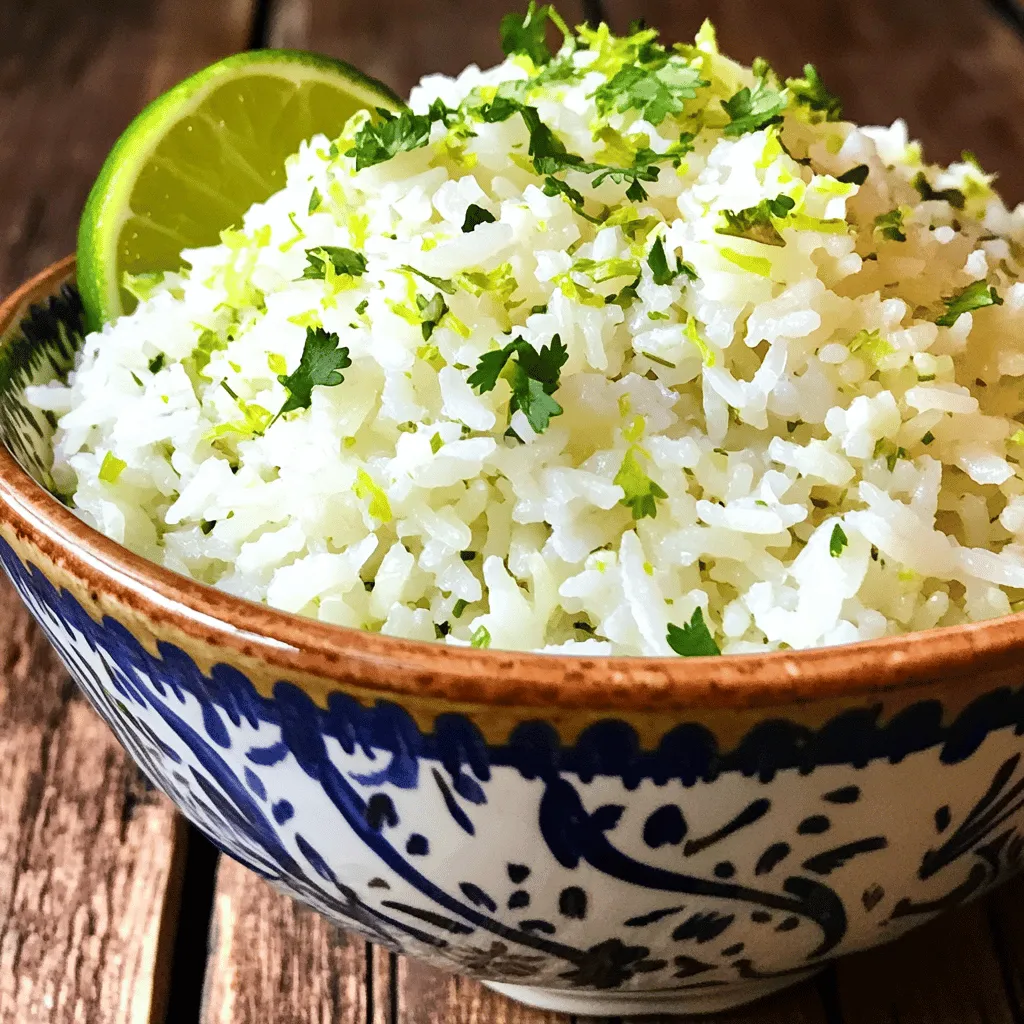 - 1 cup long-grain white rice - 2 cups vegetable broth (or water) - 1 bunch fresh cilantro, finely chopped - 1 lime (zest and juice) - 1 tablespoon olive oil - 1 teaspoon garlic powder - 1 teaspoon onion powder - Salt to taste Each ingredient plays an important part in this dish. The long-grain white rice gives a light and fluffy texture. Vegetable broth adds rich flavor, making the rice taste better than just plain water. Fresh cilantro brings a bright, herbal note. Lime juice and zest offer a burst of tanginess that lifts the dish. Olive oil helps keep the rice moist and adds smoothness. Garlic and onion powders enhance the depth of flavor, while salt pulls everything together. You can easily swap ingredients to fit your needs. If you want a vegan dish, stick with vegetable broth. For a gluten-free option, use gluten-free broth or water. Brown rice works well for a healthier choice, but it takes longer to cook. You can replace cilantro with parsley if you dislike its taste. If you want a spicy kick, add jalapeños or chili powder. For a creamier version, try adding a spoonful of coconut milk. Check out the Full Recipe for more ideas! 1. Start by rinsing 1 cup of long-grain white rice under cold water. This helps get rid of extra starch. Rinse until the water runs clear. 2. In a medium saucepan, heat 2 cups of vegetable broth over medium heat. You can also use water if you prefer. 3. Once the broth is boiling, add the rinsed rice, 1 tablespoon of olive oil, 1 teaspoon of garlic powder, 1 teaspoon of onion powder, and a pinch of salt. Stir to mix all the ingredients. 4. Cover the saucepan and turn the heat down to low. Let the rice simmer for 18 to 20 minutes. You want all the liquid to soak in, leaving the rice tender. 5. When the rice is done, remove the saucepan from heat. Keep it covered for 5 minutes. This helps the rice to steam and become fluffy. 6. Fluff the rice with a fork. Add the zest and juice of 1 lime and 1 bunch of finely chopped cilantro. Stir gently to mix in all the flavors. 7. Taste and add more salt if you need to. Rinsing the rice is key for good texture. If you skip this step, your rice can become sticky. Always rinse until the water is clear. When cooking, use a tight-fitting lid. This keeps steam in and helps the rice cook evenly. Keep an eye on the heat. Too high, and the rice can burn. Letting the rice rest is very important. This step allows the grains to firm up. Fluffing with a fork separates the grains. You want each bite to be light and airy. If you skip resting, the rice may clump together. Enjoy your flavorful side dish with any meal! Check the Full Recipe for more details. To make your cilantro lime rice pop, try adding some extra ingredients. You can mix in black beans for protein and texture. Chopped bell peppers can add crunch and color. If you like heat, diced jalapeños will spice things up. For a touch of sweetness, throw in some corn. Each ingredient adds a new layer of flavor. One big mistake is not rinsing the rice. Rinsing removes excess starch and helps prevent gummy rice. Another error is overcooking the rice. Keep an eye on the timer and avoid stirring too much while it cooks. Lastly, don’t skip the resting time after cooking. This step lets the rice firm up and makes it fluffy. To achieve fluffy rice, I always recommend using the right water-to-rice ratio. For long-grain white rice, two cups of water for every cup of rice works well. After cooking, let the rice sit covered for about five minutes. Fluff it gently with a fork to separate the grains. This simple trick makes all the difference! For the full recipe, check out the Zesty Cilantro Lime Rice section. {{image_2}} Adding black beans makes this rice dish heartier. Black beans bring protein and fiber. To make this, mix one cup of cooked black beans into the rice before adding cilantro and lime. The beans add a nice texture and enhance the flavor. This twist is great for a filling meal. You can also top it with avocado or salsa for more taste. If you want a healthier option, try using brown rice or quinoa. Brown rice has more fiber and nutrients than white rice. Cook it the same way as white rice, but note it may take longer to cook. Quinoa is another great choice. It cooks faster than brown rice and is packed with protein. Just rinse it well before cooking. This change keeps the dish flavorful while boosting its health benefits. For a kick, add jalapeños to your cilantro lime rice. Start by dicing one or two jalapeños based on your heat preference. Sauté them in olive oil for a few minutes before adding the rice and broth. This step infuses the dish with spice and flavor. Remember to adjust the salt to balance the heat. Spicy rice pairs well with grilled meats or as a standalone dish. For a full recipe, check out the Zesty Cilantro Lime Rice. After making your Cilantro Lime Rice, you may have some left. To store it, let the rice cool to room temperature. Then, transfer it to an airtight container. This helps keep the rice fresh. Store it in the fridge for up to four days. If you want to keep it longer, freezing is a good option. When you're ready to eat the rice again, reheating is key. You can use a microwave or a stovetop. For the microwave, place the rice in a bowl. Add a splash of water to keep it moist. Cover the bowl with a lid or plastic wrap. Heat it in short bursts, stirring in between. On the stovetop, add the rice to a pan with a little water. Heat over low heat, stirring often until warm. To freeze Cilantro Lime Rice, first cool it completely. Then, scoop it into freezer-safe bags or containers. Make sure to press out any air to avoid freezer burn. Label the bags with the date. This rice can last up to three months in the freezer. When you want to eat it, just thaw it in the fridge overnight before reheating. This way, you'll enjoy its fresh flavor again. For the full recipe, check the earlier section! The best rice for Cilantro Lime Rice is long-grain white rice. It cooks light and fluffy. Basmati or jasmine rice works well too. These types have a lovely aroma and texture. They soak up flavors from the broth and lime. Yes, you can easily make this dish vegan. Just use vegetable broth instead of chicken broth. All other ingredients in the recipe are already plant-based. This allows everyone to enjoy the zesty flavor. To serve more people, simply double or triple the ingredients. Keep the same cooking time, but check for doneness. You can also cook in batches if your pot is small. This way, you ensure each grain cooks perfectly. Cilantro Lime Rice pairs well with many dishes. Try serving it with grilled chicken, fish, or tacos. You can also use it as a base for a burrito bowl. Add black beans, corn, and avocado for a tasty meal. Cilantro Lime Rice likely has roots in Mexican cuisine. It has become popular in many restaurants today. Its bright and fresh flavor makes it a favorite side dish. The combination of cilantro and lime is classic in many Latin dishes. For a complete guide, check out the Full Recipe. Cilantro lime rice is simple but full of flavor. We covered key ingredients, cooking steps, and flavor tips. I shared ways to store leftovers and answered common questions. Remember, the right rice is key for the best dish. With a few swaps, you can meet your dietary needs. Enjoy making this tasty side, and don't hesitate to get creative!