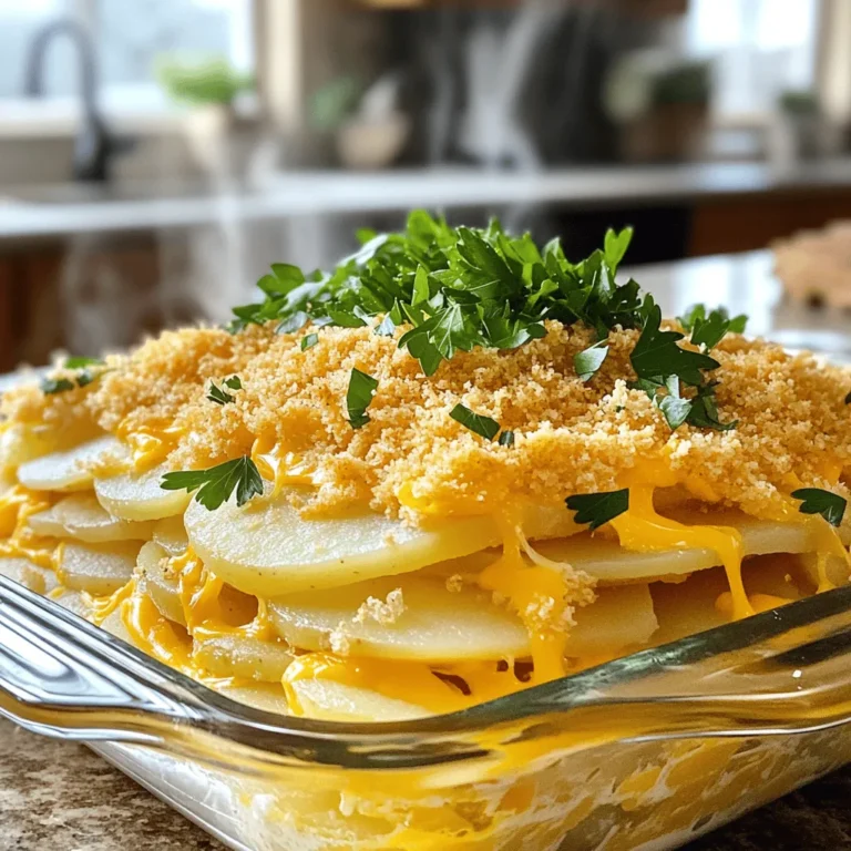 - 4 large russet potatoes, peeled and thinly sliced - 2 cups shredded sharp cheddar cheese - 1 cup sour cream - 1 cup milk - 1 small onion, finely diced - 2 cloves garlic, minced - 2 tablespoons butter - 1 teaspoon dried thyme - Salt and pepper to taste - 1 cup panko breadcrumbs - 2 tablespoons fresh parsley, chopped (for garnish) Each ingredient plays a vital role in making this dish tasty. The russet potatoes form the base. They provide a creamy texture when cooked. Sharp cheddar cheese adds a rich flavor. It gives that classic cheesy goodness we all love. Sour cream makes the casserole creamy and tangy. It balances the richness of the cheese. Milk helps to blend the ingredients smoothly. Onion and garlic add depth and aroma. The thyme brings a hint of earthiness. Panko breadcrumbs create a crispy top layer, making every bite delightful. Fresh parsley adds a pop of color and freshness. You can change some ingredients if you need to. For a lighter option, use Greek yogurt instead of sour cream. If you like a different cheese, try mozzarella or gouda. You can swap russet potatoes for Yukon Gold for a creamier texture. Instead of panko, use crushed crackers or regular breadcrumbs. If you want a vegan option, use plant-based cheese and sour cream. These changes still keep the flavor great while fitting your needs. Start by preheating your oven to 375°F (190°C). This step sets the stage for a perfect bake. Next, peel and thinly slice 4 large russet potatoes. Aim for even slices to ensure they cook well. Dice 1 small onion finely and mince 2 cloves of garlic. These add great flavor. In a large skillet, melt 2 tablespoons of butter over medium heat. Add the diced onion and sauté for about 3-4 minutes. Wait until it's soft and clear. Then, add the minced garlic and cook for just 1 more minute. The aim is to release its rich aroma. In a mixing bowl, combine 1 cup of sour cream, 1 cup of milk, 1 teaspoon of dried thyme, salt, and pepper. Mix well. Then, stir in half of the 2 cups of shredded sharp cheddar cheese. Finally, add the sautéed onion and garlic mixture to this bowl. Grease a 9x13-inch baking dish to prevent sticking. Layer half of your sliced potatoes evenly on the bottom. Pour half of the cheese mixture over the potatoes and spread it gently. Repeat this process with the remaining potatoes and cheese mixture. Now, top the casserole with the rest of the shredded cheddar cheese. This gives that gooey, cheesy goodness. Sprinkle 1 cup of panko breadcrumbs evenly over the top for a nice crunch. Cover the dish with aluminum foil and bake in your preheated oven for 40 minutes. After 40 minutes, carefully remove the foil. Bake for an extra 15-20 minutes. You want the top to be golden brown, and the potatoes should be tender. Check by piercing with a fork. Once baked, take the casserole out of the oven and let it cool for 5-10 minutes. This helps the flavors settle. For a nice touch, garnish with chopped fresh parsley before serving. To check if your casserole is done, insert a fork into the potatoes. If it goes in easily, your dish is ready. The top should be golden brown. If it’s not brown enough, you can leave it in the oven for a few more minutes without the foil. Remember, it’s important to let your casserole cool a bit before digging in. This makes serving easier. If you're curious about the full recipe, you can find it [here]. To make the best cheesy potato casserole, layer the potatoes evenly. This helps them cook well. Use a mix of textures by adding creamy cheese and crunchy breadcrumbs. Bake it covered first to keep moisture in, then uncover for a crispy top. You want that golden brown look! For an extra kick, sprinkle some paprika on top before baking. One common mistake is slicing potatoes too thick. Thin slices cook evenly and get tender. Another error is skipping the sauté step for onions and garlic. This adds great flavor! Don't forget to season each layer well. Lastly, avoid overbaking; check for doneness with a fork to see if the potatoes are soft. You can prepare this dish a day ahead. Layer everything in your baking dish, then cover it with foil. Store it in the fridge overnight. When you’re ready to bake, just add a few extra minutes to the cooking time. This allows the flavors to meld together nicely. For a quick meal, consider freezing it. Just remember to thaw it overnight before baking. Check the [Full Recipe] for all the details! {{image_2}} You can make a loaded cheesy potato casserole for extra flavor. Start by adding cooked bacon bits or crumbled sausage. These meats give a nice crunch and a savory taste. You can also mix in some green onions for a fresh bite. If you love spice, add jalapeños or your favorite hot sauce. These add a bit of heat and fun. The more toppings you add, the more flavors you can explore! If you want a vegetarian version, skip the meat but keep the cheese. You can use extra veggies like broccoli or bell peppers. For a vegan option, replace cheese with a dairy-free version. Use cashew cream as a substitute for sour cream and almond milk instead of regular milk. You can still enjoy all the creamy goodness without animal products. This way, everyone can enjoy the dish! Cheese is key to making this casserole rich and creamy. While cheddar is a classic choice, you can try others for a twist. Monterey Jack adds a mild flavor and melts well. Gouda gives a smoky touch that many love. For a sharp bite, consider using blue cheese or feta. Mixing cheeses can create a unique flavor profile. Just remember to balance it so one cheese does not overpower the others. For the complete recipe, check out the Full Recipe section. To store your leftover casserole, let it cool first. Cover it tightly with plastic wrap or foil. You can also use an airtight container. Proper storage keeps it fresh for up to four days in the fridge. Ensure it cools completely before sealing. When you're ready to enjoy your cheesy potato casserole again, preheat your oven to 350°F (175°C). Place the casserole in a baking dish if it's not in one. Cover it with foil to keep moisture in. Heat for about 20-30 minutes or until it's hot throughout. You can also reheat in the microwave. Use a microwave-safe dish and heat in one-minute intervals, stirring in between. If you want to freeze your casserole, let it cool completely first. Use a freezer-safe container or wrap it tightly in plastic wrap and foil. Label it with the date. It can last up to three months in the freezer. When you're ready to eat, thaw it in the fridge overnight before reheating. Enjoy your meal any time you crave it! For the full recipe, check the recipe section above. Cheesy potato casserole lasts about 3 to 5 days in the fridge. Store it in an airtight container. Make sure it cools down to room temperature before sealing. This keeps it fresh and tasty for later meals. Yes, you can make cheesy potato casserole in advance. Prepare it a day or two before serving. Just follow the steps in the Full Recipe. Store it in the fridge before baking. You can also freeze it for up to three months. Just thaw it overnight in the fridge before baking. Cheesy potato casserole pairs well with many dishes. Try serving it with a simple green salad for freshness. Grilled chicken or roasted vegetables are great choices too. You can also serve it alongside baked ham or meatloaf for a hearty meal. This post covered how to make a delicious cheesy potato casserole. You learned about key ingredients and steps in detail. I shared tips to perfect your dish and avoid common mistakes. You also discovered fun variations and storage tips. Enjoy making this recipe for your next meal. It’s easy to adapt and share with friends and family. Have fun experimenting with your own touches! Happy cooking!