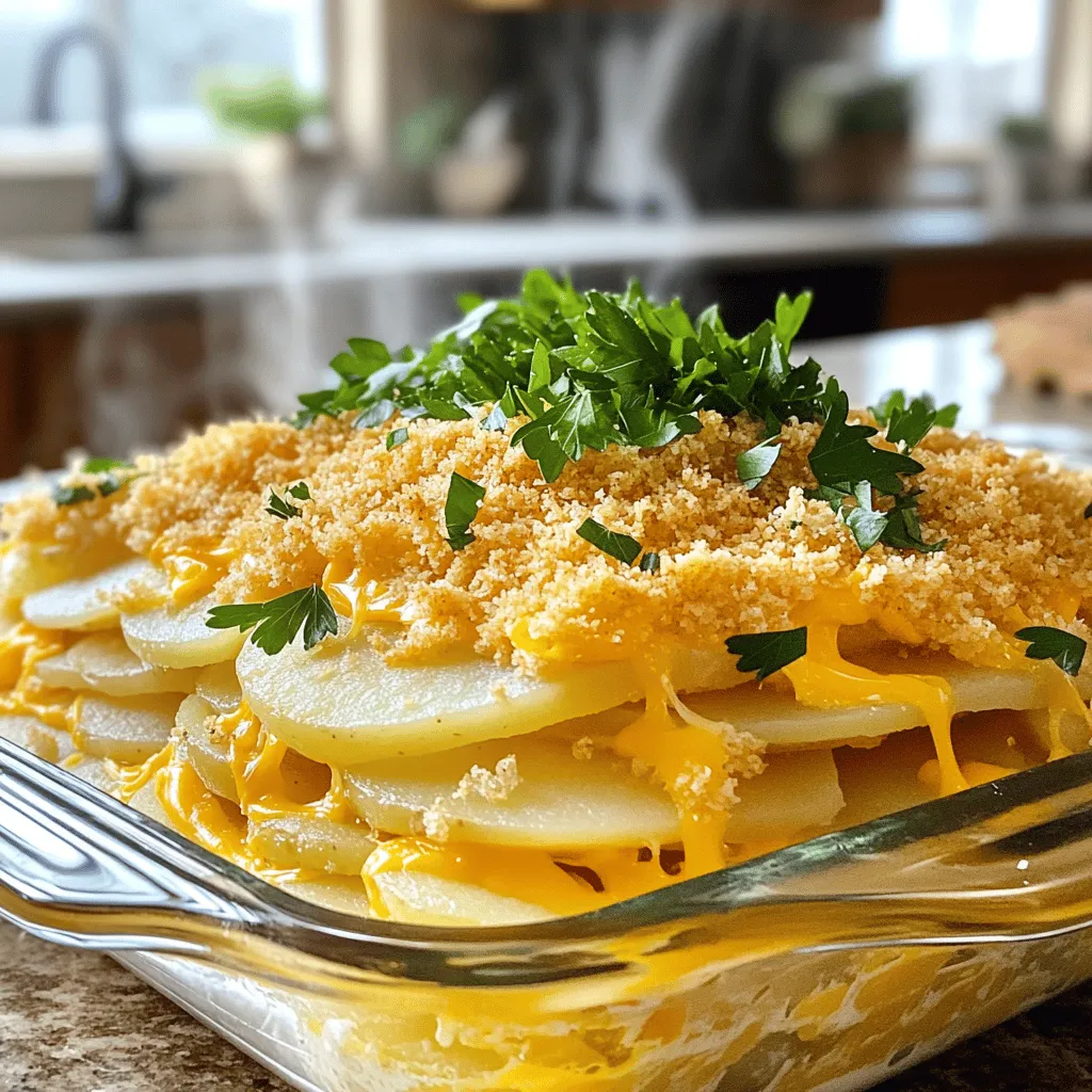 - 4 large russet potatoes, peeled and thinly sliced - 2 cups shredded sharp cheddar cheese - 1 cup sour cream - 1 cup milk - 1 small onion, finely diced - 2 cloves garlic, minced - 2 tablespoons butter - 1 teaspoon dried thyme - Salt and pepper to taste - 1 cup panko breadcrumbs - 2 tablespoons fresh parsley, chopped (for garnish) Each ingredient plays a vital role in making this dish tasty. The russet potatoes form the base. They provide a creamy texture when cooked. Sharp cheddar cheese adds a rich flavor. It gives that classic cheesy goodness we all love. Sour cream makes the casserole creamy and tangy. It balances the richness of the cheese. Milk helps to blend the ingredients smoothly. Onion and garlic add depth and aroma. The thyme brings a hint of earthiness. Panko breadcrumbs create a crispy top layer, making every bite delightful. Fresh parsley adds a pop of color and freshness. You can change some ingredients if you need to. For a lighter option, use Greek yogurt instead of sour cream. If you like a different cheese, try mozzarella or gouda. You can swap russet potatoes for Yukon Gold for a creamier texture. Instead of panko, use crushed crackers or regular breadcrumbs. If you want a vegan option, use plant-based cheese and sour cream. These changes still keep the flavor great while fitting your needs. Start by preheating your oven to 375°F (190°C). This step sets the stage for a perfect bake. Next, peel and thinly slice 4 large russet potatoes. Aim for even slices to ensure they cook well. Dice 1 small onion finely and mince 2 cloves of garlic. These add great flavor. In a large skillet, melt 2 tablespoons of butter over medium heat. Add the diced onion and sauté for about 3-4 minutes. Wait until it's soft and clear. Then, add the minced garlic and cook for just 1 more minute. The aim is to release its rich aroma. In a mixing bowl, combine 1 cup of sour cream, 1 cup of milk, 1 teaspoon of dried thyme, salt, and pepper. Mix well. Then, stir in half of the 2 cups of shredded sharp cheddar cheese. Finally, add the sautéed onion and garlic mixture to this bowl. Grease a 9x13-inch baking dish to prevent sticking. Layer half of your sliced potatoes evenly on the bottom. Pour half of the cheese mixture over the potatoes and spread it gently. Repeat this process with the remaining potatoes and cheese mixture. Now, top the casserole with the rest of the shredded cheddar cheese. This gives that gooey, cheesy goodness. Sprinkle 1 cup of panko breadcrumbs evenly over the top for a nice crunch. Cover the dish with aluminum foil and bake in your preheated oven for 40 minutes. After 40 minutes, carefully remove the foil. Bake for an extra 15-20 minutes. You want the top to be golden brown, and the potatoes should be tender. Check by piercing with a fork. Once baked, take the casserole out of the oven and let it cool for 5-10 minutes. This helps the flavors settle. For a nice touch, garnish with chopped fresh parsley before serving. To check if your casserole is done, insert a fork into the potatoes. If it goes in easily, your dish is ready. The top should be golden brown. If it’s not brown enough, you can leave it in the oven for a few more minutes without the foil. Remember, it’s important to let your casserole cool a bit before digging in. This makes serving easier. If you're curious about the full recipe, you can find it [here]. To make the best cheesy potato casserole, layer the potatoes evenly. This helps them cook well. Use a mix of textures by adding creamy cheese and crunchy breadcrumbs. Bake it covered first to keep moisture in, then uncover for a crispy top. You want that golden brown look! For an extra kick, sprinkle some paprika on top before baking. One common mistake is slicing potatoes too thick. Thin slices cook evenly and get tender. Another error is skipping the sauté step for onions and garlic. This adds great flavor! Don't forget to season each layer well. Lastly, avoid overbaking; check for doneness with a fork to see if the potatoes are soft. You can prepare this dish a day ahead. Layer everything in your baking dish, then cover it with foil. Store it in the fridge overnight. When you’re ready to bake, just add a few extra minutes to the cooking time. This allows the flavors to meld together nicely. For a quick meal, consider freezing it. Just remember to thaw it overnight before baking. Check the [Full Recipe] for all the details! {{image_2}} You can make a loaded cheesy potato casserole for extra flavor. Start by adding cooked bacon bits or crumbled sausage. These meats give a nice crunch and a savory taste. You can also mix in some green onions for a fresh bite. If you love spice, add jalapeños or your favorite hot sauce. These add a bit of heat and fun. The more toppings you add, the more flavors you can explore! If you want a vegetarian version, skip the meat but keep the cheese. You can use extra veggies like broccoli or bell peppers. For a vegan option, replace cheese with a dairy-free version. Use cashew cream as a substitute for sour cream and almond milk instead of regular milk. You can still enjoy all the creamy goodness without animal products. This way, everyone can enjoy the dish! Cheese is key to making this casserole rich and creamy. While cheddar is a classic choice, you can try others for a twist. Monterey Jack adds a mild flavor and melts well. Gouda gives a smoky touch that many love. For a sharp bite, consider using blue cheese or feta. Mixing cheeses can create a unique flavor profile. Just remember to balance it so one cheese does not overpower the others. For the complete recipe, check out the Full Recipe section. To store your leftover casserole, let it cool first. Cover it tightly with plastic wrap or foil. You can also use an airtight container. Proper storage keeps it fresh for up to four days in the fridge. Ensure it cools completely before sealing. When you're ready to enjoy your cheesy potato casserole again, preheat your oven to 350°F (175°C). Place the casserole in a baking dish if it's not in one. Cover it with foil to keep moisture in. Heat for about 20-30 minutes or until it's hot throughout. You can also reheat in the microwave. Use a microwave-safe dish and heat in one-minute intervals, stirring in between. If you want to freeze your casserole, let it cool completely first. Use a freezer-safe container or wrap it tightly in plastic wrap and foil. Label it with the date. It can last up to three months in the freezer. When you're ready to eat, thaw it in the fridge overnight before reheating. Enjoy your meal any time you crave it! For the full recipe, check the recipe section above. Cheesy potato casserole lasts about 3 to 5 days in the fridge. Store it in an airtight container. Make sure it cools down to room temperature before sealing. This keeps it fresh and tasty for later meals. Yes, you can make cheesy potato casserole in advance. Prepare it a day or two before serving. Just follow the steps in the Full Recipe. Store it in the fridge before baking. You can also freeze it for up to three months. Just thaw it overnight in the fridge before baking. Cheesy potato casserole pairs well with many dishes. Try serving it with a simple green salad for freshness. Grilled chicken or roasted vegetables are great choices too. You can also serve it alongside baked ham or meatloaf for a hearty meal. This post covered how to make a delicious cheesy potato casserole. You learned about key ingredients and steps in detail. I shared tips to perfect your dish and avoid common mistakes. You also discovered fun variations and storage tips. Enjoy making this recipe for your next meal. It’s easy to adapt and share with friends and family. Have fun experimenting with your own touches! Happy cooking!