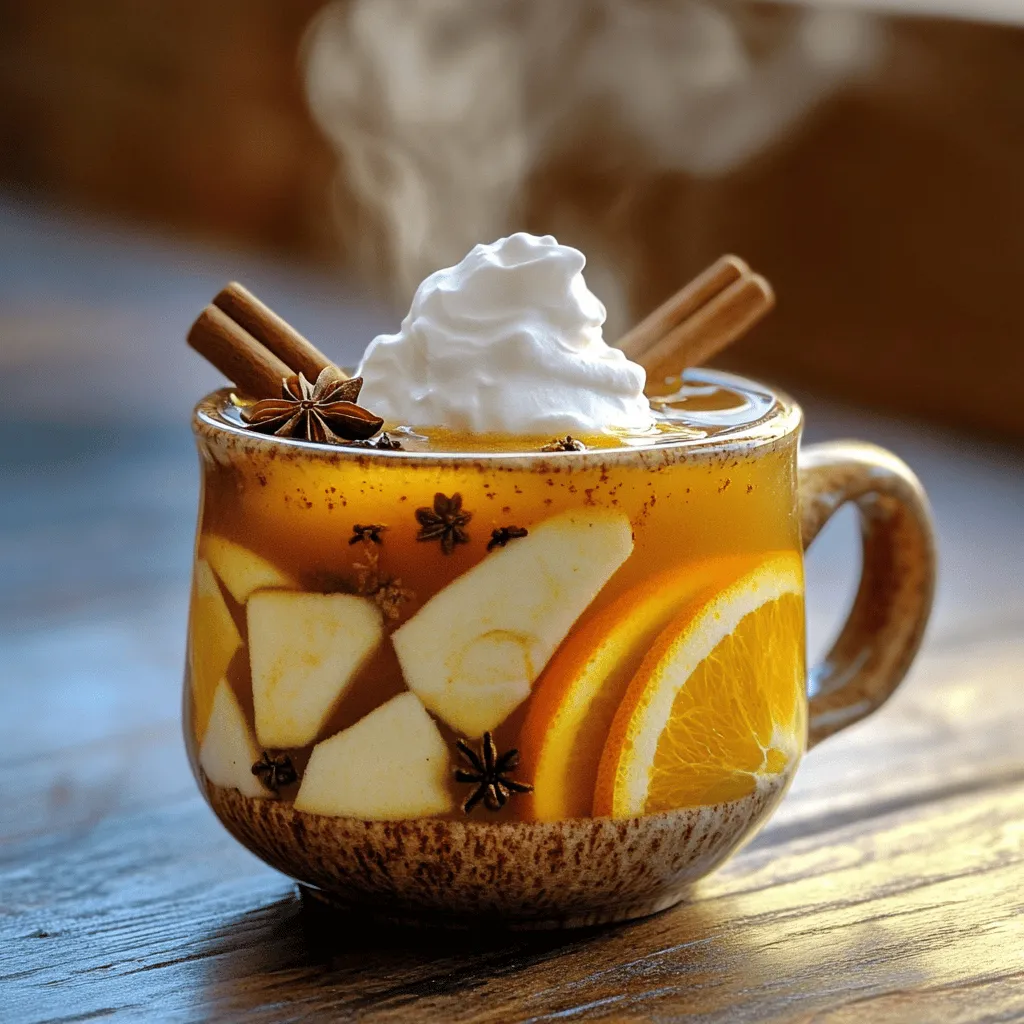To make a delightful spiced apple cider, you need fresh and simple ingredients. Here’s what you’ll need: - 8 cups apple cider - 1 orange, thinly sliced - 2 cinnamon sticks - 4 whole cloves - 4 whole allspice berries - 1 star anise - 1 tablespoon fresh ginger, thinly sliced - 1/4 cup brown sugar (adjust to taste) - Optional: whipped cream for serving Each ingredient plays a key role in creating rich flavors. The apple cider is the base, providing sweetness and warmth. The orange adds a bright, zesty note. Cinnamon, cloves, allspice, and star anise contribute aromatic depth. Fresh ginger gives the drink a little kick, while brown sugar balances the spices. If you want a creamy touch, add whipped cream on top when serving. For the full recipe, check the instructions section. Enjoy crafting this cozy drink that warms your soul! To start, gather all your ingredients and tools. You will need: - 8 cups apple cider - 1 orange, thinly sliced - 2 cinnamon sticks - 4 whole cloves - 4 whole allspice berries - 1 star anise - 1 tablespoon fresh ginger, thinly sliced - 1/4 cup brown sugar (adjust to taste) - Optional: whipped cream for serving Next, prepare your pot and measuring tools. A large pot works best for this recipe. Pour the apple cider into the pot. Heat it on medium until it simmers gently. This step is key to releasing the fruit's flavors. Now, add the orange slices, cinnamon sticks, cloves, allspice berries, star anise, and fresh ginger to the pot. Each spice adds depth to the cider. Stir in the brown sugar, making sure it mixes well. Reduce the heat to low. Let the cider simmer for 20-30 minutes. This time allows the spices to infuse. The longer it simmers, the richer the flavor becomes. Once the cider is ready, strain it through a fine mesh sieve. This will remove the spices and orange slices if you prefer. Serve the warm spiced apple cider in mugs. For a special touch, add a dollop of whipped cream on top. This makes the drink feel extra cozy and festive. Enjoy your delicious creation! To make spiced apple cider taste its best, use fresh, organic ingredients. Fresh apples and spices give strong flavors. If you want to adjust the sweetness, add brown sugar bit by bit. Taste as you go. This way, you can find the perfect balance that suits you. You can add more spices to boost the aroma. Consider using nutmeg, cardamom, or even a splash of vanilla. Each spice adds a unique twist. Simmering the cider is key for flavor. Let it cook slowly to allow all the spices to blend well. The longer you simmer, the richer the taste. For a fancy touch, garnish with whipped cream on top. Sprinkle some cinnamon or nutmeg for extra flair. Serve your warm spiced apple cider in clear glass mugs. They show off the beautiful colors and warmth of the drink. Enjoy the cozy vibes with each sip. For the full recipe, check the details above. {{image_2}} You can easily make spiced apple cider kid-friendly. Just leave out any alcohol. The warm spices still make it special. Use apple juice instead of cider for a sweeter taste. Some kids enjoy a splash of cranberry juice for extra flavor. For sweetness, you can swap brown sugar with maple syrup or honey. Both will give a nice touch. For those who want something stronger, try adding spirits. A splash of rum or bourbon adds warmth. You can also use brandy for a rich flavor. Mix it in after you heat the cider. This way, the alcohol warms up without boiling off. Pair these drinks with snacks like spiced nuts or cheese. They complement the cider well. Change up the spices for fall or winter. Add nutmeg or cardamom for a cozy twist. You might even toss in some pumpkin spice for a festive feel. During the holidays, think about adding dried fruit. Dried cranberries or raisins can enhance the taste. These little changes make each season special. To keep leftover spiced apple cider fresh, store it in the fridge. Use an airtight container. This helps avoid any unwanted flavors. If you have a lot left, consider freezing the cider. Use freezer-safe bags or containers. This way, you can enjoy it later without losing taste. When you are ready to enjoy your cider again, reheating is easy. Pour the cider into a pot and warm it on low heat. Stir often to prevent burning. You can also use a microwave. Heat it in short bursts, stirring in between. This keeps the flavors intact. Don't let it boil, as that can change the taste. Refrigerated spiced apple cider lasts about a week. If frozen, it can stay good for up to three months. Always check for signs of spoilage. If it smells off or looks cloudy, it’s time to toss it. Fresh cider should smell sweet and spicy, just like when you made it. What is spiced apple cider? Spiced apple cider is a warm drink made from fresh apple cider and spices. It has a sweet and spicy flavor. You can enjoy it during fall or winter for a cozy feel. The spices typically include cinnamon, cloves, and ginger. This drink warms you up and fills your home with a lovely aroma. Can I make spiced apple cider in a slow cooker? Yes, you can make spiced apple cider in a slow cooker. Just add all your ingredients to the pot. Set the slow cooker to low for about 4 hours. This method allows the flavors to blend well over time. It’s a great choice for parties or gatherings. You can keep your cider warm and ready to serve. What are the health benefits of spiced apple cider? Spiced apple cider can offer several health benefits. Apples are rich in vitamins and antioxidants. The spices, like cinnamon and ginger, have anti-inflammatory properties. They may help with digestion and boost your immune system. Drinking this cider can be a tasty way to enjoy these benefits. Is spiced apple cider safe for children? Yes, spiced apple cider is safe for children. It does not contain any alcohol, making it a great drink for all ages. Just watch the sugar content, especially if you are adding extra sweeteners. Kids can enjoy this warm drink, especially during cold months. Recommendations for purchasing high-quality spiced apple cider. When looking for pre-made spiced apple cider, check local farms or markets. Often, they sell fresh options made from local apples. Look for organic brands that use real spices without artificial flavors. Brands known for great flavors and quality ingredients. Some popular brands include Martinelli's and TreeTop. These brands are known for their quality and rich flavors. Always read the label to ensure you get real ingredients. This article covered how to make delicious spiced apple cider at home. We looked at ingredients, cooking steps, and tips for flavor. You can even personalize your cider with alcohol or sweeteners. Don’t forget storage tips to keep it fresh. Making spiced apple cider is simple and fun. You can enjoy it any time of year. Gather your supplies, get cooking, and savor every sip.