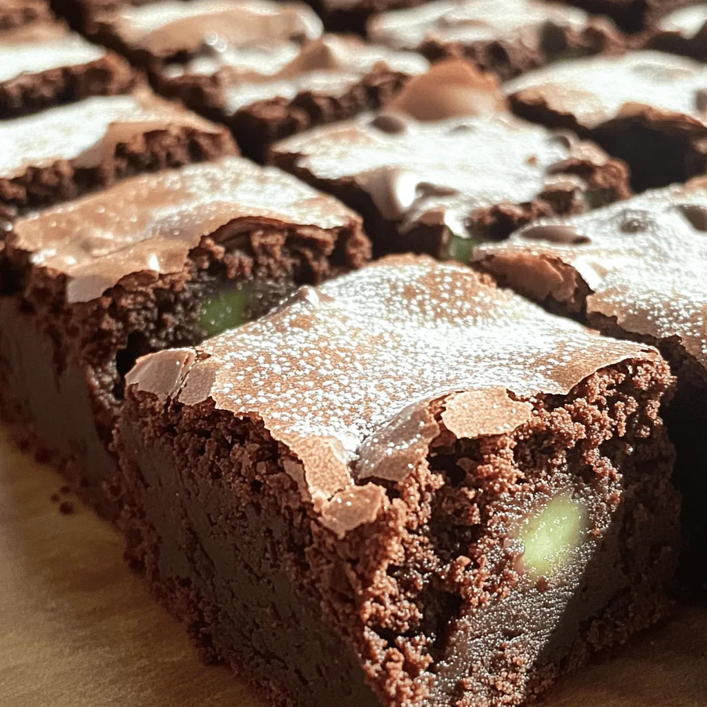 To make these tasty brownies, you need the following items: - 1 cup unsalted butter (2 sticks) - 2 cups granulated sugar - 4 large eggs - 1 teaspoon vanilla extract - 1 cup all-purpose flour - 1 cup unsweetened cocoa powder - 1 teaspoon baking powder - 1 teaspoon salt - 1 cup semi-sweet chocolate chips - 1/4 cup fresh mint leaves, finely chopped - 1/2 teaspoon peppermint extract These ingredients create a rich, chocolatey base with a fresh mint flavor that stands out. You can switch things up with these optional ingredients: - Powdered sugar for dusting - Crushed nuts like walnuts or pecans - Swirls of cream cheese or peanut butter These extras can add fun textures or flavors to your brownies. You will need some simple tools to make this recipe: - 9x13 inch baking pan - Medium saucepan - Mixing bowls - Whisk - Spatula - Toothpick for testing Having these tools ready will help you enjoy the process of making these brownies. Check out the Full Recipe for more details. First, gather all your ingredients. You need butter, sugar, eggs, and more. Next, preheat the oven to 350°F (175°C). Grease a 9x13 inch pan or line it with parchment paper. This helps the brownies come out easily after baking. In a medium saucepan, melt the butter over low heat. This takes only a few minutes. Once melted, mix in the granulated sugar. Stir until it blends well. After that, let the mixture cool down a bit. Then, add the eggs one at a time. Mix in the vanilla extract and peppermint extract. This adds that special minty flavor. In another bowl, whisk together the flour, cocoa powder, baking powder, and salt. This ensures even mixing. Slowly add the dry mix to the wet ingredients. Stir gently until just combined. Be careful not to overmix, or your brownies may turn out tough. Now it's time to fold in the chocolate chips and mint leaves. This gives your brownies a burst of flavor. Pour the batter into the prepared pan, spreading it evenly. Place it in the oven and bake for 25-30 minutes. Use a toothpick to check if they are done. The toothpick should come out with a few moist crumbs, not wet batter. Once they finish baking, take them out of the oven. Let the brownies cool in the pan for about 10 minutes. This helps them set up properly. After that, transfer them to a wire rack to cool completely. Once cool, cut them into squares. If you want to impress, dust them with powdered sugar. This adds a nice touch and looks great. For the full recipe, check below! To make the best chocolate mint brownies, you must use quality ingredients. Start with fresh eggs and good cocoa powder. For a fudgy texture, don’t overmix your batter. Mix just until combined. Keep an eye on your baking time. Every oven is different, so check the brownies a few minutes early. A toothpick should come out with a few moist crumbs. One common mistake is opening the oven door too soon. This can cause your brownies to sink. Another mistake is using cold ingredients. Always bring your butter and eggs to room temperature. Avoid adding too much flour; this can make your brownies dry. Finally, don’t skip the cooling step. Letting them cool helps the flavors develop. Mint can take your brownies to the next level. Use fresh mint leaves for a bright taste. Just chop them finely and mix them into your batter. You can also add peppermint extract for a stronger flavor. Start with a small amount; you can always add more. For a fun twist, try adding mint chocolate chips instead of regular ones. This gives you bursts of mint in every bite! For the full recipe, check out the earlier section. {{image_2}} To make gluten-free chocolate mint brownies, swap all-purpose flour for a gluten-free blend. Look for a blend that includes rice flour and tapioca. This keeps the texture soft and moist. You can follow the full recipe for guidance. Just ensure that all your other ingredients are also gluten-free. Add the same amount of mint for that fresh taste. For vegan chocolate mint brownies, replace the eggs with flax eggs. Mix 1 tablespoon of ground flaxseed with 2.5 tablespoons of water for each egg. Let it sit until it thickens. Use coconut oil instead of butter. It gives a nice flavor and keeps the brownies rich. You can also use maple syrup in place of granulated sugar for a delicious twist. If you want to mix it up, try using orange zest instead of mint. The citrus gives a bright taste. You can also use sea salt for a sweet and salty combo. Another idea is to add espresso powder for a mocha flavor. This enhances the chocolate and adds depth. Each combination offers a unique twist on the classic brownie. Enjoy experimenting with these flavors! To keep your chocolate mint brownies fresh, place them in an airtight container. This helps lock in moisture and keeps them soft. You can store them at room temperature for up to three days. If you want them to last longer, consider refrigerating them. Just remember, cold brownies might be a bit firmer. If you have extra brownies, freezing is a great option. Wrap each brownie in plastic wrap, then place them in a freezer bag. This prevents freezer burn and keeps them tasty. You can freeze them for up to three months. When you're ready to enjoy them, just take them out and let them thaw at room temperature. To refresh your brownies, you can warm them up slightly. Place a brownie on a microwave-safe plate and heat it for about 10-15 seconds. This will make the chocolate chips melt a bit, creating a gooey texture. You can also enjoy them cold or at room temperature for a different experience. For an extra treat, top them with ice cream or whipped cream! If you want the full recipe, check out the Minty Choco Delight Brownies recipe above. These brownies taste minty due to fresh mint leaves and peppermint extract. The fresh mint gives a bright, natural flavor. The peppermint extract enhances the mint taste, making it rich and bold. Both ingredients work together, creating a delightful chocolate-mint balance that is hard to resist. Yes, you can use different types of chocolate! Milk chocolate will give a sweeter taste. Dark chocolate adds a rich depth. You can also try white chocolate for a fun twist. Just make sure to adjust sugar levels as needed, depending on the chocolate’s sweetness. You can find chocolate mint brownies at many bakeries. Local cafes often serve them as well. If you want homemade ones, check online for delivery options. You can also purchase them at specialty dessert shops. If you prefer, try making your own with the Full Recipe. In this post, we covered how to make chocolate mint brownies, from the right ingredients to helpful cooking tools. You learned how to prepare, bake, and serve perfect brownies. We also shared tips to avoid common mistakes and ways to enhance flavor. For those looking for options, gluten-free and vegan variations were discussed. Lastly, you now know how to store and reheat leftovers effectively. Enjoy baking these treats and impressing your friends with your skills!