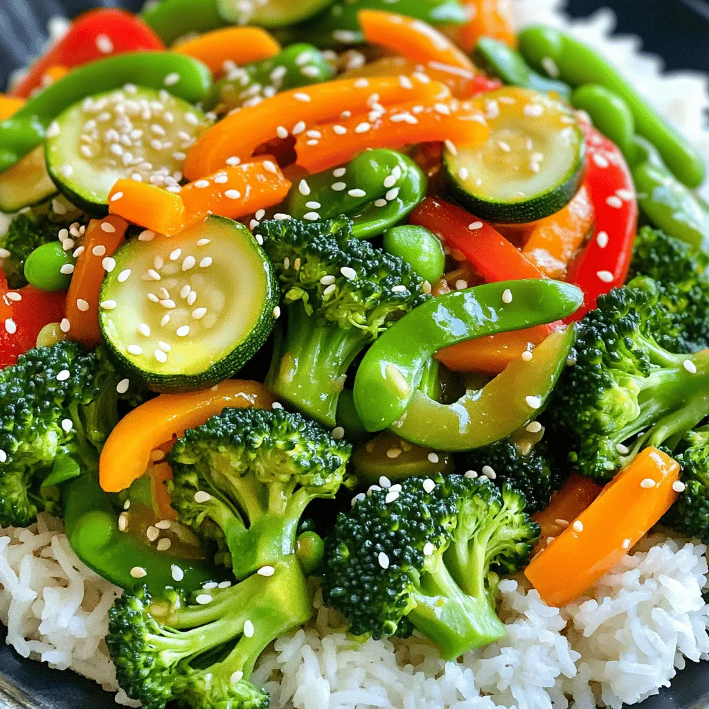To make a tasty veggie stir fry, gather these fresh and colorful ingredients: - Fresh vegetables for stir-fry: - 1 cup broccoli florets - 1 bell pepper (any color), sliced - 1 carrot, julienned - 1 zucchini, sliced - 1 cup snap peas, trimmed - Flavoring agents: - 3 tablespoons soy sauce (low sodium) - 1 tablespoon sesame oil - 1 tablespoon fresh ginger, minced - 2 cloves garlic, minced - Cooking essentials: - 2 tablespoons vegetable oil - 1 teaspoon cornstarch mixed with 2 tablespoons water (optional for thickening) - Garnish and serving options: - Sesame seeds for garnish - Cooked rice or noodles for serving These ingredients come together to create a quick and flavorful meal. You can mix and match your favorite veggies too! For the full recipe, check out the Easy Veggie Stir Fry. Start by washing all your vegetables under cold water. This step removes dirt and bacteria. Next, chop the veggies uniformly. Cut them into similar sizes. This helps them cook evenly. For example, slice the bell pepper and julienne the carrot. Uniform cuts ensure that everything gets tender at the same time. Heat a large skillet or wok over medium-high heat. Add vegetable oil and let it shimmer. This means the oil is hot enough. Now, add minced garlic and ginger to the pan. Sauté for about 30 seconds. You want to smell the aroma, but be careful not to burn them. Next, toss in the sliced bell pepper, broccoli, and carrot. Stir-fry these veggies for 3-4 minutes. They should start to soften but still be crisp. Then, add the zucchini and snap peas. Keep stir-frying for another 2-3 minutes. The goal is for all the veggies to be tender yet still vibrant. Now it’s time to add flavor. Pour in the soy sauce and sesame oil. Stir well to coat every piece of vegetable. If you want a thicker sauce, use the cornstarch mixed with water. Add it now and allow it to cook for an extra minute. This will give your stir-fry a nice glaze. Before serving, check the texture and flavor. Everything should be fresh and colorful. Enjoy this easy veggie stir fry with cooked rice or noodles. For the full recipe, check the link provided. For a great stir-fry, heat your pan to medium-high. This helps veggies cook fast while keeping them crisp. Cook for about 5 to 7 minutes total. You want to hear that sizzle! To avoid overcooking, add your harder veggies first. Start with broccoli, bell pepper, and carrot, then add softer ones like zucchini and snap peas later. This way, all veggies stay bright and crunchy. When seasoning, balance is key. Use soy sauce for saltiness and sesame oil for richness. Taste as you go! If you want a lighter option, try coconut aminos instead of soy sauce. You can also swap sesame oil with olive oil for a different twist. Serve your stir-fry over cooked rice or noodles for a filling meal. You can also mix in quinoa for extra protein. For garnishing, sprinkle sesame seeds on top. Fresh herbs like cilantro or green onions can add a nice touch too! Enjoy your vibrant dish and explore different flavors with each bite. {{image_2}} You can boost your veggie stir-fry by adding protein. Tofu is a great choice. It absorbs flavors well and adds a nice texture. Firm or extra-firm tofu works best. Simply press it to remove excess water, then cut it into cubes. Tempeh is another option. It has a nutty flavor and is packed with protein. Slice it thinly and sauté it with your veggies. Chickpeas also add protein and a nice bite. Use canned or cooked chickpeas, and add them in during the last few minutes of cooking. Stir-fries are fun because you can use many vegetables. Seasonal veggies add freshness. In spring, try asparagus or snap peas. In summer, bell peppers and zucchini shine. Fall brings squash and carrots. Winter is great for broccoli and bok choy. Don't be afraid to mix and match! You can make your stir-fry healthier with simple swaps. For sauces, use low-sodium soy sauce to cut down on salt. You can also try coconut aminos for a sweet, mild flavor. If you want gluten-free options, look for tamari. For oil, consider using less sesame oil. You can also use vegetable broth instead of oil for sautéing. These changes keep your dish tasty while being good for you. You can store your veggie stir-fry in the fridge for up to three days. Make sure to place it in an airtight container to keep it fresh. If you notice any moisture, use a paper towel to absorb it before sealing. This keeps the veggies crisp and tasty. To freeze your stir-fry, use freezer-safe bags or containers. First, let the stir-fry cool completely. Then, portion it out into bags. Remove as much air as possible before sealing. You can freeze it for up to three months. This is a great way to enjoy a quick meal later. When reheating, I recommend using a skillet over medium heat. Add a splash of water or vegetable broth to keep it moist. Stir often until it’s heated through. You can also microwave it, but cover it with a damp paper towel. This helps keep the texture nice and avoids drying it out. If you don’t have soy sauce, you can use a few alternatives. Consider using tamari, which is gluten-free. Coconut aminos is another great choice. It has a slightly sweeter taste. You could also try mixing balsamic vinegar with water and a pinch of salt. This mix adds depth and flavor to your dish. Yes, you can make the stir-fry ahead of time! Prep your veggies in advance. Chop and store them in the fridge. You can also mix the sauce and keep it ready. When you're ready to cook, just heat the pan and stir-fry the veggies. This way, you save time and still enjoy a fresh meal. To spice up your stir-fry, add chili flakes or fresh chopped chili. You can also use sriracha or chili paste. If you like it really hot, try adding a dash of hot sauce right at the end. Always add heat gradually, so you can find your perfect spice level. For the complete Easy Veggie Stir Fry recipe, check out the [Full Recipe]. Stir-frying is a simple way to enjoy fresh veggies and bold flavors. We covered essential ingredients, cooking steps, and helpful tips to perfect your dish. You can adjust the recipe to fit your taste and health needs. Remember, stir-frying is fast, fun, and opens up many options. You can add protein, try different veggies, or even make it spicy. Keep your leftovers in the fridge or freeze them for later. Dive into the easy veggie stir-fry recipe anytime for a delicious meal. Enjoy your cooking journey!