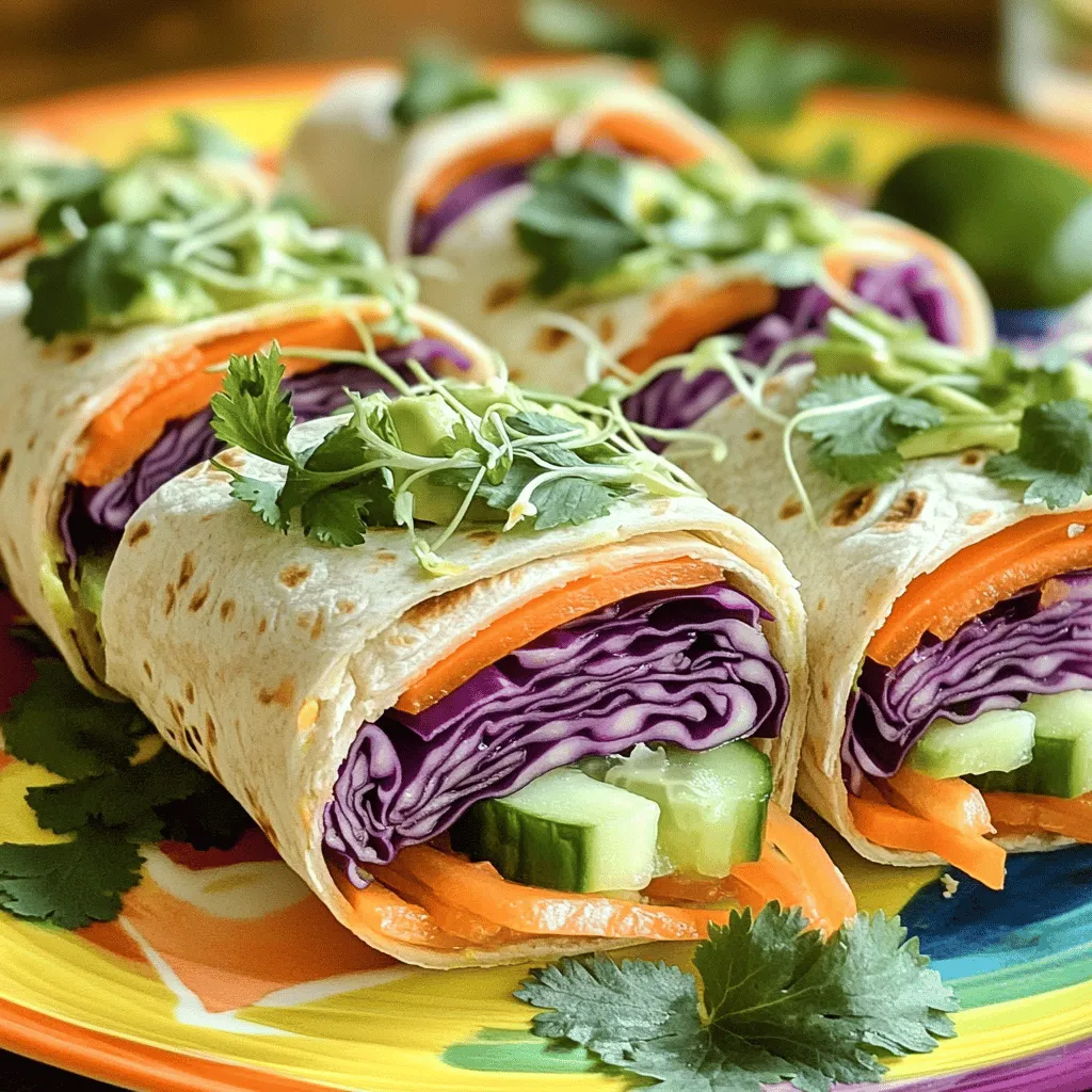To make Rainbow Veggie Wraps, gather these fresh ingredients: - 4 large whole grain tortillas - 1 cup hummus (any flavor) - 1 cup shredded purple cabbage - 1 large carrot, julienned - 1 cup cucumber, thinly sliced - 1 bell pepper (any color), sliced into strips - 1 avocado, sliced - 1 cup alfalfa sprouts - Fresh cilantro or parsley for garnish - Salt and pepper to taste - Optional: squeeze of lime juice Rainbow Veggie Wraps are not only colorful but also healthy. Each wrap is filled with vitamins and fiber. The hummus adds protein and healthy fats. Here’s a breakdown per wrap: - Calories: 180 - Protein: 6g - Carbs: 30g - Fiber: 7g - Fat: 5g You can mix and match ingredients to fit your taste. Try these swaps: - Use spinach or lettuce instead of tortillas for a low-carb option. - Swap hummus for a bean spread or guacamole for a different flavor. - Use any seasonal veggies like zucchini or radishes for crunch. - Add grilled chicken or tofu for extra protein if desired. For the full recipe, check the earlier section. Enjoy making these vibrant wraps! First, wash all your veggies well. Clean vegetables are key for great taste. Peel and julienne the carrot into thin matchsticks. Slice the cucumber and bell pepper into strips. Shred the purple cabbage into fine pieces. Finally, slice the avocado carefully. Each veggie adds color and crunch to your wrap. Take a large whole grain tortilla and lay it flat. Spread about ¼ cup of hummus evenly on the tortilla. Leave a little space at the edges. Next, layer the shredded cabbage, carrot, cucumber, bell pepper, and avocado. Add a handful of alfalfa sprouts on top. Sprinkle with salt and pepper. If you like, add a squeeze of lime juice for zing. To roll your wrap, fold the sides of the tortilla in first. Start at one end and roll it tightly. Make sure it's packed but not too full. This helps to keep it together. Once rolled, slice each wrap diagonally in half. This makes for a pretty presentation. You can find the Full Recipe in this article for more details on each step. To keep your Rainbow Veggie Wraps crisp, use fresh veggies. Choose vibrant colors for a fun look. Wash and dry your vegetables before cutting. Cut them just before you assemble the wraps. This helps keep them from getting soggy. Store your wraps in a cool place until you are ready to eat. If you plan to eat them later, wrap them tightly in plastic wrap. Serve your Rainbow Veggie Wraps on a bright plate. Cut them diagonally to show off the colors inside. Pair them with a small bowl of hummus for a tasty dip. You can also add a side of fresh fruit for a sweet touch. This makes your meal colorful and fun. If you have kids, they will love the bright colors and flavors. These wraps go well with many drinks. Try a refreshing lemonade or iced tea. You can also serve them with a light salad. A simple green salad with lemon vinaigrette works great. For a heartier option, serve with a small bowl of soup. Tomato or vegetable soup complements the wraps well. Enjoy exploring different flavors and combinations! {{image_2}} You can make these wraps vegan by using hummus as your base. Choose a gluten-free tortilla to keep it gluten-free. Many brands offer tasty gluten-free options made with brown rice or corn. Check labels to ensure they meet your dietary needs. If you want more protein, add chickpeas or black beans. These beans mix well with the veggies. You can also try slices of grilled tofu or tempeh for a hearty bite. Nuts and seeds, like sunflower seeds or sliced almonds, also work great for crunch. Feel free to switch up the hummus. Try a spicy red pepper spread for heat. A creamy avocado spread adds smoothness. You might enjoy a light vinaigrette or tahini sauce too. Each sauce brings a new flavor, so mix and match to find your favorite. Check the [Full Recipe] for more ideas and tips. To keep your rainbow veggie wraps fresh, wrap them tightly in plastic wrap or foil. Place them in an airtight container. Store them in the fridge. They will stay good for about 2 to 3 days. Make sure to keep any extra hummus in a separate container to avoid sogginess. These wraps taste best fresh. However, if you want to heat them up, unwrap them. Place the wraps on a skillet over low heat. Heat each side for about 2 minutes. This warms the wraps without making them too soft. You can also use a microwave. Heat on low for about 15 to 20 seconds, but be careful. Microwaving can make the wraps chewy. You can freeze these wraps for later use. Wrap each one in plastic wrap, then place them in a freezer bag. Make sure to remove as much air as possible. They can last in the freezer for up to 2 months. When you are ready to eat, thaw them in the fridge overnight. Enjoy a fresh taste by adding new veggies or hummus before serving. For the complete recipe, check out the Full Recipe section. Rainbow veggie wraps are colorful, fresh, and healthy meals. They use whole grain tortillas filled with veggies. You can add hummus for creaminess and flavor. The bright colors come from different vegetables like carrots, cucumbers, and bell peppers. These wraps are fun and easy to make. They are great for lunch or a light dinner. Plus, they look beautiful on a plate! Veggie wraps can last about 3 to 4 days in the fridge. Store them in an airtight container to keep them fresh. If you use very wet ingredients, like tomatoes, they might get soggy faster. To keep your wraps crispy, eat them sooner rather than later. Yes, you can make these wraps ahead of time! They are perfect for meal prep. Just follow the steps in the full recipe. Prepare and wrap them, then store them in the fridge. Just remember to keep the wraps sealed well. This will help them stay fresh. You can use many types of vegetables in wraps! Some great options include: - Spinach - Kale - Zucchini - Radishes - Bell peppers (any color) - Broccoli - Cherry tomatoes Feel free to get creative! Use your favorite veggies to make your wraps unique. In this article, we covered how to make delicious Rainbow Veggie Wraps, including ingredients, tips, and storage advice. You learned about ingredient substitutes and how to keep your wraps fresh. We also explored various options to cater to different diets. These wraps are versatile and easy to prepare. You can mix and match ingredients based on your tastes and needs. Enjoy experimenting with flavors and textures to create your perfect wrap. Now, grab your veggies and start rolling!