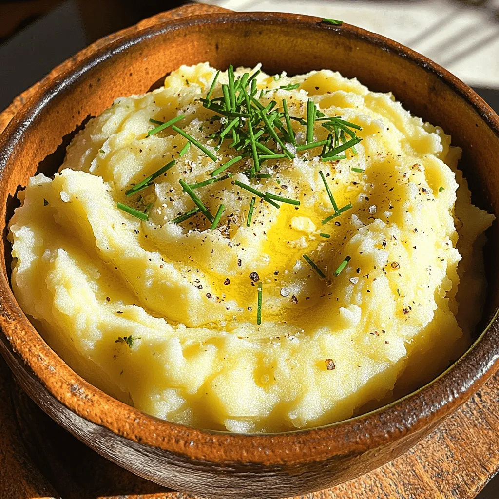 When making creamy garlic mashed potatoes, you need some simple ingredients. Each one adds great taste and texture. Here’s what you will need: - 2 pounds Yukon Gold potatoes, peeled and cubed - 4 cloves garlic, minced - ½ cup heavy cream - ¼ cup unsalted butter - ½ cup sour cream - Salt and pepper to taste - 2 tablespoons fresh chives, chopped (for garnish) - 1 teaspoon garlic powder (optional for extra flavor) These ingredients work together to create a dish that is both creamy and full of flavor. Yukon Gold potatoes are ideal. They have a buttery texture that makes your mash smooth. Garlic gives a nice kick, while the cream and sour cream add richness. The butter adds a silky finish. Using fresh chives for garnish gives your dish a pop of color and a fresh taste. If you want extra garlic flavor, add garlic powder. This recipe is easy to follow, and you can find the full recipe in the article. Enjoy cooking! Start by boiling a large pot of salted water. Use enough water to cover the potatoes. Add 2 pounds of cubed Yukon Gold potatoes. Cook the potatoes for 15 to 20 minutes. You want them fork-tender, meaning a fork goes in easily. Once done, drain the potatoes well in a colander. Return them to the pot. This keeps them warm while you prepare the garlic butter. In a small saucepan, melt ¼ cup of unsalted butter over medium heat. Once melted, add 4 minced garlic cloves. Sauté them for about 2 to 3 minutes. Watch carefully to avoid browning the garlic. You want the garlic fragrant, not burnt. This mixture adds a rich flavor to your mashed potatoes. Pour the garlic butter mixture over the drained potatoes. Next, add ½ cup of heavy cream and ½ cup of sour cream. Now it's time to mash! Use a potato masher for a smooth and creamy texture. If you like it chunkier, mash until you reach your desired consistency. Season with salt, pepper, and 1 teaspoon of garlic powder if desired. Mix everything well for a creamy finish. Taste and adjust the seasoning as needed. For a lovely touch, garnish with fresh chives. You can find the full recipe above. To get the best creamy texture, start with Yukon Gold potatoes. These potatoes have a smooth and buttery flavor. They mash well and create that perfect creamy consistency. Make sure to peel and cube them to help them cook evenly. Using warm ingredients is also important. When you add cold cream or butter to hot potatoes, it can make them gummy. Warm your butter and cream before mixing them in. This small step can make a big difference in the final dish. You can add more flavor with some simple seasonings. Try adding fresh herbs like rosemary or thyme. These herbs pair well with garlic and give a fresh taste. You might also add a pinch of nutmeg for a warm, earthy note. If you want stronger garlic flavor, consider using garlic powder. It can boost the garlic taste without adding more fresh garlic. Add it slowly until you reach your desired flavor. Taste your mashed potatoes often to find the right balance. For mashing, I recommend using a potato masher. It gives you better control over the texture. You can mash them smooth or leave some lumps if you prefer. If you want a super creamy result, you can use a stand mixer. It will whip the potatoes quickly and make them fluffy. Just be careful not to overmix, as this can make them gluey. A handheld mixer can also work, but it may not give the same creamy results. For the full recipe, check out the [Full Recipe]. {{image_2}} You can use different types of potatoes for your mashed potatoes. Yukon Gold gives a rich taste. Russet potatoes will make them fluffier. If you want a unique flavor, try sweet potatoes. They add a nice sweetness. If you need a dairy-free option, use almond milk or coconut milk. Instead of butter, you can use olive oil. This keeps the creamy texture while being plant-based. To enhance flavor, consider adding herbs and spices. Chives and parsley work well. For a kick, try adding a pinch of cayenne pepper. You can also mix in roasted garlic for a deeper taste. Incorporating cheese is a great way to add richness. Cream cheese offers a smooth texture. Parmesan adds a nice salty bite. For a bold twist, try blue cheese or cheddar. Garnish your mashed potatoes with fresh herbs. Chives, parsley, or even a sprinkle of paprika can make them pop. You can also drizzle olive oil or melted butter on top for shine. Serve your creamy garlic mashed potatoes with roasted meats or grilled vegetables. They pair well with steak, chicken, or fish. For a fun twist, put them in a bowl, and add your favorite toppings like bacon bits or caramelized onions. For the full recipe, check out the Full Recipe section. For storing your creamy garlic mashed potatoes, use airtight containers. Glass or plastic containers with tight lids work well. Make sure they are clean and dry before adding the potatoes. Place the lid on securely to keep out air. This helps prevent drying out. Store the mashed potatoes in the fridge. They stay fresh for about three to five days. When it's time to enjoy your leftovers, you have a few options. You can reheat them in the microwave or on the stove. If using the microwave, place the potatoes in a safe dish. Cover them with a damp paper towel. Heat in short bursts, stirring in between. On the stove, warm them over low heat. Stir often to avoid sticking. To regain creaminess, add a splash of heavy cream or milk while reheating. Mix well to bring back that smooth texture. If they seem dry, don’t hesitate to add more cream. You can freeze your creamy garlic mashed potatoes for later. First, let them cool completely. Use freezer-safe bags or containers. Portion them into smaller sizes for easy meals. Remove as much air as possible before sealing. To defrost, place the frozen potatoes in the fridge overnight. For quicker results, warm them in the microwave. When ready to eat, follow the reheating guidelines to restore creaminess. Enjoy your delicious potatoes anytime! Check out the Full Recipe for detailed cooking steps. Yukon Gold potatoes are the best choice for creamy mashed potatoes. They have a buttery texture that creates a rich taste. Their waxy nature helps them mash smoothly. You can also use Russet potatoes for fluffier results. They absorb more liquid, giving a lighter feel. For the best outcome, combine both types for a perfect mix of creaminess and fluffiness. Yes, you can prepare creamy garlic mashed potatoes ahead of time. Make them a day before your meal. After mashing, let them cool completely. Store them in an airtight container in the fridge. When you're ready to serve, reheat them gently. You can add a splash of cream for extra creaminess. Stir well to mix everything together. If your mashed potatoes are lumpy, don’t worry! You can fix them. First, try mashing them again with a potato masher. If that doesn't work, use a hand mixer for a smoother texture. Add a bit more cream or butter to help blend everything. If needed, pass the potatoes through a fine sieve. This will give you a silky finish. In this post, you learned how to make creamy garlic mashed potatoes. We covered ingredients, step-by-step instructions, and great tips for flavor and texture. Remember, using Yukon Gold potatoes and warm ingredients is key. Feel free to explore variations to match your taste. Whether you’re serving them for a holiday or regular meal, these mashed potatoes will impress. Store leftovers properly to enjoy later. Now, get ready to make a dish that your family will love!