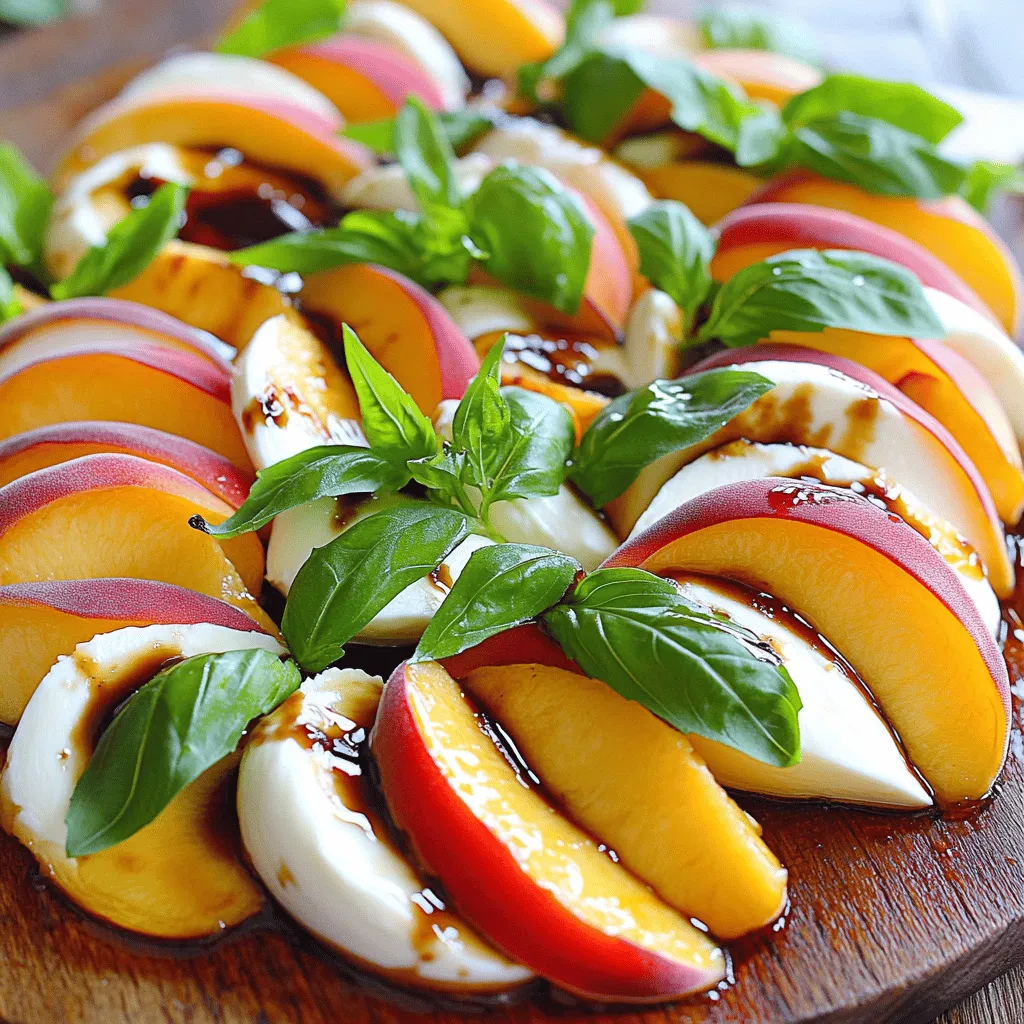 To make a Peach Caprese Salad, you need fresh and simple ingredients. Here’s what you will need: - Ripe Peaches - Fresh Mozzarella - Basil Leaves - Extra-Virgin Olive Oil - Balsamic Glaze - Seasoning (Salt and Pepper) Using ripe peaches makes this salad sweet and juicy. Fresh mozzarella adds creaminess, while basil gives it a lovely aroma. Extra-virgin olive oil brings richness, and balsamic glaze provides a sweet tang. Don’t forget a pinch of salt and pepper for balance. Together, these ingredients create a dish that is fresh and flavorful. You can find the full recipe to guide you through the process. - Washing and Slicing Peaches Start by washing your peaches under cool water. This step removes dirt and wax. After rinsing, slice the peaches into thin wedges. Make sure to remove the pit. You want soft, juicy pieces for the best flavor. - Slicing Fresh Mozzarella Next, take your fresh mozzarella and slice it into rounds. Aim for similar thickness to the peach slices. This helps with layering and keeps the look even. Fresh mozzarella adds creaminess that balances the dish. - Arranging Peaches and Mozzarella On a large platter, begin to place the peach and mozzarella slices in an alternating pattern. This creates a colorful display. Think of it as a work of art on your plate. Make sure to leave space for the basil. - Tucking in Basil Leaves Now it’s time for the fresh basil leaves. Tuck them between the peach and mozzarella slices. This adds a fragrant touch and brightens the dish. The basil also brings a fresh taste that pairs well with the sweetness of the peaches. - Drizzling with Olive Oil Grab your extra-virgin olive oil and drizzle it over the whole salad. This enhances the flavors and adds richness. A little goes a long way, so be mindful of the amount. - Adding Balsamic Glaze Next, drizzle balsamic glaze over the salad. The sweet and tangy notes of the glaze elevate the dish. It creates a lovely contrast with the creamy mozzarella and sweet peaches. - Seasoning with Salt and Pepper Finish with a sprinkle of salt and freshly cracked black pepper. This simple step balances the flavors. The salt enhances the sweetness of the peaches, while the pepper adds a bit of spice. Optionally, let it sit for about 5 minutes before serving. This allows the flavors to mingle beautifully. For the complete recipe, check out the [Full Recipe]. When making Peach Caprese Salad, the peach is key. You want ripe peaches. Ripe peaches feel slightly soft but not mushy. Overripe peaches can spoil the dish. Look for peaches with a nice color and a sweet smell. There are many peach varieties. Freestone peaches are easy to slice. Clingstone peaches have pits that stick. Both can work well in this salad. Try to pick local peaches for the best taste. For mozzarella, fresh is best. Fresh mozzarella has a soft texture and creamy flavor. It pairs well with the sweet peaches. Regular mozzarella can work, but it lacks the same taste. If you want extra creaminess, use burrata. Burrata is a type of fresh mozzarella with a soft center. It adds a rich texture to your salad. To make your salad even better, add nuts or seeds. Toasted pine nuts or sliced almonds bring a nice crunch. They also add healthy fats. You can also use other herbs for flavor. Mint or cilantro can give a fresh twist. Experiment with what you have at home. Each addition can create a new taste experience. For the full recipe, check out the detailed instructions that guide you through each step. {{image_2}} You can change your Peach Caprese Salad to fit each season. For a twist, use strawberries. They add a sweet taste and bright color. Just slice them like the peaches and mix them in. If you want creaminess, add avocado. The soft texture pairs well with mozzarella. Slice the avocado thin and place it between the peaches and mozzarella. This addition makes the salad richer. Try different dressings to change the flavor. A citrus vinaigrette can brighten the dish. Mix fresh lemon juice with olive oil for a zesty touch. You can also add honey for sweetness. Herb-infused oils are another great choice. Use oils flavored with basil or rosemary. This adds a nice herbal note and enhances the overall flavor of the salad. Serving style can make a big difference. Individual serving glasses are fun and fancy. Layer the salad in a glass to show off the colors. It makes each portion feel special. You can also use layered salad bowls. Stack the peaches, mozzarella, and basil. This method allows everyone to see the tasty layers. It’s an easy way to impress guests at any gathering. For the full recipe, check out the complete instructions above. Store your Peach Caprese Salad in the fridge. Use an airtight container to keep it fresh. Try to eat it within a day for the best taste. The longer it sits, the soggier it can get. If you only make half the salad, save the extra ingredients separately. Keep the peaches and mozzarella apart until you are ready to serve. Fresh peaches last about three to five days in the fridge. Look for firm peaches for the best flavor. Mozzarella should stay fresh for about a week. Check the date on the package. If you see any signs of spoilage, it's best to toss it out. Fresh basil can wilt quickly. Use it within a few days for peak flavor. If you want to prep ahead, slice the peaches and mozzarella but don’t assemble the salad. Keep them separate until you're ready to eat. This way, the salad stays fresh and crisp. You can mix the olive oil and balsamic glaze in a small jar. Drizzle it on just before serving. This keeps the flavors bright and tasty. For the full recipe, refer back to the earlier section. You can use canned peaches, but fresh peaches taste better. Canned peaches are sweet and soft. They can add a quick option for busy days. However, they often have added sugar and syrup. This can change the flavor of your salad. Fresh peaches have a crunch and bright taste. If you use canned peaches, rinse them well to reduce sweetness. You can add many fun ingredients to your salad. Here are some suggestions: - Arugula: It adds a peppery flavor. - Prosciutto: This salty meat pairs well with sweet peaches. - Nuts: Try walnuts or pistachios for a nice crunch. - Feta Cheese: It gives a crumbly and tangy touch. - Honey: A drizzle can enhance the sweetness of the peaches. Feel free to mix and match these ingredients for your own twist! To check if your peaches are ripe, use these signs: - Feel: Ripe peaches should be slightly soft when you press them. - Color: Look for a warm, golden hue. The more color, the riper. - Smell: A sweet aroma means they're ready to eat. Ripe peaches are perfect for your salad. They add sweetness and juiciness. Check your peaches often during the summer for the best flavor. To wrap up, we explored the simple yet flavorful Peach Caprese Salad. You learned the key ingredients, like ripe peaches and fresh mozzarella, and followed the clear steps for preparation and assembly. I also shared tips for choosing the best peaches and variations to keep things exciting. This salad is versatile and easy to make. It offers a fresh taste perfect for any season. Try adding your own twist, and enjoy!