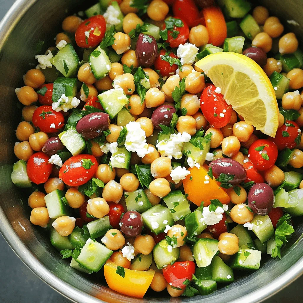 To make a Mediterranean chickpea salad, gather these ingredients: - 1 can (15 oz) chickpeas, drained and rinsed - 1 cucumber, diced - 1 pint cherry tomatoes, halved - 1/2 red onion, finely chopped - 1 bell pepper (any color), diced - 1/2 cup kalamata olives, pitted and halved - 1/4 cup fresh parsley, chopped - 1/4 cup feta cheese, crumbled (optional) - 3 tablespoons olive oil - 2 tablespoons fresh lemon juice - 1 teaspoon dried oregano - Salt and pepper to taste You can use fresh or canned chickpeas for your salad. Canned chickpeas save time and are easy to use. They are already cooked and ready to go. Just drain and rinse them before adding to your salad. If you prefer fresh chickpeas, you will need to cook them first. This can take longer but adds a nice texture. Both options work well, so choose what fits your time and taste. Feel free to customize your salad with optional add-ins. Here are some ideas to make it your own: - Avocado for creaminess - Roasted red peppers for a smoky flavor - Artichoke hearts for a tangy twist - Sun-dried tomatoes for extra richness - Fresh mint or basil for a burst of freshness These add-ins can enhance the salad and cater to your taste. Mix and match to find your favorite combination! For the full recipe, check out the instructions and serving tips. Start by gathering all your veggies. You will need a cucumber, cherry tomatoes, red onion, and bell pepper. Dice the cucumber and bell pepper into small pieces. Cut the cherry tomatoes in half. Finely chop the red onion. This mix gives crunch and color to your salad. In a large bowl, add the chickpeas, diced cucumber, halved cherry tomatoes, chopped red onion, and diced bell pepper. Then, toss in the kalamata olives and fresh parsley. If you like, sprinkle crumbled feta cheese on top. This blend creates a colorful and tasty base for your salad. In a small bowl, whisk together the olive oil, fresh lemon juice, dried oregano, salt, and pepper. Mix well until everything is combined. This dressing adds a bright flavor to your salad. Pour it over the salad mixture and gently toss. Make sure every ingredient gets coated. Let it sit for 15-30 minutes to blend the flavors. You can find the full recipe linked here for more details. To make your Mediterranean chickpea salad pop with flavor, follow these tips: - Use ripe cherry tomatoes for sweetness. - Fresh herbs, like parsley, add a bright taste. - Let the salad sit before serving. This lets the flavors blend well. - A splash of red wine vinegar can add tang. - Experiment with spices; a pinch of cumin can be delightful. Choosing the best ingredients makes your salad shine. Here’s what to look for: - Select firm cucumbers with smooth skin. They should feel heavy for their size. - Pick cherry tomatoes that are plump and smell sweet. - Look for bell peppers that are shiny and tight-skinned. - Choose kalamata olives that feel firm and have a rich color. - Fresh parsley should be vibrant green and not wilting. Present your salad in a way that makes it inviting: - Use a big, colorful bowl to show off the vibrant colors. - Garnish with extra parsley and lemon slices for a fresh look. - Pair it with warm pita bread or grilled meats for a full meal. - Serve with a simple yogurt dip for a creamy contrast. - For a fun twist, use mason jars for individual servings. For the complete dish, refer to the Full Recipe. {{image_2}} Adding tuna to your chickpea salad gives it a protein boost. Start by using canned tuna, either in water or olive oil. Drain the tuna and break it into chunks. Mix it into your salad right after you toss in the olives and parsley. The taste of the tuna will blend well with the other ingredients. You will enjoy a heartier meal that’s still fresh and light. This variation is perfect for lunch or a quick dinner. To keep your salad vegan, skip the feta cheese. You can also use avocado in its place for creaminess. Swap out regular olives for gluten-free olives if needed. Always check labels to be sure they’re gluten-free. You can add seeds, like sunflower or pumpkin, for crunch. These small changes keep the salad tasty while meeting dietary needs. Changing your salad with the seasons makes it exciting. In summer, toss in fresh corn or zucchini. In fall, consider adding roasted sweet potatoes or butternut squash. Winter calls for hearty greens like kale or spinach. You could also try different herbs like mint or dill. These adjustments not only bring new flavors but also keep the dish fresh and interesting. For the full recipe, visit the [Full Recipe] section. To keep your Mediterranean chickpea salad fresh, place it in a container. Make sure the lid seals tightly to keep air out. Store the salad in the fridge right away. This helps keep flavors bright and crisp. I recommend using glass or BPA-free plastic containers. They keep your salad safe and fresh. Look for containers with tight-fitting lids. This prevents spills and keeps your salad tasty. Avoid using metal containers, as they can react with the salad. You can eat this salad cold, so no need to reheat. If you want a warm dish, lightly sauté the salad in a pan. Add a splash of olive oil for flavor. You can also add more veggies or proteins to make it new. Try adding grilled chicken or shrimp. This makes a great twist on the original recipe. For more ideas, check the Full Recipe. A Mediterranean Chickpea Salad is a fresh and healthy dish. It mainly includes chickpeas, veggies, and herbs. You can mix in olives and feta cheese for extra flavor. This salad is colorful and packed with nutrients. The lemon juice and olive oil dressing ties all the flavors together. You can serve it as a main dish or a side. It’s perfect for lunch or dinner. Mediterranean Chickpea Salad lasts about 3 to 5 days in the fridge. Store it in an airtight container to keep it fresh. The veggies may lose some crunch over time. If you want the best taste, eat it within the first few days. Yes, you can prepare Mediterranean Chickpea Salad ahead of time. Making it a day before helps the flavors mix well. Just keep it in the fridge until you’re ready to serve. If you add feta cheese, wait until serving time to add it. This keeps the cheese fresh and tasty. For the full recipe, check out the detailed instructions above. In this blog post, we explored Mediterranean chickpea salad. We covered ingredients, preparation, and tasty variations. You learned how to choose fresh items and enhance flavors. Don't forget about storage tips for leftovers. This salad is easy and versatile. You can adjust flavors and ingredients to fit your taste. Enjoy the health benefits and freshness in each bite. Take these ideas to create your own delicious version!