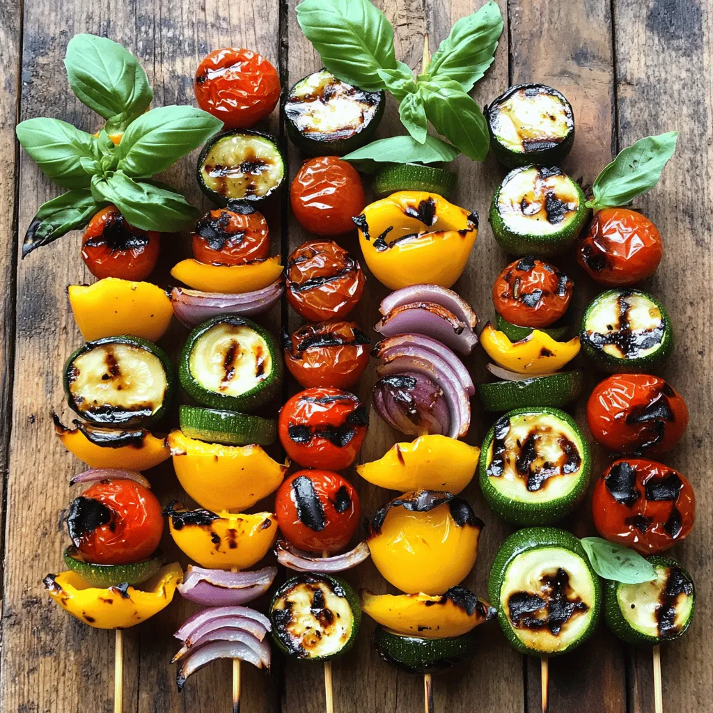 - Red bell pepper - Yellow bell pepper - Zucchini - Red onion - Cherry tomatoes - Mushrooms When you choose your vegetables, pick fresh and colorful ones. Red and yellow bell peppers add sweetness. Zucchini brings a nice crunch. Red onion gives a sharp bite, while cherry tomatoes burst with juice. Mushrooms add an earthy flavor. Together, they create a tasty mix that pleases your palate. - Olive oil - Balsamic vinegar - Garlic powder - Dried oregano - Salt and pepper The marinade is key for flavor. Start with olive oil, which adds richness. Balsamic vinegar gives a tangy kick. Garlic powder packs a punch without being too strong. Dried oregano adds a hint of the Mediterranean. Finally, salt and pepper balance everything out. Mix these together for a tasty coating. - Fresh basil For a finishing touch, consider fresh basil. It has a bright flavor that complements the grilled veggies. Just sprinkle it on top before serving. This small step adds color and freshness to your dish. You can find the full recipe in the section above. Enjoy making your skewers! First, grab a large bowl. You will whisk together olive oil and balsamic vinegar. This mix gives the skewers a tasty kick. Next, add garlic powder, dried oregano, salt, and pepper. This blend makes the marinade flavorful. Now, it’s time to chop the vegetables. Cut the red and yellow bell peppers into chunks. Slice the zucchini into thick rounds. Cut the red onion into quarters. You can leave the cherry tomatoes whole. Halve the mushrooms if they are large. Once chopped, place all the veggies in the bowl with the marinade. Toss them well to coat. The longer they sit, the better they soak up the flavor. For skewering, take wooden or metal skewers. If using wooden ones, soak them in water for at least 30 minutes. This helps prevent burning. Thread the marinated vegetables onto the skewers. Alternate types for color and variety. Preheat your grill to medium-high heat, around 400°F (200°C). Now, place the skewers on the grill. Grill them for about 10-15 minutes. Turn them every few minutes. This ensures all sides get those lovely grill marks. Enjoy the fragrant aroma as they cook! To get the best grill marks, preheat your grill to medium-high heat, around 400°F. This heat helps the veggies cook fast. When you place the skewers on the grill, leave space between them. This allows hot air to flow and cook all sides evenly. Turn the skewers every few minutes. This gives you those nice charred lines we all love. Soaking wooden skewers is vital. If you skip this step, they may burn on the grill. Soak them in water for at least 30 minutes. This simple trick helps keep your skewers intact and your veggies safe from flames. Grilled vegetable skewers shine with a great sauce or dip. Try serving them with a tangy balsamic glaze or a creamy garlic dip. You can also add a sprinkle of fresh herbs, like basil or parsley, for extra flavor. These simple touches elevate your dish and impress your guests. For more details on making these skewers, check the Full Recipe. {{image_2}} You can change up the vegetables to fit the season. Use what's fresh or on sale. Try asparagus in spring or butternut squash in fall. A mix of colors makes the skewers pop. Think about using purple eggplant or orange carrots. These swaps keep your dish exciting and tasty. Marinades can change the whole flavor. A citrus-based marinade adds a bright taste. Mix lemon juice, lime juice, and zest for a fresh kick. If you like heat, add chili flakes to your mix. This adds a spicy twist to your skewers, making them more fun. Herbs and spices can greatly enhance flavor. Fresh herbs like rosemary or thyme work well. You can even try smoked paprika for a deep, smoky taste. Don’t forget about cumin for an earthy flavor. These choices let you customize your skewers easily. Use what you love to make them perfect for your taste. For the full recipe, refer to the [Full Recipe]. To keep your grilled vegetable skewers fresh, store them in an airtight container. Place a piece of parchment paper between layers if stacking. This helps prevent sticking. Refrigerate them within two hours of grilling. They will stay good for up to three days. When you are ready to eat, check for any signs of spoilage. To reheat your skewers, use the oven or grill. Preheat your oven to 350°F (175°C). Place the skewers on a baking sheet and cover with foil. Heat for about 10 minutes. If using the grill, preheat it to low heat. Grill for about 5 minutes, turning often. These methods help keep the texture and flavor intact. Yes, you can freeze grilled vegetable skewers! Wrap each skewer tightly in plastic wrap. Then place them in a freezer-safe bag. They will stay fresh for up to three months. To use, thaw them in the fridge overnight. Reheat as mentioned above to enjoy your tasty meal again. You should grill vegetable skewers for about 10 to 15 minutes. Start with a preheated grill set to medium-high heat, around 400°F (200°C). Turn the skewers every few minutes for even cooking. Look for tender veggies with nice grill marks. If you want softer veggies, grill them a bit longer. Remember, each vegetable cooks at a different rate. For example, zucchini may cook faster than onions. Yes, you can use frozen vegetables, but they may change the flavor and texture. Frozen veggies often have more water. This can lead to sogginess when grilled. If you choose frozen, thaw them first and pat them dry. You may also need to adjust the cooking time. Start grilling them for a few extra minutes to ensure they cook through. You can add many items to your skewers! Think about adding proteins like chicken, shrimp, or tofu for a heartier meal. Fruits like pineapple or peaches also add a sweet twist. Just cut them into similar sizes for even cooking. Mixing veggies and fruits can create fun flavors. Get creative and customize your skewers based on your taste! For a full recipe, check out the Full Recipe section. You've learned how to make delicious vegetable skewers, from ingredient prep to grilling tips. Using fresh veggies, a tasty marinade, and solid grilling techniques will make your skewers shine. Don't forget to explore fun variations and serving ideas. These skewers are great for any meal or gathering. Keep experimenting and enjoy the flavors!