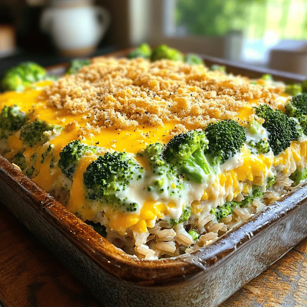 - 2 cups cooked brown rice - 2 cups fresh broccoli florets - 1 cup shredded sharp cheddar cheese - ½ cup cream cheese, softened - 1 cup vegetable broth - 1 cup milk (or plant-based alternative) - 1/2 cup onion, finely chopped - 2 cloves garlic, minced - Seasoning essentials: garlic powder, onion powder, Dijon mustard, salt, black pepper When making cheesy broccoli rice casserole, I always start with the main ingredients. The cooked brown rice gives a nice base. Broccoli florets bring a fresh crunch and bright color. The sharp cheddar cheese adds a rich, tasty flavor. Cream cheese makes everything creamy and smooth. I like to use vegetable broth for depth. Milk or a plant-based option keeps it light and adds moisture. Chopped onion and minced garlic bring a wonderful aroma and taste. For seasoning, I use garlic powder, onion powder, Dijon mustard, salt, and black pepper to enhance all the flavors. - ½ cup breadcrumbs for topping - Alternative cheese options If you want a crispy top, add breadcrumbs. They give a delightful crunch. You can also swap out the cheddar for other cheeses, like mozzarella or gouda, to change the flavor. These variations make the casserole fun and unique every time! For the full recipe, check here: [Full Recipe]. 1. Preheat your oven to 350°F (175°C). This step warms the oven and helps the casserole cook evenly. 2. Grab a large skillet. Heat a splash of water or olive oil over medium heat. 3. Add the finely chopped onion and minced garlic. Sauté for 3-4 minutes. The onion should turn translucent. 4. Next, add the fresh broccoli florets to the skillet. Sauté for an additional 2-3 minutes. The broccoli should be bright green and slightly tender. Remove from heat and set aside. 1. In a large mixing bowl, combine the cooked brown rice, sautéed vegetables, and cheeses. 2. Add the vegetable broth, milk, garlic powder, onion powder, Dijon mustard, salt, and black pepper. 3. Stir until everything is well mixed. Ensure even distribution of all ingredients. This helps every bite taste great. 1. Transfer the mixture into a greased baking dish. Spread it evenly across the dish. 2. If you want a crispy topping, sprinkle breadcrumbs evenly over the top. 3. Bake in your preheated oven for 25-30 minutes. Look for a bubbly casserole with a golden brown top. 4. Once done, remove from the oven. Let it cool slightly before serving. For the full recipe, check out the specific instructions included above. To get the best broccoli texture, start by blanching the florets. Boil them for two minutes, then quickly cool them in ice water. This keeps them bright and crisp. You want your broccoli tender but not mushy. This step makes a big difference. For cheese, I recommend using sharp cheddar. It adds a rich flavor that pairs well with broccoli. You can also mix in some mozzarella for extra stretch and creaminess. Other options include Monterey Jack or Gruyère for a twist. Feel free to experiment with your favorite cheeses! Cheesy broccoli rice casserole pairs well with many dishes. Try serving it alongside grilled chicken or a fresh green salad. The creamy texture complements lighter proteins perfectly. For presentation, serve it straight from the dish for a cozy feel. If you want to impress, scoop out portions into individual bowls. Garnish with more shredded cheese and a sprinkle of black pepper. This adds color and makes it look delicious! For the full recipe, check out the link provided. {{image_2}} You can switch up the base of this dish easily. Using white rice or quinoa instead of brown rice works well. Both options give a nice texture and flavor. White rice cooks faster and is softer. Quinoa adds protein and a nutty taste. Choose what fits your meal best. For a vegetarian or vegan version, try plant-based cream cheese and milk. You can also skip the cheese or use a vegan cheese. This keeps the dish creamy and delicious without losing the flavor. For extra flavor and nutrition, think about adding more veggies. Bell peppers, carrots, and spinach can all blend nicely. Just chop them small and sauté with the onion and garlic. This adds color and crunch to your casserole. You might also want to add protein. Chicken or ham can make this dish heartier. Dice them up and mix them in before baking. This makes the casserole filling and tasty, perfect for a complete meal. For the full recipe and cooking instructions, check out the [Full Recipe]. For best taste, store leftovers in a sealed container. Let the casserole cool to room temp first. Place it in the fridge for up to three days. When reheating, use the oven or microwave. If using the oven, cover the dish with foil. This keeps moisture in and prevents drying out. Heat at 350°F (175°C) for about 20 minutes. Stir halfway through for even warmth. To freeze the casserole, let it cool completely. Use a freezer-safe container or wrap it tightly in plastic wrap. Label the container with the date. It can last up to three months in the freezer. For best results, thaw the casserole overnight in the fridge. Reheat it in the oven or microwave until hot. This keeps the flavor and texture close to fresh. Enjoy making this cheesy broccoli rice casserole anytime with these tips! For the full recipe, check the recipe section above. Can I make this casserole ahead of time? Yes, you can prepare this casserole in advance. Just mix the ingredients, cover, and store in the fridge. When you are ready to bake it, let it sit at room temperature for about 30 minutes before cooking. This helps it bake evenly. How do I make it spicier? To spice things up, you can add red pepper flakes or diced jalapeños. If you prefer heat in each bite, mix in a bit of hot sauce. Start with a small amount, then taste and adjust as needed. Is this dish gluten-free? Yes, this casserole can be gluten-free. Just be sure to use gluten-free breadcrumbs for the topping. The other ingredients, like rice and cheese, are also gluten-free. Can I use frozen broccoli? Absolutely! Frozen broccoli works well in this dish. Just thaw it and drain any excess water before mixing it into the casserole. You may want to sauté it briefly to enhance its flavor. Caloric content per serving Each serving of cheesy broccoli rice casserole contains about 300 calories. This makes it a hearty option for lunch or dinner, especially when paired with a light salad. Nutritional benefits of the main ingredients - Brown Rice: This whole grain is rich in fiber and provides energy. - Broccoli: Packed with vitamins C and K, broccoli boosts your immune system. - Cheddar Cheese: Offers protein and calcium for strong bones. - Cream Cheese: Adds creaminess and some fats for flavor. This dish combines taste and nutrition to create a delicious comfort meal that everyone can enjoy. For the complete preparation, check the Full Recipe. This casserole combines hearty rice, fresh broccoli, and creamy cheeses for a satisfying meal. You learned about the key ingredients and how to prepare them. I shared useful tips to perfect your dish and variations to keep it exciting. Storing and reheating leftovers ensures you enjoy every bite. Remember, you can adjust the recipe to fit your needs. Explore the options and make this dish your own. Happy cooking!