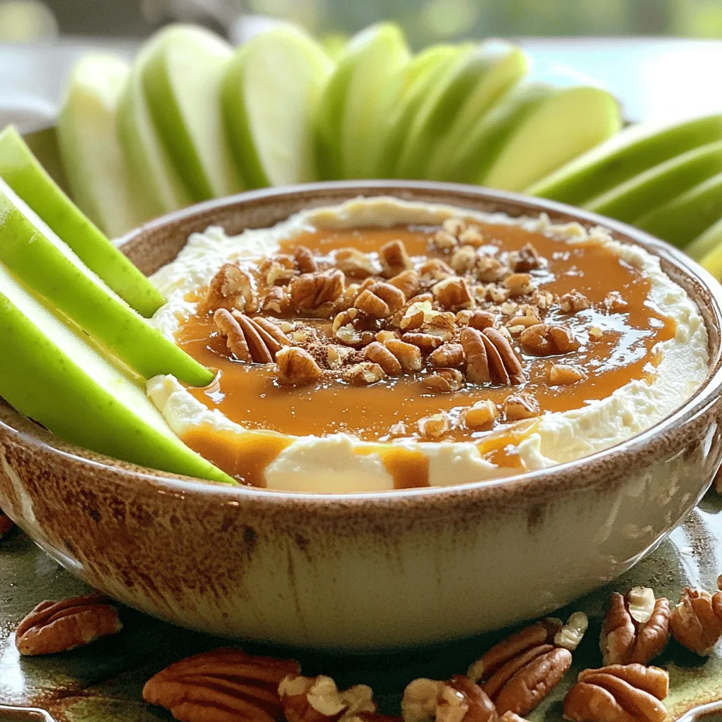 - Apples (medium size, e.g., Granny Smith or Honeycrisp) - Optional toppings (chopped nuts like pecans or walnuts) For this caramel apple dip, you want fresh apples. I love using Granny Smith for their tartness or Honeycrisp for their sweetness. Both are perfect for dipping. You can also add toppings to make it even better. Chopped nuts like pecans or walnuts add a great crunch and flavor. - Cream cheese (softened) - Brown sugar - Vanilla extract - Optional cinnamon The creamy base makes this dip special. Start with softened cream cheese for a smooth mix. Add brown sugar for sweetness and vanilla extract for flavor. If you like, sprinkle in some cinnamon. It gives a warm hint that pairs well with apples. - Store-bought vs. homemade options - Suggested brands or recipes for homemade caramel Caramel sauce is the star of this dip. You can use store-bought caramel for quick prep or make your own if you want to impress. If you choose store-bought, brands like Marie’s or Smucker's are tasty options. For homemade caramel, melt sugar slowly, then stir in cream for a rich finish. Check the Full Recipe for more details on both methods. To make the creamy base, you need to mix the cream cheese and sugars. In a medium bowl, combine 1/2 cup of softened cream cheese with 1/4 cup of brown sugar. Add in 1 teaspoon of vanilla extract. If you like, sprinkle in 1/4 teaspoon of cinnamon for extra flavor. Use a hand mixer or a spoon to mix until it is smooth. To get the right texture, ensure your cream cheese is at room temperature. If it’s cold, it won’t mix well. Mix until it’s creamy and fluffy, with no lumps. This texture makes the dip rich and enjoyable. Next, you’ll need to warm the caramel sauce. If you have a jar of store-bought caramel, that works great. In a microwave-safe bowl, heat 1 cup of caramel sauce for 15-20 seconds. This helps it drizzle easily. Be careful not to overheat it, as that can make it too thin. Stir it gently after warming to ensure it’s smooth and easy to pour. You want a nice, warm drizzle that flows over your creamy mixture. Now it’s time to assemble your dip. Spread the cream cheese mixture evenly onto a serving platter or a shallow bowl. Use a spatula for an even layer. Then, carefully pour the warm caramel sauce over the cream cheese layer. Let it drizzle down the sides for a beautiful look. For a crunchy finish, sprinkle chopped nuts on top. You can use pecans or walnuts for added flavor and texture. This dip is perfect for serving with sliced apples, making it a fun treat for all! You can find the Full Recipe for more detailed steps. For the best caramel apple dip, pick crisp apples. I love using Granny Smith or Honeycrisp. Their tartness pairs well with sweet caramel. You can also try Fuji or Gala apples for a sweeter bite. This dip shines at gatherings and parties. Serve it at fall festivals, Halloween parties, or family get-togethers. It's also great for movie nights or game days. Everyone loves a tasty snack they can dip! Make your dip stand out with fun serving platters. A wooden board adds a rustic touch. You can also use a colorful bowl to catch the eye. To make it even prettier, garnish the dip with chopped nuts. Sprinkle them on top of the caramel. You can also add a few apple slices around the platter for color. This adds a fresh look that draws people in. Avoid common mistakes to make your dip perfect. Don’t skip softening the cream cheese. If it’s too cold, it won't mix well. Make sure your caramel sauce is warm enough to drizzle easily. Adjust the sweetness to suit your taste. If you want it sweeter, add more brown sugar. For less sweetness, reduce the caramel sauce. Taste as you go, and make it your own! {{image_2}} You can make your caramel apple dip even more exciting with flavor tweaks. Adding spices can bring warmth and depth. For instance, a pinch of nutmeg or a sprinkle of pumpkin spice can elevate the taste. These spices pair well with the sweetness of caramel and apples. You can also infuse the caramel with extracts. Try using almond or maple for unique twists. This small change can make a big difference in flavor. If you want a vegan version, you can use coconut cream instead of cream cheese. This will keep the dip creamy and delicious. It also adds a subtle coconut flavor. For those needing gluten-free options, check your caramel sauce and toppings. Many brands offer gluten-free products. Always read labels to make sure they meet your needs. Incorporating seasonal fruits can make your dip even more fun. Use pears or strawberries for a fresh twist. These fruits add different flavors and textures. You can also create themed presentations for holidays. For Halloween, add spooky decorations. For Thanksgiving, use fall colors and shapes. These small touches can make your dip stand out at any gathering. Remember to check the Full Recipe for all the details! To store leftover caramel apple dip, place it in an airtight container. This keeps air out and helps it stay fresh. Before sealing, ensure the dip is cool. This prevents condensation that can affect the texture. Store it in the fridge for up to five days. Always use a clean spoon when serving to avoid contamination. This helps maintain freshness and flavor. You can safely eat the dip within five days. After this, it may spoil. Look for signs of spoilage, like an off smell or changes in texture. If the dip becomes watery or the cream cheese separates, it’s best to discard it. Always trust your senses; if it doesn't look or smell right, don’t eat it. Yes, you can freeze caramel apple dip! However, the texture may change. To freeze, place the dip in a freezer-safe container. Leave space at the top for expansion. Thaw it in the fridge overnight before using. Stir well after thawing to restore creaminess. If it seems too thick, add a little cream or milk to adjust. Enjoy this treat even after freezing! For the full recipe, check back above. To make homemade caramel, you need just three simple ingredients: sugar, butter, and cream. Start by heating one cup of sugar in a saucepan over medium heat. Stir it constantly until it melts and turns golden brown. Once melted, add 6 tablespoons of butter and mix well. After the butter melts, slowly add half a cup of heavy cream. Stir until smooth. Be careful, as the mixture is very hot. Let it cool before using it for the dip. Yes, you can use store-bought caramel sauce instead of making your own. The main pro is convenience; it saves time and effort. Some brands offer great flavor and consistency. However, homemade caramel gives a richer taste and allows you to control the sweetness. If you are short on time, store-bought is a good option. If you want to impress guests, homemade is the way to go. For dipping, I recommend using Granny Smith and Honeycrisp apples. Granny Smith apples are tart and crisp, which contrasts nicely with sweet caramel. They hold up well when sliced. Honeycrisp apples are sweet and juicy, providing a delightful bite. Other great options are Fuji and Gala apples, which are also sweet and have a nice crunch. Choose apples that you enjoy for the best experience! You've learned how to create a tasty caramel apple dip from fresh apples and a creamy base. We discussed ingredient choices, step-by-step instructions, and tips for serving. You're now ready to impress at any gathering with your dip. Remember, you can get creative with flavors and presentations. Enjoy every bite and have fun experimenting with variations that suit your taste!