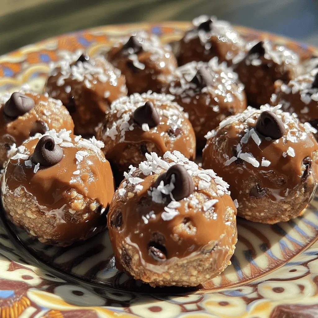 - 1 cup natural peanut butter - 1/2 cup honey or maple syrup - 1 cup rolled oats - 1/2 cup ground flaxseed - 1/2 cup dark chocolate chips - 1/4 cup shredded coconut (unsweetened) - 1 teaspoon vanilla extract - A pinch of sea salt These ingredients come together to create a tasty, nutritious snack. Each component adds flavor and health benefits. Each energy bite has about 100 calories. They provide around 4 grams of protein and 2 grams of fiber. This makes them a great snack for energy. - Advantages of oats: Oats give you lasting energy and help with digestion. They are high in fiber, which keeps you full longer. Oats also lower cholesterol. - Benefits of flaxseed: Flaxseed is packed with omega-3 fatty acids. These fats help your heart and brain. Flaxseed also has fiber, which aids digestion and helps you feel full. - Advantages of dark chocolate: Dark chocolate is rich in antioxidants. It can improve heart health and boost mood. Plus, it adds a delicious taste to these bites. For the full recipe, follow the steps to whip up these amazing energy bites. To make peanut butter chocolate energy bites, start with the peanut butter and sweetener. In a large bowl, mix 1 cup of natural peanut butter with 1/2 cup of honey or maple syrup. Stir until it is smooth. Next, it’s time to mix the dry and wet ingredients. Add 1 cup of rolled oats, 1/2 cup of ground flaxseed, 1/2 cup of dark chocolate chips, and 1/4 cup of shredded coconut to the bowl. Also, include 1 teaspoon of vanilla extract and a pinch of sea salt. Use a spatula or wooden spoon to combine everything. The mixture should feel sticky but easy to work with. Now, let's form the energy bites. Use your hands to roll the mixture into small balls, each about 1 inch wide. Place the balls onto a parchment-lined baking sheet as you go. After shaping the bites, they need to chill. Place the baking sheet in the fridge for at least 30 minutes. This chilling time helps the energy bites firm up. It makes them easier to pick up and enjoy. When it's time to serve, present the energy bites on a decorative plate. You can sprinkle extra shredded coconut around them for a nice touch. For a fun gift, pack a few bites in small cellophane bags tied with twine. These bites pair well with fresh fruit or a glass of milk. They make a great snack any time of day. To make your energy bites just right, you can adjust the sweetness. If you want them sweeter, add more honey or maple syrup. If you prefer less sweetness, cut back a bit. Finding the right consistency is also key. The mix should feel sticky but not too wet. If it's too dry, add a tiny splash of water. If it’s too wet, add a bit of oats or flaxseed. For those with nut allergies, you can use sun butter or soy nut butter instead of peanut butter. These options provide a similar taste and texture without the nuts. If you need a gluten-free option, make sure to use gluten-free oats. This way, everyone can enjoy these tasty bites. To make a larger batch, simply double or triple the recipe. Just remember to mix well so all ingredients combine evenly. You can also freeze energy bites for later. Place them in a single layer on a baking sheet in the freezer. Once frozen, transfer them to an airtight bag. They can last for up to three months in the freezer. Enjoy your energy bites anytime! {{image_2}} You can easily change the taste of your peanut butter chocolate energy bites. One fun way is to add nuts or seeds. Chopped walnuts, almonds, or sunflower seeds give a nice crunch. They also boost protein and healthy fats. Just mix them in with the other ingredients for a tasty twist. Adding spices like cinnamon can elevate the flavor. A teaspoon of cinnamon brings warmth and depth. You can also try adding a pinch of nutmeg or even a dash of sea salt for contrast. Experiment with flavors you love! If you want to change the chocolate in your bites, consider using white chocolate or carob. White chocolate gives a sweet and creamy taste. Carob is a great substitute if you want something caffeine-free. Both options work well with the peanut butter base. You can also explore different chocolate chip varieties. Try mini chocolate chips for a fun bite-sized treat. Dark chocolate brings richness, while milk chocolate adds sweetness. Mix and match to find your favorite! Seasonal changes can inspire fun variations of your energy bites. For fall, try pumpkin spice energy bites. Just add pumpkin puree and pumpkin pie spice to the mix. It makes a perfect snack for cozy days! During the holidays, consider making holiday-themed energy bites. You can add crushed peppermint for a festive touch. Or use festive sprinkles for a pop of color. These variations make your energy bites fun and exciting all year round! To keep your Peanut Butter Chocolate Energy Bites fresh, use airtight containers. Glass or BPA-free plastic containers work best. These containers help prevent air and moisture from entering. You can store energy bites in the refrigerator or freezer. Storing them in the fridge keeps them fresh for up to a week. If you want them to last longer, freeze them for up to three months. Just remember to add a layer of parchment paper between layers if stacking. These energy bites stay fresh for about one week in the refrigerator. When stored in the freezer, they can remain good for up to three months. Check for signs of spoilage, such as a change in smell or texture. If they look dry or hard, it's time to toss them. For on-the-go snacks, pack energy bites in small containers or bags. Reusable silicone bags are a great eco-friendly option. If you are traveling, consider using a cooler bag. This keeps them cool and fresh. Always keep energy bites in a shaded spot away from heat. It ensures they stay tasty during your adventures. Yes, you can use crunchy peanut butter. It adds a nice texture and bite. Crunchy peanut butter gives your energy bites extra crunch. This may change the taste slightly, making it richer. If you prefer smoothness, stick with creamy peanut butter. One serving is about 2-3 energy bites. This depends on the size you make them. Each bite is packed with energy, so you don’t need many. Portion control helps keep your snacks healthy and balanced. If you want a substitute for honey, try maple syrup or agave nectar. Both add sweetness like honey. You can also use date syrup for a different flavor. Just keep the same amount as the honey in the recipe. Yes, peanut butter chocolate energy bites can be gluten-free. Use certified gluten-free oats. Regular oats may contain gluten due to cross-contamination. Always check the labels to ensure they are safe for your diet. You now know how to make tasty energy bites. We covered ingredients, health benefits, and easy steps. You also learned tips for perfecting the recipe and fun variations. These bites are not only easy, but they also pack nutrition. They’re perfect for a quick snack or a boost before activity. Enjoy making these bites with your favorite flavors. Keep them handy for snacks or travel.