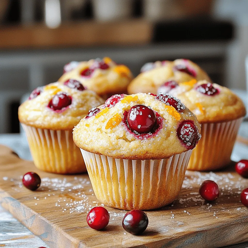 Here are the ingredients you need for tasty cranberry orange muffins: - 1 ½ cups all-purpose flour - ½ cup granulated sugar - ½ cup brown sugar, packed - 1 tablespoon baking powder - ½ teaspoon baking soda - ½ teaspoon salt - 1 teaspoon ground cinnamon - 1 cup fresh cranberries, halved - Zest of 1 large orange - 2 large eggs - ½ cup unsweetened applesauce - ⅓ cup vegetable oil - 1 teaspoon vanilla extract - ½ cup orange juice (freshly squeezed for best flavor) You might need to adjust quantities based on your taste. You can swap granulated sugar with coconut sugar for a different flavor. If you want to reduce sugar, use only ½ cup of brown sugar. You can replace eggs with flax eggs (1 tablespoon flaxseed meal + 2.5 tablespoons water) if needed. For a healthier twist, you can use Greek yogurt instead of applesauce. Fresh cranberries are best for this recipe. They give a tart flavor that pairs well with orange. You can also use frozen cranberries if fresh ones are not available. Just make sure to thaw them first and drain off any excess water. Avoid using dried cranberries, as they will not give the same texture or taste in your muffins. Baking these cranberry orange muffins is fun and simple. Start by mixing the dry and wet ingredients separately. This keeps the muffins light and fluffy. Use a large bowl for the dry mix. Sift together flour, both sugars, baking powder, baking soda, salt, and cinnamon. This helps to blend everything well. Next, prepare the wet mix. In another bowl, whisk the eggs, applesauce, oil, vanilla, and orange juice. Make sure to blend them well. When both mixes are ready, it is time to combine them. Pour the wet mix into the dry mix. Stir gently until just blended. Do not overmix; it is okay to have some lumps. Set your oven to 375°F (190°C) to preheat. This ensures even baking. While the oven heats, prepare your muffin tin. You can use paper liners or spray the tin with non-stick spray. Fill each muffin cup about two-thirds full with the batter. This gives them room to rise without overflowing. Mixing is a key step in baking. Use a folding technique when combining wet and dry ingredients. This helps to keep the muffins airy. A rubber spatula works well for this. Gently fold the mixture until you see no dry flour. Remember, lumps are fine. They lead to a better texture in the final muffin. Now, scoop the batter into your prepared muffin tin. Each cup should be filled to about two-thirds. This allows them to rise beautifully. Finally, bake for 20-25 minutes. Check with a toothpick; it should come out clean. Enjoy the sweet aroma while they bake! For the full recipe, check the details above. To keep your muffins moist, use applesauce. This ingredient adds moisture without extra fat. Make sure your cranberries are fresh and not dried. Fresh cranberries burst during baking, releasing juice. Adding zest from an orange enhances flavor and moisture too. Avoid overmixing the batter; this can lead to tough muffins. Stir gently until the mixture is just combined. A common mistake is not measuring ingredients correctly. Use a kitchen scale for precise amounts. Another mistake is baking at the wrong temperature. Always preheat your oven to the right heat. Avoid opening the oven door too often, as this can affect baking time. Lastly, don’t let the muffins sit in the pan too long. They can become soggy if left too long. For fluffy muffins, use room-temperature eggs. Cold eggs can lead to dense muffins. Mix wet and dry ingredients separately before combining them. This helps distribute baking powder evenly. Remember, a few lumps in the batter are okay. Don’t worry about them! This technique helps create a light and airy texture. Follow these tips for perfectly moist and fluffy cranberry orange muffins. For the full recipe, check out the [Full Recipe]. {{image_2}} You can add nuts or seeds to your muffins for extra crunch. Try using chopped walnuts or pecans. These nuts blend well with the tartness of the cranberries. You can also try sunflower seeds or pumpkin seeds for a nut-free option. Just fold them into the batter before baking. This not only adds texture but also boosts the flavor. If you want to make a vegan version, swap the eggs with flaxseed meal. Mix one tablespoon of flaxseed meal with three tablespoons of water. Let it sit for five minutes before adding it to the batter. For a gluten-free option, use a gluten-free flour blend. Make sure the blend has xanthan gum for the best texture. These changes keep the muffins delicious while meeting your dietary needs. Want to mix it up? Add chocolate chips for a sweet twist. Semi-sweet or dark chocolate pairs great with cranberries. You can also add spices like nutmeg or ginger for warmth. Just sprinkle a teaspoon of your chosen spice into the dry mix. These additions give you a new way to enjoy your cranberry orange muffins. Each bite can be a delightful surprise! To keep your cranberry orange muffins fresh, store them in an airtight container. You can keep them at room temperature for up to three days. If you want them to last longer, the fridge is a good option. Just make sure to wrap them tightly in plastic wrap before placing them in the container. Freezing is a great way to save extra muffins. First, let them cool completely. Then, wrap each muffin in plastic wrap. Place the wrapped muffins in a freezer bag or container. They can stay in the freezer for up to three months. When you’re ready to enjoy them, just take out what you want. To reheat your muffins, you have a few options. For the best taste, use an oven. Preheat your oven to 350°F (175°C). Place the muffins on a baking sheet and heat for about 10 minutes. If you’re in a hurry, you can microwave them for about 15-20 seconds. Enjoy your warm muffins as if they were just baked! For the full recipe, check out the detailed steps above. Cranberry orange muffins stay fresh for about three days at room temperature. Store them in an airtight container. If you want them to last longer, freeze them. They can stay good in the freezer for up to three months. Yes, you can make the batter ahead of time. Just mix it and cover it tightly. Keep it in the fridge for up to 24 hours. When you're ready to bake, stir it gently to combine again. Fresh muffins will still rise well. You can use several substitutes for eggs. Applesauce works great since this recipe already has it. Use 1/4 cup of applesauce for each egg. You can also try mashed bananas or flaxseed meal mixed with water. Both options work well in keeping muffins moist. We covered all you need for perfect cranberry orange muffins. You learned about the best ingredients, mixing techniques, and tips for moist muffins. We explored fun variations for different diets and how to store them. With these steps, you can bake muffins that everyone loves. Trust these tips to make your baking fun and tasty. Enjoy your delicious creations!