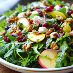 To make a delicious cranberry walnut salad, you need fresh and pantry ingredients. Here’s what you will need: - 4 cups mixed greens (arugula, spinach, and kale) - 1 cup dried cranberries - 1 cup walnuts, toasted - 1/2 cup crumbled feta cheese - 1/4 cup red onion, thinly sliced - 1/2 cup apple, diced (preferably a tart variety like Granny Smith) - 1/4 cup balsamic vinaigrette (homemade or store-bought) - Salt and pepper to taste - Fresh herbs for garnish (chopped parsley or cilantro) Using quality ingredients enhances the flavor of the salad. Fresh greens ensure a crisp texture. The dried cranberries add sweetness and a chewy bite. Toasted walnuts provide a nice crunch and rich taste. Each ingredient plays a role in making this salad a fresh and flavorful delight. You can take this salad to the next level with optional add-ins. Here are some ideas: - Avocado: Adds creaminess and healthy fats. - Grilled chicken: Boosts protein and makes it more filling. - Quinoa: Adds texture and extra protein. - Sunflower seeds: Provides a nutty flavor and crunch. Each of these options brings unique nutritional benefits. Avocado is rich in healthy fats. Grilled chicken adds lean protein. Quinoa offers fiber and essential amino acids. Sunflower seeds contain vitamin E and magnesium. Cranberries and walnuts offer many health benefits. - Cranberries: They are full of antioxidants. They can help improve heart health and reduce inflammation. - Walnuts: These nuts are a great source of omega-3 fatty acids. They support brain health and may lower heart disease risk. Mixed greens also contribute to your health. They are low in calories and high in vitamins. Eating mixed greens supports digestion and boosts your immune system. This salad is not just tasty; it’s a great choice for your health! Start by washing the mixed greens. You want them clean and crisp. Rinse them in cold water and spin them dry in a salad spinner. If you don’t have one, pat them dry with a clean towel. This step helps the dressing stick better later. Next, let’s toast the walnuts. This makes them crunchy and enhances their flavor. Heat a dry skillet over medium heat. Add the walnuts and stir often for about 5-7 minutes. You’ll know they are ready when they smell nutty and turn a light golden brown. Once toasted, remove them from the heat and let them cool. Now it’s time to combine everything. In a large salad bowl, add the mixed greens first. This gives a nice base. Next, sprinkle in the dried cranberries, toasted walnuts, crumbled feta cheese, thinly sliced red onion, and diced apple. For the best flavor, add the ingredients in this order. It allows the flavors to mix well. When you toss the salad, be gentle. Use two large spoons to lift and turn the greens. This way, you won’t bruise them. Making the dressing is easy. For a homemade balsamic vinaigrette, mix 1/4 cup balsamic vinegar with 1/2 cup olive oil in a jar. Add a pinch of salt and pepper. Shake well until mixed. When dressing the salad, drizzle the vinaigrette over the top. This helps coat every piece evenly. Toss the salad gently to ensure the greens and toppings are well coated. This step makes each bite full of flavor. For the full recipe, check out the Cranberry Walnut Delight Salad. To make the best Cranberry Walnut Salad, focus on texture and flavor. Here are some pro tips: - Choose fresh greens: Use a mix like arugula, spinach, and kale for variety. - Toast walnuts: This step adds great flavor. Heat them until golden, about 5-7 minutes. - Add sweetness: The dried cranberries bring a nice balance to the salad. Common mistakes can ruin your salad. Avoid these: - Overdressing: Too much dressing can make greens soggy. - Chopping too small: Keep your ingredients in larger pieces for better texture. Cranberry Walnut Salad pairs well with many dishes. Here are my favorites: - Grilled chicken: Its savory taste complements the salad’s sweetness. - Pasta dishes: A light pasta pairs nicely with this fresh salad. For presentation, consider these ideas: - Layer the salad: Use a clear bowl to show off the colorful layers. - Garnish with herbs: Fresh herbs like parsley or cilantro add a pop of color. You can easily adapt this salad for different diets. Here are some ideas: - Vegan option: Skip the feta cheese or use a vegan alternative. - Nut-free option: Replace walnuts with sunflower seeds for crunch. For seasonal variations, try these flavor profiles: - Add citrus: In spring, mix in orange segments for brightness. - Use seasonal fruits: In fall, swap apples for pears for a sweet twist. For the full recipe, check the section above. Enjoy making your salad unique! {{image_2}} You can change up the cranberry walnut salad based on the seasons. Each season brings new fruits and nuts to enjoy. - Winter: Try adding slices of pear and pecans for a cozy feel. - Spring: Fresh strawberries and pistachios bring a bright touch. - Summer: Use blueberries and almonds for a refreshing twist. - Fall: Add roasted sweet potatoes and hazelnuts to enhance the flavor. Using seasonal ingredients makes your salad fresh and exciting. Plus, it supports local farms. Adding protein to your salad makes it more filling and nutritious. Here are some great options: - Chicken: Grilled chicken adds a nice texture and flavor. - Tofu: Marinated tofu is a great plant-based choice. - Chickpeas: Canned or roasted chickpeas give a hearty crunch. - Quinoa: Adding cooked quinoa boosts fiber and protein. These proteins can change the salad's taste and texture. They make every bite satisfying and hearty. While balsamic vinaigrette is classic, you can try other dressings too. Here are some ideas: - Honey mustard: This adds a sweet and tangy kick. - Lemon vinaigrette: A bright, zesty option for a fresh twist. - Ranch dressing: For those who prefer creamy dressings. If you want to make a homemade vinaigrette, here’s a simple recipe: 1. Mix 1 part vinegar (like apple cider or red wine) with 3 parts olive oil. 2. Add a teaspoon of mustard and a pinch of salt and pepper. 3. Shake or whisk until blended. Feel free to get creative with your dressings. Each one can change the salad's flavor and make it a new experience. To keep your Cranberry Walnut Salad fresh, store it properly. First, make sure the salad is cool. Use an airtight container for best results. This helps to keep the ingredients crisp. If you have dressing left, store it separately. This prevents the greens from wilting. Enjoy your salad within three days for optimal taste. You don't need to reheat a salad, but you can refresh it. To bring back its crunch, add a bit of fresh greens. Toss in some new cranberries or walnuts. This will boost the flavor too. If the salad seems soggy, try adding a small amount of fresh dressing. It will bring life back to the mix. Freezing is tricky with salads. I recommend not freezing the whole salad. However, you can freeze the walnuts. Place them in a freezer bag, and remove the air. For thawing, leave them in the fridge overnight. Avoid freezing the greens, cranberries, or cheese. These ingredients do not hold up well. Use them fresh for the best taste. For the full recipe, check out the Cranberry Walnut Delight Salad. If you have nut allergies or dislike walnuts, try sunflower seeds or pumpkin seeds. These options add crunch and flavor. Chopped pecans or almonds can also work well. Each substitute brings its own taste. Use what you love for the best experience. Yes, you can prepare this salad ahead of time. To keep it fresh, store the dressing separately. Combine all the other ingredients in a bowl. Cover it tightly with plastic wrap or a lid. When ready to serve, add the dressing and toss gently. This keeps the greens crisp and tasty. For a flavorful base, mixed greens are great. I recommend using arugula, spinach, and kale. These greens add texture and taste. They're packed with nutrients too. Feel free to mix and match according to your preference. Fresh greens make all the difference in this salad. Cranberry Walnut Salad is a tasty choice. It blends fresh ingredients and healthy options, making it a great dish. Quality matters for the best flavors. You can customize it with add-ins or dressings. Remember, it’s all about balancing flavors, textures, and nutrition. The tips provided will help you avoid mistakes. With these steps, your salad will impress anyone. Enjoy exploring different variations and share them with friends! This salad can fit any season or diet. Now, it's time to enjoy your creation!