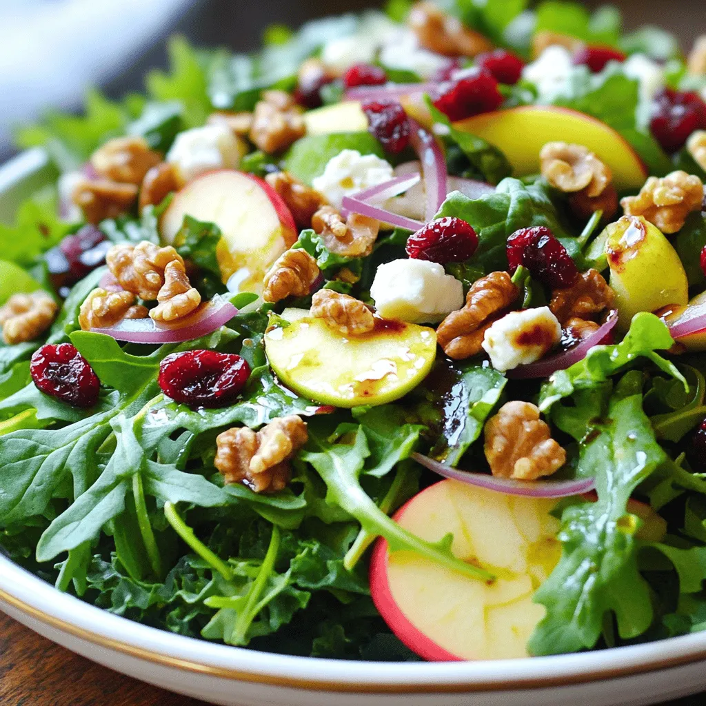 To make a delicious cranberry walnut salad, you need fresh and pantry ingredients. Here’s what you will need: - 4 cups mixed greens (arugula, spinach, and kale) - 1 cup dried cranberries - 1 cup walnuts, toasted - 1/2 cup crumbled feta cheese - 1/4 cup red onion, thinly sliced - 1/2 cup apple, diced (preferably a tart variety like Granny Smith) - 1/4 cup balsamic vinaigrette (homemade or store-bought) - Salt and pepper to taste - Fresh herbs for garnish (chopped parsley or cilantro) Using quality ingredients enhances the flavor of the salad. Fresh greens ensure a crisp texture. The dried cranberries add sweetness and a chewy bite. Toasted walnuts provide a nice crunch and rich taste. Each ingredient plays a role in making this salad a fresh and flavorful delight. You can take this salad to the next level with optional add-ins. Here are some ideas: - Avocado: Adds creaminess and healthy fats. - Grilled chicken: Boosts protein and makes it more filling. - Quinoa: Adds texture and extra protein. - Sunflower seeds: Provides a nutty flavor and crunch. Each of these options brings unique nutritional benefits. Avocado is rich in healthy fats. Grilled chicken adds lean protein. Quinoa offers fiber and essential amino acids. Sunflower seeds contain vitamin E and magnesium. Cranberries and walnuts offer many health benefits. - Cranberries: They are full of antioxidants. They can help improve heart health and reduce inflammation. - Walnuts: These nuts are a great source of omega-3 fatty acids. They support brain health and may lower heart disease risk. Mixed greens also contribute to your health. They are low in calories and high in vitamins. Eating mixed greens supports digestion and boosts your immune system. This salad is not just tasty; it’s a great choice for your health! Start by washing the mixed greens. You want them clean and crisp. Rinse them in cold water and spin them dry in a salad spinner. If you don’t have one, pat them dry with a clean towel. This step helps the dressing stick better later. Next, let’s toast the walnuts. This makes them crunchy and enhances their flavor. Heat a dry skillet over medium heat. Add the walnuts and stir often for about 5-7 minutes. You’ll know they are ready when they smell nutty and turn a light golden brown. Once toasted, remove them from the heat and let them cool. Now it’s time to combine everything. In a large salad bowl, add the mixed greens first. This gives a nice base. Next, sprinkle in the dried cranberries, toasted walnuts, crumbled feta cheese, thinly sliced red onion, and diced apple. For the best flavor, add the ingredients in this order. It allows the flavors to mix well. When you toss the salad, be gentle. Use two large spoons to lift and turn the greens. This way, you won’t bruise them. Making the dressing is easy. For a homemade balsamic vinaigrette, mix 1/4 cup balsamic vinegar with 1/2 cup olive oil in a jar. Add a pinch of salt and pepper. Shake well until mixed. When dressing the salad, drizzle the vinaigrette over the top. This helps coat every piece evenly. Toss the salad gently to ensure the greens and toppings are well coated. This step makes each bite full of flavor. For the full recipe, check out the Cranberry Walnut Delight Salad. To make the best Cranberry Walnut Salad, focus on texture and flavor. Here are some pro tips: - Choose fresh greens: Use a mix like arugula, spinach, and kale for variety. - Toast walnuts: This step adds great flavor. Heat them until golden, about 5-7 minutes. - Add sweetness: The dried cranberries bring a nice balance to the salad. Common mistakes can ruin your salad. Avoid these: - Overdressing: Too much dressing can make greens soggy. - Chopping too small: Keep your ingredients in larger pieces for better texture. Cranberry Walnut Salad pairs well with many dishes. Here are my favorites: - Grilled chicken: Its savory taste complements the salad’s sweetness. - Pasta dishes: A light pasta pairs nicely with this fresh salad. For presentation, consider these ideas: - Layer the salad: Use a clear bowl to show off the colorful layers. - Garnish with herbs: Fresh herbs like parsley or cilantro add a pop of color. You can easily adapt this salad for different diets. Here are some ideas: - Vegan option: Skip the feta cheese or use a vegan alternative. - Nut-free option: Replace walnuts with sunflower seeds for crunch. For seasonal variations, try these flavor profiles: - Add citrus: In spring, mix in orange segments for brightness. - Use seasonal fruits: In fall, swap apples for pears for a sweet twist. For the full recipe, check the section above. Enjoy making your salad unique! {{image_2}} You can change up the cranberry walnut salad based on the seasons. Each season brings new fruits and nuts to enjoy. - Winter: Try adding slices of pear and pecans for a cozy feel. - Spring: Fresh strawberries and pistachios bring a bright touch. - Summer: Use blueberries and almonds for a refreshing twist. - Fall: Add roasted sweet potatoes and hazelnuts to enhance the flavor. Using seasonal ingredients makes your salad fresh and exciting. Plus, it supports local farms. Adding protein to your salad makes it more filling and nutritious. Here are some great options: - Chicken: Grilled chicken adds a nice texture and flavor. - Tofu: Marinated tofu is a great plant-based choice. - Chickpeas: Canned or roasted chickpeas give a hearty crunch. - Quinoa: Adding cooked quinoa boosts fiber and protein. These proteins can change the salad's taste and texture. They make every bite satisfying and hearty. While balsamic vinaigrette is classic, you can try other dressings too. Here are some ideas: - Honey mustard: This adds a sweet and tangy kick. - Lemon vinaigrette: A bright, zesty option for a fresh twist. - Ranch dressing: For those who prefer creamy dressings. If you want to make a homemade vinaigrette, here’s a simple recipe: 1. Mix 1 part vinegar (like apple cider or red wine) with 3 parts olive oil. 2. Add a teaspoon of mustard and a pinch of salt and pepper. 3. Shake or whisk until blended. Feel free to get creative with your dressings. Each one can change the salad's flavor and make it a new experience. To keep your Cranberry Walnut Salad fresh, store it properly. First, make sure the salad is cool. Use an airtight container for best results. This helps to keep the ingredients crisp. If you have dressing left, store it separately. This prevents the greens from wilting. Enjoy your salad within three days for optimal taste. You don't need to reheat a salad, but you can refresh it. To bring back its crunch, add a bit of fresh greens. Toss in some new cranberries or walnuts. This will boost the flavor too. If the salad seems soggy, try adding a small amount of fresh dressing. It will bring life back to the mix. Freezing is tricky with salads. I recommend not freezing the whole salad. However, you can freeze the walnuts. Place them in a freezer bag, and remove the air. For thawing, leave them in the fridge overnight. Avoid freezing the greens, cranberries, or cheese. These ingredients do not hold up well. Use them fresh for the best taste. For the full recipe, check out the Cranberry Walnut Delight Salad. If you have nut allergies or dislike walnuts, try sunflower seeds or pumpkin seeds. These options add crunch and flavor. Chopped pecans or almonds can also work well. Each substitute brings its own taste. Use what you love for the best experience. Yes, you can prepare this salad ahead of time. To keep it fresh, store the dressing separately. Combine all the other ingredients in a bowl. Cover it tightly with plastic wrap or a lid. When ready to serve, add the dressing and toss gently. This keeps the greens crisp and tasty. For a flavorful base, mixed greens are great. I recommend using arugula, spinach, and kale. These greens add texture and taste. They're packed with nutrients too. Feel free to mix and match according to your preference. Fresh greens make all the difference in this salad. Cranberry Walnut Salad is a tasty choice. It blends fresh ingredients and healthy options, making it a great dish. Quality matters for the best flavors. You can customize it with add-ins or dressings. Remember, it’s all about balancing flavors, textures, and nutrition. The tips provided will help you avoid mistakes. With these steps, your salad will impress anyone. Enjoy exploring different variations and share them with friends! This salad can fit any season or diet. Now, it's time to enjoy your creation!