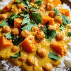 To make a delicious sweet potato and chickpea curry, you need fresh and vibrant ingredients. Here’s the list of what you’ll need: - 2 medium sweet potatoes, peeled and diced - 1 can (15 oz) chickpeas, drained and rinsed - 1 large onion, finely chopped - 3 cloves garlic, minced - 1 inch ginger, grated - 1 can (14 oz) coconut milk - 2 tablespoons curry powder - 1 teaspoon turmeric - 1 teaspoon cumin - 1 tablespoon olive oil - 1 cup vegetable broth - Salt, to taste - Fresh cilantro, for garnish - Red pepper flakes (optional, for heat) These ingredients work together to create a rich and hearty dish. The sweet potatoes bring a natural sweetness, while the chickpeas add protein. Coconut milk gives the curry a creamy texture without dairy. Each spice adds its unique flair to the flavor profile. When picking sweet potatoes, choose ones that feel firm and heavy. Look for chickpeas in a can that are low in sodium for a healthier option. Fresh herbs like cilantro add brightness when you garnish your curry, making it visually appealing and tasty. For the full recipe, check out the detailed instructions to create this savory delight! 1. Heat olive oil and sauté onion, garlic, and ginger: Start by taking a large pot or Dutch oven. Pour in a tablespoon of olive oil and turn the heat to medium. Once the oil is warm, add the finely chopped onion. Stir it for about five minutes until it turns translucent. Next, add three minced garlic cloves and one inch of grated ginger. Stir for one more minute until you smell that nice aroma. 2. Toast spices, add sweet potatoes and chickpeas: Now it’s time to add flavor. Sprinkle two tablespoons of curry powder, one teaspoon of turmeric, and one teaspoon of cumin into the pot. Stir everything for about a minute to toast the spices. Then, add two medium sweet potatoes, peeled and diced, along with a can of drained and rinsed chickpeas. Mix it all well with the spices and aromatics. 1. Combine with coconut milk and vegetable broth: Next, pour in one can of coconut milk and one cup of vegetable broth. Stir to mix everything together. Bring the mixture to a gentle simmer. 2. Simmer and cook until sweet potatoes are tender: Cover the pot and let the curry simmer for about 20 to 25 minutes. Check it every now and then, stirring occasionally. You want those sweet potatoes to be tender, so a fork should easily pierce them. 1. Season with salt and garnish before serving: Once your sweet potatoes are soft, season the curry with salt to taste. If you like heat, add some red pepper flakes. 2. Serving suggestions with rice or quinoa: For a great meal, serve the curry over fluffy jasmine rice or quinoa. You can also drizzle some extra coconut cream on top. A few lime wedges on the side add a nice, fresh zing. For the complete recipe, check out the Full Recipe section. - Cut sweet potatoes into even pieces. This helps them cook at the same time. - Adjust spices to fit your taste. If you like heat, add more red pepper flakes. - Serve your curry over fluffy jasmine rice or quinoa. It makes a lovely base. - Add a drizzle of coconut cream for a creamy touch. Lime wedges give a nice twist. - For extra flavor, add a splash of lime juice. It brightens the dish so well. - You can mix in spinach or kale for added nutrition. They cook down nicely with the curry. - Try adding a spoon of peanut butter for a unique taste. It gives a nutty richness. For the full recipe, check out the details above. Enjoy your cooking adventure! {{image_2}} You can easily make this dish vegan and gluten-free. The main ingredients, sweet potatoes and chickpeas, fit both diets. Use vegetable broth instead of chicken broth to keep it vegan. Check labels on canned ingredients to ensure they are gluten-free. If you have nut allergies, skip any nut-based toppings. You can add more veggies to boost flavor and nutrition. Spinach adds a nice green color and is packed with vitamins. Bell peppers give sweetness and crunch. To adjust heat levels, add more or fewer red pepper flakes. Try different curry types like Madras or Thai for unique tastes. You can also add lemon juice for a zesty kick. This curry is versatile and can be served in many ways. You can spoon it into wraps for a fun meal. It works well in bowls with rice or quinoa. You can even top salads with the curry for a hearty dish. Each way brings out different flavors and textures. Experiment and find your favorite! For the full recipe, check out the [Full Recipe]. To store your Sweet Potato and Chickpea Curry, follow these steps: - Refrigeration: Let the curry cool to room temperature. Transfer it to an airtight container. It will last in the fridge for up to 4 days. - Freezing: For longer storage, freeze the curry. Use freezer-safe containers or bags. It will keep well for up to 3 months. When ready to enjoy your leftovers, here’s how to reheat: - Microwave: Place a portion in a microwave-safe bowl. Cover with a lid or microwave-safe wrap. Heat for 2-3 minutes, stirring halfway through. - Stovetop: Pour the curry into a saucepan. Heat over medium heat, stirring often. Add a splash of vegetable broth if it seems thick. To refresh the dish, stir in a little coconut milk or squeeze fresh lime juice before serving. This adds creaminess and brightness back into the curry. Enjoy each bite as if it’s fresh! What are the health benefits of sweet potatoes and chickpeas? Sweet potatoes are rich in vitamins A and C. They are also high in fiber, which helps digestion. Chickpeas provide protein and iron. Together, they make a healthy meal that keeps you full and satisfied. Can I make this curry ahead of time? Yes, you can make this curry in advance. It tastes even better after the flavors meld together. Store it in the fridge for up to three days. You can also freeze it for up to three months. How can I thicken the curry if it's too runny? If your curry is too runny, you can add a bit of cornstarch mixed with water. Stir it in and let it cook for a few more minutes. Alternatively, mash some sweet potatoes in the pot to help thicken the sauce. Can I use fresh chickpeas instead of canned? Yes, you can use fresh chickpeas, but they need to be cooked first. Soak them overnight, then boil until tender. This may take longer than using canned chickpeas, but the flavor will be worth it! Can I use other types of potatoes or beans? You can use other potatoes like Yukon gold or red potatoes. For beans, you can swap in black beans or kidney beans. Just remember that cooking times may vary, so adjust as needed. What can I use in place of coconut milk? If you don’t have coconut milk, try almond milk or cashew cream. These will change the flavor a bit but will still give you a creamy texture. You could also use vegetable broth for a lighter version. For the full recipe, check out the Sweet Potato & Chickpea Bliss Curry! This blog post covered a delicious curry recipe packed with sweet potatoes and chickpeas. We explored all the key ingredients, step-by-step cooking instructions, and helpful tips. You learned how to add flavor and make it fit your diet. Plus, I shared storage tips and answered common questions. Cooking can be fun and rewarding. The right ingredients and methods make a big difference. Enjoy your tasty creation!