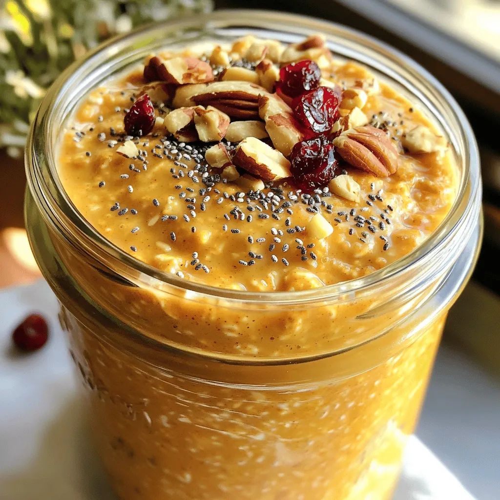 To make pumpkin spice overnight oats, gather these simple ingredients: - 1 cup rolled oats - 1 cup almond milk (or your preferred milk) - ½ cup canned pumpkin puree - 2 tablespoons chia seeds - 2 tablespoons maple syrup (or honey) - 1 teaspoon pumpkin spice - ½ teaspoon vanilla extract - Pinch of salt These ingredients create a creamy and flavorful base. The oats soak up the milk, making them soft and tasty. Canned pumpkin adds a rich texture and a hint of sweetness. Chia seeds help thicken the mixture and boost nutrition. Maple syrup or honey sweetens it just right, while pumpkin spice gives that warm, cozy flavor. You can add some fun toppings to make your oats even better. Try these: - Chopped nuts - Dried cranberries - Coconut flakes These toppings add crunch and extra flavors. Nuts give a nice bite, dried cranberries add a sweet chew, and coconut flakes bring a tropical twist. You can mix and match to find your favorite combination. Enjoy your creation, and don't forget to check out the Full Recipe for more tips! First, gather all your ingredients. This makes things fast and easy. You need rolled oats, almond milk, pumpkin puree, chia seeds, maple syrup, pumpkin spice, vanilla extract, and a pinch of salt. Optional toppings like nuts or coconut can add flavor. In a bowl, add the rolled oats and almond milk. Next, mix in the pumpkin puree, chia seeds, maple syrup, pumpkin spice, vanilla extract, and salt. Stir it all together well. Make sure each oat gets coated in the pumpkin mix. This helps the oats soak up all the good flavors. Now, divide the mixture into two mason jars or any airtight containers. Seal them tight and place them in the fridge. Let them chill overnight or for at least 4-6 hours. This time lets the oats soften and absorb the milk. In the morning, stir the oats. If they seem too thick, add a splash of almond milk. Enjoy them right from the jar or serve in a bowl. This is a simple way to have a tasty breakfast! You can find the Full Recipe [here]. To get the right texture in your pumpkin spice overnight oats, use the right ratio of oats to liquid. I like one cup of oats to one cup of milk. This mix gives a creamy feel. If you want thicker oats, add less milk. For creamier oats, add a bit more. Always stir well after soaking. This helps mix the oats with the pumpkin puree. If you find them too thick in the morning, just add a splash of milk to loosen them up. To make your oats burst with flavor, use fresh spices. I love using fresh pumpkin spice. It adds warmth and depth. You can also try adding a splash of vanilla extract. This gives a lovely aroma. If you want more sweetness, add extra maple syrup or honey. Don’t forget to add a pinch of salt. It balances the sweetness and enhances all the flavors. For a twist, mix in some chocolate chips or dried fruit for extra taste. These oats are great for meal prep. You can make a big batch on a Sunday. Simply double or triple the recipe. Store them in jars in the fridge for easy breakfasts. They last well for four to five days. When ready to eat, just grab a jar. You can enjoy them cold or heat them for a warm breakfast. Top with your favorite nuts or fruit to keep things exciting. This way, you have a tasty meal ready to go each morning. For the complete recipe, be sure to check the Full Recipe section above. {{image_2}} You can switch the milk in this recipe to fit your taste. Almond milk is great, but you can use any milk. Try oat milk for a creamy texture or soy milk for extra protein. If you want a rich flavor, use whole milk or coconut milk. Each type adds a unique taste to the oats. This recipe is flexible with seasonal ingredients. In fall, use fresh pumpkin if you can find it. In spring, try using fresh berries instead of pumpkin. You can also swap pumpkin spice with cinnamon or nutmeg for a different twist. Get creative and make it fun with what you have! Adding flavors can take your oats to the next level. Try stirring in a spoonful of nut butter for creaminess. You can also mix in some cocoa powder for a chocolatey kick. For extra sweetness, add a splash of vanilla or a dash of maple extract. The options are endless, so have fun experimenting! Store your pumpkin spice overnight oats in airtight containers. Glass mason jars work great for this. Always seal them tightly to keep out air and moisture. This helps maintain freshness and flavor. If you use toppings, add them right before serving. This keeps them crunchy. When stored properly, your overnight oats last up to five days in the fridge. The oats and pumpkin flavors will blend better over time. However, they may lose some texture after a few days. If you notice any off smells, it’s best to toss them out. You can enjoy these oats cold or warm them up. To heat, transfer the oats to a microwave-safe bowl. Heat in short bursts of 30 seconds, stirring in between. If the oats seem thick, add a splash of almond milk to loosen them up. Enjoy them straight from the bowl or jar! For the full recipe, check out the complete guide. Yes, you can easily make Pumpkin Spice Overnight Oats vegan. To do this, use almond milk or any plant-based milk. Instead of honey, stick with maple syrup. Both swaps keep the recipe delicious and vegan-friendly. You can store overnight oats in the fridge for up to five days. Just make sure to keep them in an airtight container. This way, they stay fresh and ready for a quick breakfast. If you want to swap maple syrup, try using agave nectar or honey. Both options add sweetness without changing the taste much. You could also use mashed bananas for a healthy twist. This blog post walked you through making pumpkin spice overnight oats. You learned about key ingredients, mixing steps, and storage tips. I shared helpful tricks to boost flavor and various options to change things up. Remember, you can use different milk or toppings to fit your taste. Storing your oats properly helps them last longer. Enjoy your delicious, healthy meal prep. It’s easy, fun, and keeps you satisfied!