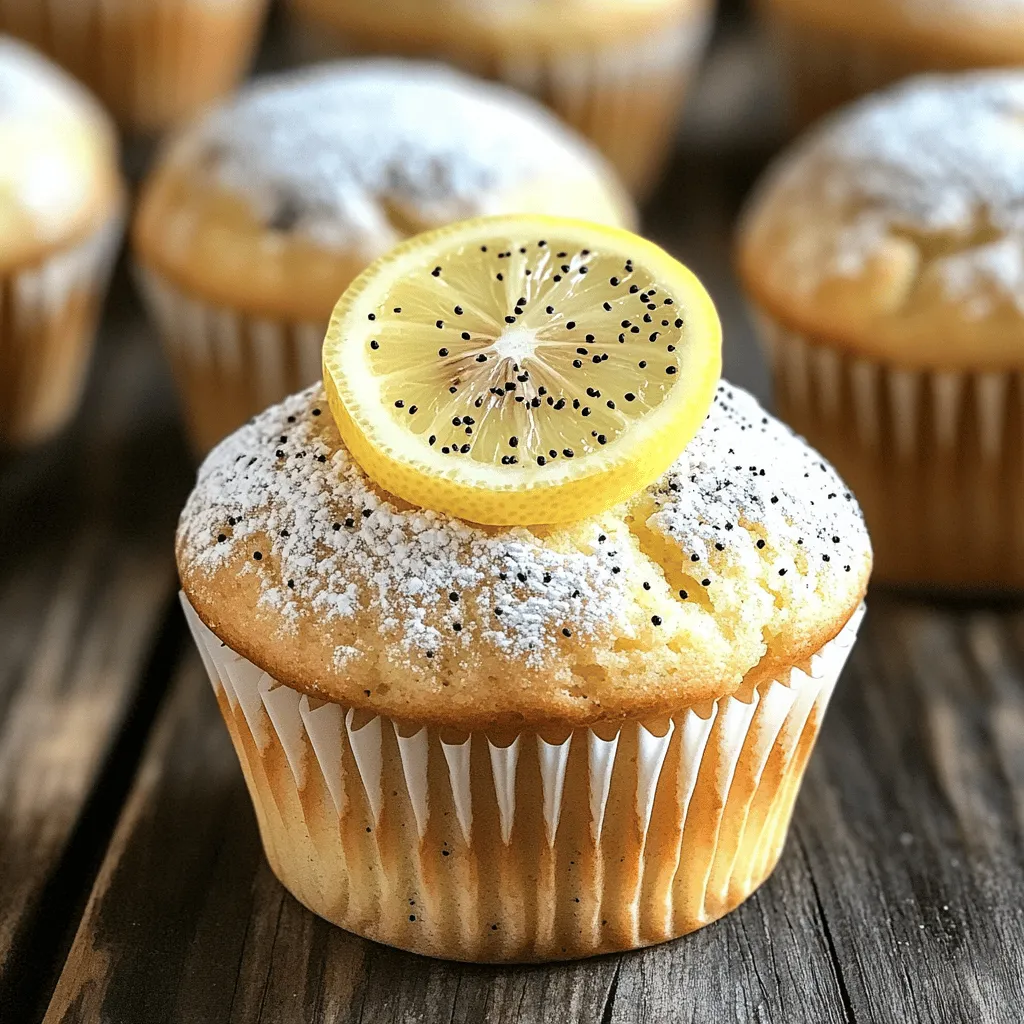 To make delicious lemon poppy seed muffins, you need these simple ingredients: - 1 ½ cups all-purpose flour - 1 tablespoon poppy seeds - 1 teaspoon baking powder - ½ teaspoon baking soda - ½ teaspoon salt - ½ cup unsalted butter, softened - 1 cup granulated sugar - 2 large eggs - 1 tablespoon lemon zest (about 1 lemon) - ½ teaspoon vanilla extract - 1 cup buttermilk - 2 tablespoons fresh lemon juice If you don’t have all the ingredients, here are some easy swaps: - Use whole wheat flour for a heartier muffin. - Swap buttermilk with regular milk and a splash of vinegar. - Replace unsalted butter with coconut oil for a dairy-free option. - Use honey or maple syrup instead of granulated sugar for a natural sweetener. Choosing fresh ingredients makes a big difference in flavor. Here are some tips: - Look for bright yellow lemons with smooth skin. They should feel firm. - Check the buttermilk expiration date to ensure it’s fresh. - Choose poppy seeds that are whole and not stale. Store them in a cool, dark place. - Use butter that is soft, not melted, for the best texture. Fresh ingredients help create the perfect lemon poppy seed muffins. For the full recipe, follow the steps in the next section. First, gather all your ingredients. This helps make the process smooth. You will need: - 1 ½ cups all-purpose flour - 1 tablespoon poppy seeds - 1 teaspoon baking powder - ½ teaspoon baking soda - ½ teaspoon salt - ½ cup unsalted butter, softened - 1 cup granulated sugar - 2 large eggs - 1 tablespoon lemon zest (about 1 lemon) - ½ teaspoon vanilla extract - 1 cup buttermilk - 2 tablespoons fresh lemon juice Next, preheat your oven to 350°F (175°C). Line a muffin tin with paper liners or grease it well. Now, take a medium bowl and whisk the flour, poppy seeds, baking powder, baking soda, and salt. Mix until everything blends well. Set this bowl aside for later. In a large bowl, cream the softened butter and sugar together. Use an electric mixer at medium speed for about 2-3 minutes. You want the mix to be light and fluffy. Then, add the eggs one at a time. Stir well after each egg. Next, mix in the lemon zest and vanilla extract. Now, it's time to add the dry ingredients. Lower the mixer speed and alternate adding the flour mix and buttermilk. Start and end with flour. Mix until just combined. Be careful not to overmix; this keeps your muffins light. Gently fold in the fresh lemon juice with a spatula. Now, divide the batter among the muffin cups. Fill each cup about two-thirds full. Bake the muffins for 18-20 minutes. Use a toothpick to check if they’re done; it should come out clean. Once your muffins are baked, take them out of the oven. Let them cool in the pan for 5 minutes. After that, move them to a wire rack to cool completely. For a lovely touch, dust the tops with powdered sugar and add a thin slice of lemon. Serve these muffins warm for the best taste. If you're curious about more details, check out the Full Recipe for all the steps. Enjoy your fresh and fluffy lemon poppy seed muffins! To make your lemon poppy seed muffins fluffy, focus on your mixing. Cream the butter and sugar well until light and airy. This step adds air to the mix. Next, avoid overmixing when you combine wet and dry ingredients. Stop mixing once you see no dry flour. This keeps the muffins tender. Using room temperature ingredients also helps. Cold butter or eggs can create a dense muffin. One common mistake is overbaking the muffins. Check them around 18 minutes. Insert a toothpick; it should come out clean. If you bake them too long, they can dry out. Another mistake is not measuring your flour properly. Too much flour makes them heavy. Use a spoon to scoop flour into your measuring cup, then level it off for accuracy. Lastly, don’t skip the lemon zest. It adds needed flavor and brightness. Use a good muffin tin for even baking. Non-stick or silicone pans work best. If you use paper liners, choose quality ones to prevent sticking. An electric mixer helps achieve the right texture quickly. A whisk is great for mixing dry ingredients. Lastly, invest in a reliable oven thermometer. It ensures your oven’s temperature is accurate. This tool can prevent baking mishaps. To get the full experience, check out the Full Recipe for detailed steps. {{image_2}} You can easily make gluten-free lemon poppy seed muffins. Just swap the all-purpose flour for a gluten-free blend. Look for a mix that contains xanthan gum. This will help the muffins rise and stay fluffy. Follow the same steps in the Full Recipe. Your muffins will taste just as fresh and bright! To make vegan lemon poppy seed muffins, replace eggs with flax eggs. Mix one tablespoon of flaxseed meal with three tablespoons of water. Let it sit for a few minutes to thicken. Use a plant-based butter instead of regular butter. Substitute buttermilk with almond milk and a bit of lemon juice. This keeps the muffins moist and adds flavor. You can boost the flavor of your muffins by adding ingredients. Blueberries add a nice burst of sweetness. Just fold in about one cup of fresh or frozen blueberries into the batter. Almond extract can also enhance the lemon flavor. Use about half a teaspoon instead of vanilla. This will give your muffins a lovely twist that you will enjoy! To keep your lemon poppy seed muffins fresh, store them in an airtight container. This helps keep moisture inside. Place a paper towel at the bottom of the container to absorb extra moisture. Keep the muffins at room temperature for up to three days. If you need to store them longer, use the freezer. Freezing your muffins is easy. First, let them cool completely. Wrap each muffin in plastic wrap. Then, place the wrapped muffins in a freezer bag. Make sure to remove as much air as possible. You can freeze them for up to three months. Label the bag with the date, so you remember when you froze them. To enjoy your muffins again, you can reheat them easily. If they are frozen, take them out and let them sit at room temperature for about 30 minutes. You can also microwave them for 15-20 seconds. For a crispier top, heat them in an oven at 350°F (175°C) for about 5-10 minutes. This way, they taste fresh-baked again. For the best flavor, serve them warm. Check out the Full Recipe to see how to make them! Yes, you can make the batter ahead. Mix the dry ingredients and wet ingredients separately. Store them in the fridge. Combine them just before baking. This keeps the muffins fresh and fluffy. To reduce sweetness, cut back on sugar. Use ¾ cup instead of 1 cup. You can also add more lemon juice. This adds flavor without extra sugar. Another option is to use unsweetened applesauce. This keeps them moist and lowers sweetness. Each muffin has about 200 calories. It contains 8 grams of fat, 28 grams of carbs, and 3 grams of protein. You also get about 1 gram of fiber. The muffins are not low-calorie but are a treat. Enjoy them in moderation. Check the muffins after 18 minutes. Insert a toothpick into the center of one muffin. If it comes out clean, the muffins are done. If not, bake for another 1-2 minutes. Keep an eye on them to avoid overbaking. You learned about making delicious lemon poppy seed muffins. We covered key ingredients, baking steps, and tips for best results. I shared tasty variations and proper storage methods. Remember, fluffy muffins come from using fresh ingredients and following the steps. Avoid common mistakes for a perfect bake. With these tools, you can enjoy great muffins anytime. Keep experimenting with flavors and feel free to share your successes! Happy baking!