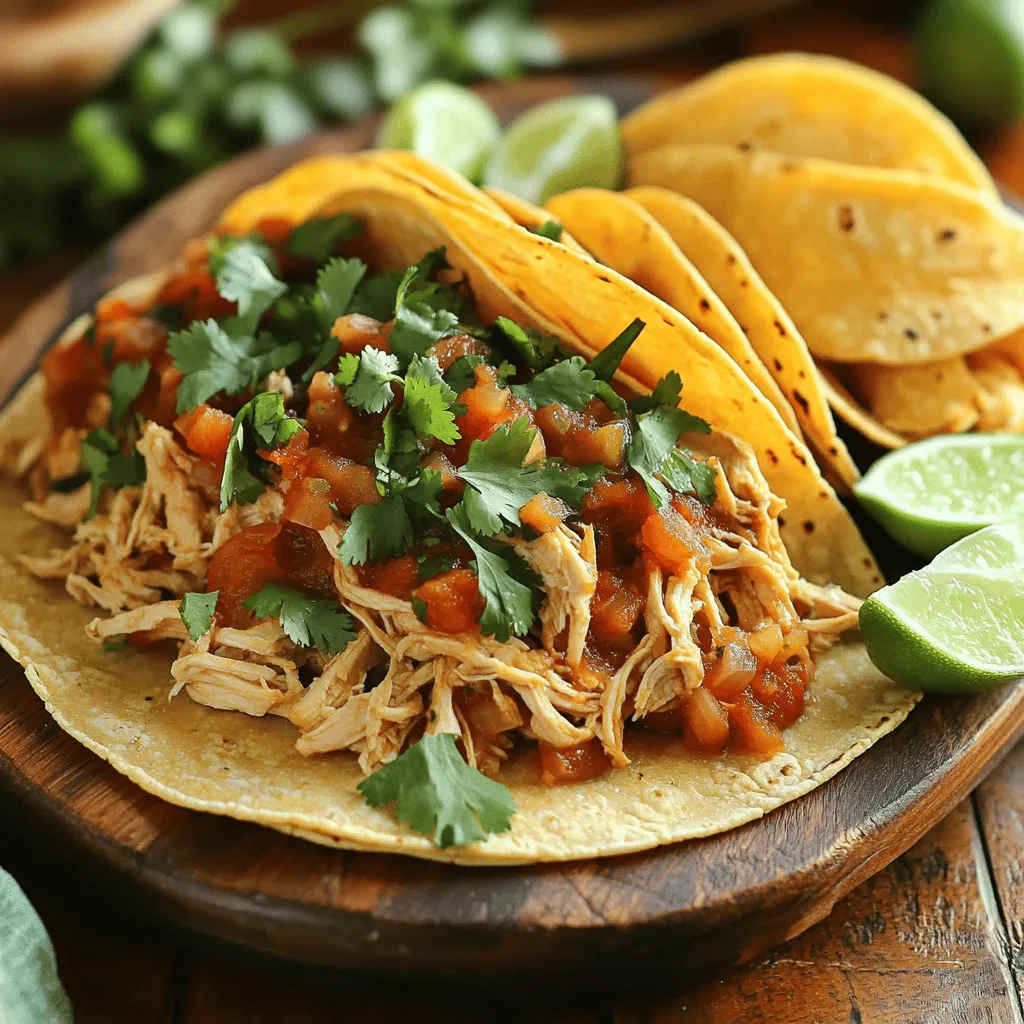 For the best slow cooker chicken tacos, gather these key ingredients: - 2 lbs boneless, skinless chicken thighs - 1 medium onion, diced - 2 cloves garlic, minced - 1 can (15 oz) diced tomatoes with green chilies - 1 tablespoon chili powder - Seasonings: cumin, smoked paprika, oregano, salt, and pepper These ingredients work together to create a rich and tasty dish. The chicken thighs stay juicy and absorb all the flavors from the spices and tomatoes. The onion and garlic add depth, while the chili powder brings heat. To make your tacos even more special, consider these toppings and sides: - Fresh cilantro, chopped - Lime wedges - Avocado slices - Suggested side dishes: rice, beans, or a fresh salad These toppings add freshness and flavor. Squeezing lime over the tacos brightens the taste. Avocado slices offer creaminess, making each bite a joy. You can customize your meal based on what you enjoy. For the complete details of this delicious dish, check the Full Recipe. Start by placing the chicken thighs in the slow cooker. Spread them out at the bottom. This helps them cook evenly. Next, you need to mix your sauce ingredients. In a bowl, combine the diced onion, minced garlic, diced tomatoes, and tomato sauce. Make sure you keep the tomato juices; they add great flavor. Now, sprinkle the chili powder, cumin, smoked paprika, oregano, salt, and pepper over the chicken. I like to season well for rich taste. Pour that tomato mixture over the chicken, covering it completely. This is where the magic begins! Set your slow cooker to low for 6-8 hours or high for 3-4 hours. This gives you flexibility based on your day. When you’re ready, check if the chicken is tender. You should be able to shred it easily with a fork. Shred the chicken in the slow cooker with two forks. Mix it well with the sauce. This will keep the chicken juicy. Warm the corn tortillas in a skillet over medium heat. Heat them for about 30 seconds on each side. This makes them soft and pliable. Now, serve the shredded chicken mixture on the tortillas. Don’t forget to garnish! Add chopped cilantro and squeeze lime juice over the top. If you love avocado, add slices for extra creaminess. For presentation, I recommend serving the tacos on a large platter. Place lime wedges and a bowl of chopped cilantro on the side. This way, everyone can customize their tacos to their taste. Enjoy your Savory Slow Cooker Chicken Tacos with friends and family! For the full recipe, check out the earlier section. To ensure juicy and tender chicken, always use chicken thighs. They have more fat than breasts, which keeps them moist. Season the chicken well before adding sauce. This step enhances the flavor. When shredding chicken, use two forks. Hold one fork in the shredded chicken, and pull with the other. This method works fast and easy. Shred the chicken right in the slow cooker. It mixes well with the sauce this way. You can adjust spices for your taste. If you like heat, add more chili powder or cumin. For a milder flavor, reduce the spices. Always taste the sauce before serving. Consider adding extra ingredients for a richer flavor. You might add chopped bell peppers or corn. They add sweetness and texture. Fresh lime juice can brighten the dish too. A squeeze just before serving makes the tacos pop. For the full recipe, check the details above for all the ingredients and steps. {{image_2}} You can switch up the protein in this recipe. While chicken is great, consider using beef or pork. Both add different flavors and textures. For a veggie option, try black beans or jackfruit. These alternatives make the dish fun and unique. Just adjust the cooking time based on the protein you choose. Spice things up by mixing in different seasonings. For a kick, add cayenne pepper or chipotle powder. You can also try a dash of salsa or hot sauce for extra zest. Incorporating veggies like bell peppers or corn can add color and crunch. This way, every bite is packed with flavor and nutrients. Tortillas are classic, but you can get creative. Use lettuce wraps for a low-carb option or serve the chicken over rice for a filling bowl. Pair your tacos with sides like black beans or cilantro lime rice. These options enhance your meal and make it even more satisfying. For the full recipe, check out the section above. To keep your leftover chicken tacos fresh, store them in the fridge. Place the tacos in an airtight container. They will last for about 3 to 4 days. If you want to store them longer, you can freeze the chicken mixture. Just let it cool first. Use a freezer-safe bag or container. The tacos will stay good for about 2 to 3 months in the freezer. When it's time to enjoy your leftovers, reheating is key. The best way to warm your chicken tacos is in the microwave. Place the chicken mixture on a microwave-safe plate. Cover it with a damp paper towel. Heat for about 1 to 2 minutes or until hot. For tortillas, warm them in a skillet. Heat over medium for about 30 seconds on each side. This keeps them soft and tasty. You can also use an oven. Wrap the tacos in foil and heat at 350°F for 10 to 15 minutes. Enjoy your meal with fresh toppings! Cooking slow cooker chicken tacos takes about 6 to 8 hours on low heat. If you're in a hurry, you can set it on high for 3 to 4 hours. The chicken should always be very tender when done. This long cooking time helps all the flavors meld together, making a rich and savory dish. Yes, you can use frozen chicken thighs. Just remember to add about an hour to the cooking time. Make sure to check that the chicken reaches a safe temperature of 165°F. Cooking from frozen can still give you great results, but thawing it first might allow for better flavor absorption. Some popular toppings for your tacos include: - Fresh cilantro - Diced onions - Chopped tomatoes - Creamy avocado slices - Shredded cheese - Squeeze of lime You can mix and match these toppings to suit your taste. A squeeze of lime adds a bright flavor, while avocado gives creaminess. Enjoy getting creative with your taco toppings! For the full recipe, click [Full Recipe]. Slow cooker chicken tacos are easy to make and full of flavor. We discussed the main ingredients like chicken thighs, diced tomatoes, and seasonings. I shared how to prepare and cook the chicken, plus tips for tasty toppings. You can mix up the recipe with different proteins and enjoy creative servings. Now you can enjoy delicious tacos any day. Try these tips and experiment with your favorite flavors. Your slow cooker is ready to help you create quick, satisfying meals.