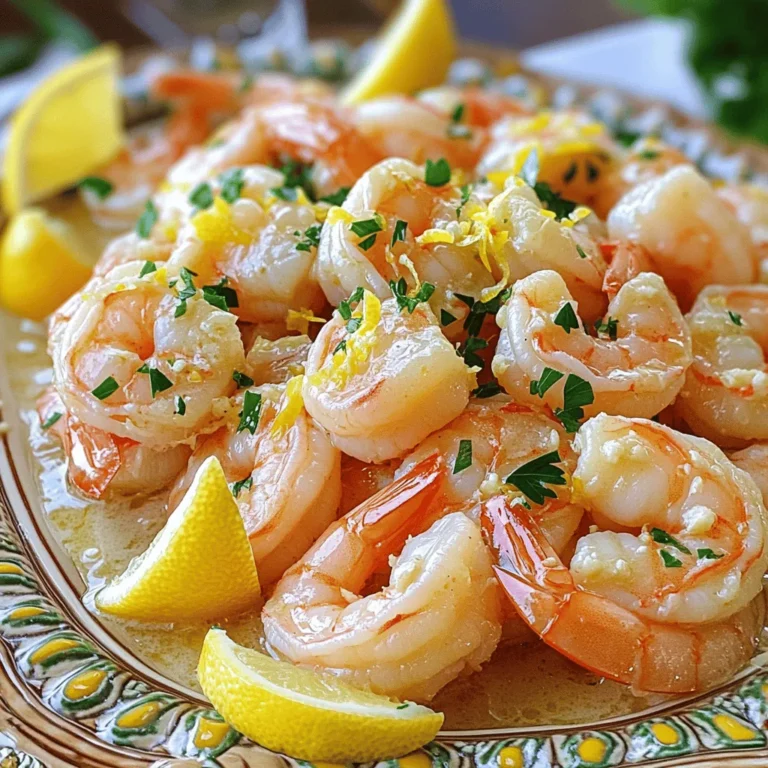To make Lemon Garlic Butter Shrimp, gather these main ingredients: - 1 pound large shrimp, peeled and deveined - 4 tablespoons unsalted butter - 4 cloves garlic, minced - 1 lemon, juiced and zested - 1 tablespoon olive oil - Salt and pepper to taste These ingredients give your dish a bright and rich flavor. You can add fresh ingredients for extra taste: - 2 tablespoons fresh parsley, chopped (for garnish) - Lemon wedges (for serving) Fresh parsley adds color and a nice herbal touch. Lemon wedges bring a zesty kick when served. Want to spice things up? Here are some optional seasonings: - 1/4 teaspoon red pepper flakes (optional) Red pepper flakes can add a nice bit of heat. Adjust to your taste for a little extra zing. For a complete view of the recipe, check out the [Full Recipe]. To start, you need fresh shrimp. Make sure they are large, peeled, and deveined. Rinse them gently in cold water. Pat them dry with a paper towel. This step helps the shrimp cook evenly. It also keeps the dish from being watery. Next, grab a large skillet. Heat it on medium. Add the olive oil and two tablespoons of butter. Wait until the butter melts and starts to sizzle. Now, add the minced garlic. Sauté it for about 30 seconds. You want it fragrant but not burnt. Now, add the shrimp in a single layer. Season them with salt, pepper, and red pepper flakes if you like a bit of heat. Cook for 2-3 minutes. When they turn pink, flip them over. Add the remaining butter, lemon juice, and half of the lemon zest. Cook for another 2-3 minutes. This will coat the shrimp in a rich, buttery sauce. Once cooked, take the skillet off the heat. Taste the shrimp and adjust the seasoning if needed. Now, it’s time to plate. Use a decorative platter for a nice touch. Drizzle the shrimp with the sauce. Sprinkle the rest of the lemon zest and chopped parsley on top. Serve with lemon wedges on the side. This adds a fresh kick. For a complete meal, pair it with crusty bread or a salad. Enjoy your beautiful dish! For the complete recipe, check the [Full Recipe]. When picking shrimp, look for fresh ones. Fresh shrimp should have a slight sea smell, not a strong fishy odor. The shells should be shiny and firm. Check for any dark spots or black lines, as they are signs of age. If you buy frozen shrimp, choose ones that are frozen individually. This way, they don’t stick together. Timing is key for shrimp. They cook fast, usually in just a few minutes. When they turn pink, they are done. Overcooked shrimp become rubbery and tough. To avoid this, keep an eye on them while they cook. Use high heat to sear them quickly. This locks in the juices and keeps them tender. To make your sauce even better, try adding a splash of white wine. This adds depth and richness. You can also mix in a pinch of fresh herbs. Basil, dill, or thyme can bring a new flavor to your dish. Don't forget to taste your sauce as you cook. Adjust the salt and lemon juice to fit your taste. For a creamy twist, add a little heavy cream. This makes a rich and velvety sauce. Use these tips to elevate your lemon garlic butter shrimp. For the full recipe, check out the details above. {{image_2}} You can easily add veggies to your lemon garlic butter shrimp. Bell peppers, zucchini, and asparagus work well. Just chop them into bite-sized pieces. Sauté them in the skillet before adding the shrimp. This method gives extra nutrition and color. It also adds a nice crunch. You can follow the same cooking steps. The veggies will soak up the lemon and garlic flavors too. If you like heat, try spicy lemon garlic butter shrimp. Just add more red pepper flakes to the skillet. You can also add diced jalapeños for extra spice. Adjust the amount based on your taste. The heat balances well with the butter and lemon. This variation is perfect for those who enjoy a kick in their meals. You can switch shrimp for scallops or chicken. If using scallops, make sure to cook them until they are opaque. For chicken, cut it into small pieces and cook until golden brown. Both options will still taste great with lemon and garlic. Follow the same process of cooking and adding butter. Each protein brings its unique flavor but keeps the dish simple and tasty. For the full recipe, refer to the main section above. After you enjoy your Lemon Garlic Butter Shrimp, store leftovers right away. Place the shrimp in an airtight container. Make sure it is cool before sealing. This keeps the flavors fresh. You can store it in the fridge for up to three days. Always check for any off smells before eating. When you're ready to eat again, reheat the shrimp gently. You can use a skillet over low heat. Add a tiny bit of butter or olive oil to keep it moist. Heat slowly for about five minutes. This will help the shrimp stay tender. Avoid heating in the microwave, as it may make the shrimp tough. Freezing is a great option for longer storage. To freeze, place the shrimp in a freezer-safe bag. Remove as much air as possible before sealing. You can freeze it for up to three months. When you're ready, thaw in the fridge overnight. Reheat gently to enjoy that flavorful taste again. For the full recipe, check out the main article. Yes, you can use frozen shrimp. Just thaw them first. Place the shrimp in a bowl and cover with cold water for about 15-20 minutes. Once thawed, pat them dry with a paper towel. This step helps the shrimp cook evenly. Using frozen shrimp can save time and still give you great flavor. Lemon Garlic Butter Shrimp pairs well with many sides. Here are some tasty options: - Crusty bread to soak up the sauce - A fresh green salad for crunch - Rice or quinoa to absorb the buttery goodness - Steamed veggies for a healthy boost You can mix and match these sides to create a full meal. If you want to cut down on the butter, try these tips: - Use less butter in the recipe. Start with 2 tablespoons instead of 4. - Substitute some butter with vegetable broth. This adds flavor without too much fat. - Serve the shrimp with more veggies. This adds volume without extra butter. These changes keep the dish tasty and light. You still get that delicious lemon and garlic flavor without feeling heavy. For the full recipe, check the section above. Lemon Garlic Butter Shrimp is a delicious dish that blends simple ingredients with bold flavors. We covered key ingredients, preparation, and tips for the best taste. You learned ways to enhance the dish and variations to try. Storing leftovers and reheating is easy with the right methods. With this recipe, you'll impress anyone who tastes it. Enjoy cooking and share your own tricks too!