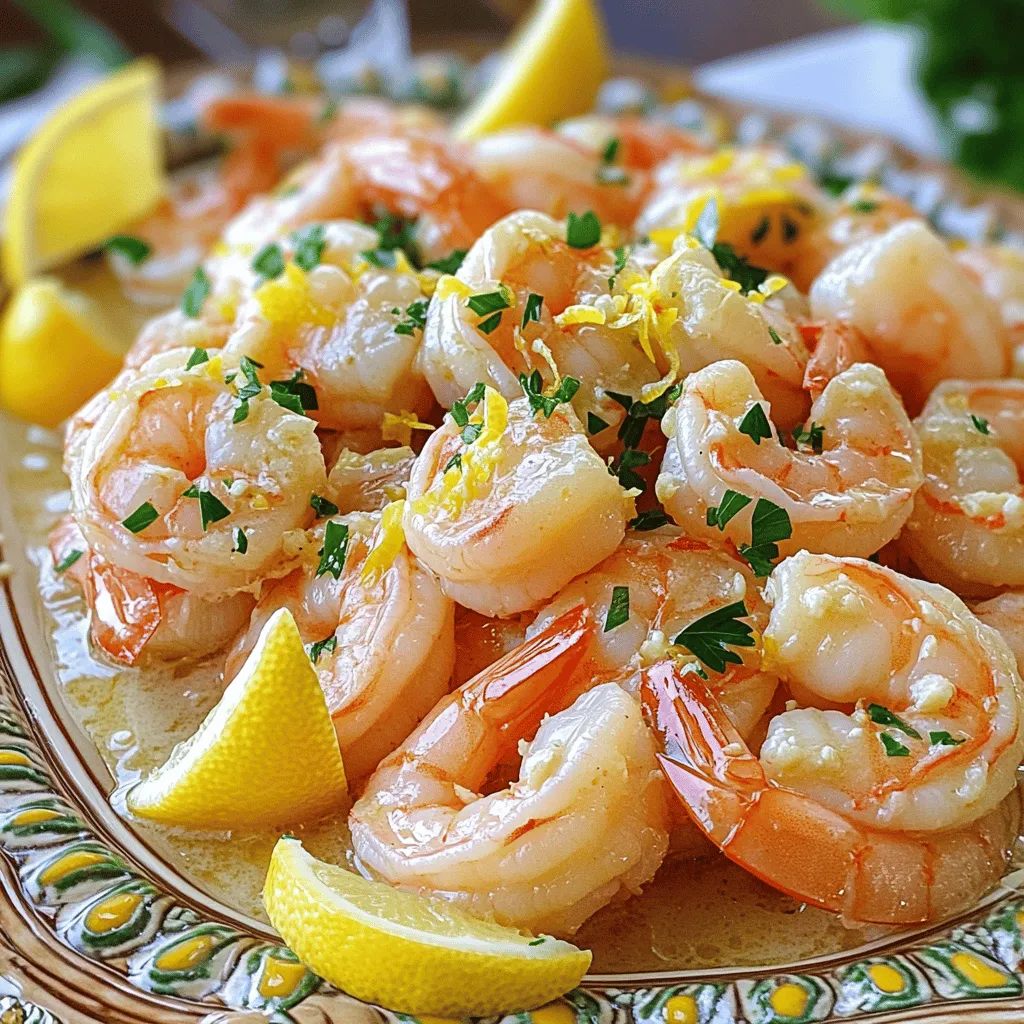 To make Lemon Garlic Butter Shrimp, gather these main ingredients: - 1 pound large shrimp, peeled and deveined - 4 tablespoons unsalted butter - 4 cloves garlic, minced - 1 lemon, juiced and zested - 1 tablespoon olive oil - Salt and pepper to taste These ingredients give your dish a bright and rich flavor. You can add fresh ingredients for extra taste: - 2 tablespoons fresh parsley, chopped (for garnish) - Lemon wedges (for serving) Fresh parsley adds color and a nice herbal touch. Lemon wedges bring a zesty kick when served. Want to spice things up? Here are some optional seasonings: - 1/4 teaspoon red pepper flakes (optional) Red pepper flakes can add a nice bit of heat. Adjust to your taste for a little extra zing. For a complete view of the recipe, check out the [Full Recipe]. To start, you need fresh shrimp. Make sure they are large, peeled, and deveined. Rinse them gently in cold water. Pat them dry with a paper towel. This step helps the shrimp cook evenly. It also keeps the dish from being watery. Next, grab a large skillet. Heat it on medium. Add the olive oil and two tablespoons of butter. Wait until the butter melts and starts to sizzle. Now, add the minced garlic. Sauté it for about 30 seconds. You want it fragrant but not burnt. Now, add the shrimp in a single layer. Season them with salt, pepper, and red pepper flakes if you like a bit of heat. Cook for 2-3 minutes. When they turn pink, flip them over. Add the remaining butter, lemon juice, and half of the lemon zest. Cook for another 2-3 minutes. This will coat the shrimp in a rich, buttery sauce. Once cooked, take the skillet off the heat. Taste the shrimp and adjust the seasoning if needed. Now, it’s time to plate. Use a decorative platter for a nice touch. Drizzle the shrimp with the sauce. Sprinkle the rest of the lemon zest and chopped parsley on top. Serve with lemon wedges on the side. This adds a fresh kick. For a complete meal, pair it with crusty bread or a salad. Enjoy your beautiful dish! For the complete recipe, check the [Full Recipe]. When picking shrimp, look for fresh ones. Fresh shrimp should have a slight sea smell, not a strong fishy odor. The shells should be shiny and firm. Check for any dark spots or black lines, as they are signs of age. If you buy frozen shrimp, choose ones that are frozen individually. This way, they don’t stick together. Timing is key for shrimp. They cook fast, usually in just a few minutes. When they turn pink, they are done. Overcooked shrimp become rubbery and tough. To avoid this, keep an eye on them while they cook. Use high heat to sear them quickly. This locks in the juices and keeps them tender. To make your sauce even better, try adding a splash of white wine. This adds depth and richness. You can also mix in a pinch of fresh herbs. Basil, dill, or thyme can bring a new flavor to your dish. Don't forget to taste your sauce as you cook. Adjust the salt and lemon juice to fit your taste. For a creamy twist, add a little heavy cream. This makes a rich and velvety sauce. Use these tips to elevate your lemon garlic butter shrimp. For the full recipe, check out the details above. {{image_2}} You can easily add veggies to your lemon garlic butter shrimp. Bell peppers, zucchini, and asparagus work well. Just chop them into bite-sized pieces. Sauté them in the skillet before adding the shrimp. This method gives extra nutrition and color. It also adds a nice crunch. You can follow the same cooking steps. The veggies will soak up the lemon and garlic flavors too. If you like heat, try spicy lemon garlic butter shrimp. Just add more red pepper flakes to the skillet. You can also add diced jalapeños for extra spice. Adjust the amount based on your taste. The heat balances well with the butter and lemon. This variation is perfect for those who enjoy a kick in their meals. You can switch shrimp for scallops or chicken. If using scallops, make sure to cook them until they are opaque. For chicken, cut it into small pieces and cook until golden brown. Both options will still taste great with lemon and garlic. Follow the same process of cooking and adding butter. Each protein brings its unique flavor but keeps the dish simple and tasty. For the full recipe, refer to the main section above. After you enjoy your Lemon Garlic Butter Shrimp, store leftovers right away. Place the shrimp in an airtight container. Make sure it is cool before sealing. This keeps the flavors fresh. You can store it in the fridge for up to three days. Always check for any off smells before eating. When you're ready to eat again, reheat the shrimp gently. You can use a skillet over low heat. Add a tiny bit of butter or olive oil to keep it moist. Heat slowly for about five minutes. This will help the shrimp stay tender. Avoid heating in the microwave, as it may make the shrimp tough. Freezing is a great option for longer storage. To freeze, place the shrimp in a freezer-safe bag. Remove as much air as possible before sealing. You can freeze it for up to three months. When you're ready, thaw in the fridge overnight. Reheat gently to enjoy that flavorful taste again. For the full recipe, check out the main article. Yes, you can use frozen shrimp. Just thaw them first. Place the shrimp in a bowl and cover with cold water for about 15-20 minutes. Once thawed, pat them dry with a paper towel. This step helps the shrimp cook evenly. Using frozen shrimp can save time and still give you great flavor. Lemon Garlic Butter Shrimp pairs well with many sides. Here are some tasty options: - Crusty bread to soak up the sauce - A fresh green salad for crunch - Rice or quinoa to absorb the buttery goodness - Steamed veggies for a healthy boost You can mix and match these sides to create a full meal. If you want to cut down on the butter, try these tips: - Use less butter in the recipe. Start with 2 tablespoons instead of 4. - Substitute some butter with vegetable broth. This adds flavor without too much fat. - Serve the shrimp with more veggies. This adds volume without extra butter. These changes keep the dish tasty and light. You still get that delicious lemon and garlic flavor without feeling heavy. For the full recipe, check the section above. Lemon Garlic Butter Shrimp is a delicious dish that blends simple ingredients with bold flavors. We covered key ingredients, preparation, and tips for the best taste. You learned ways to enhance the dish and variations to try. Storing leftovers and reheating is easy with the right methods. With this recipe, you'll impress anyone who tastes it. Enjoy cooking and share your own tricks too!