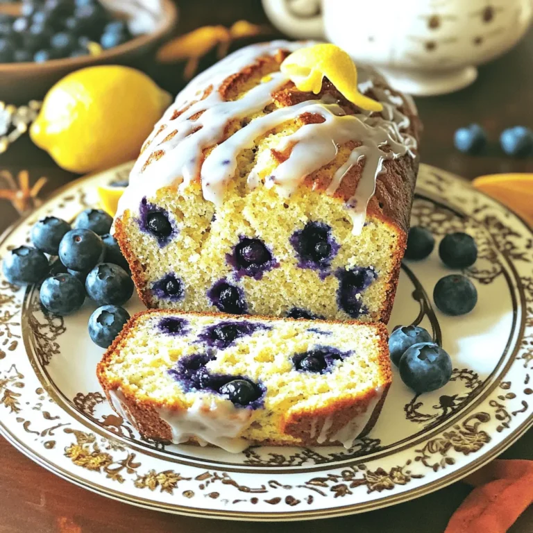 - 1 ½ cups all-purpose flour - ½ cup unsalted butter, softened - ¾ cup granulated sugar - 2 large eggs - 1 tablespoon lemon zest - 1 tablespoon fresh lemon juice - ½ teaspoon vanilla extract - 1 cup fresh or frozen blueberries - ¼ cup powdered sugar (for glaze) The key to making Lemon Blueberry Bread is the balance of ingredients. The main ingredients create a rich base. The flour gives structure, while butter adds moisture and flavor. The sugar sweetens it perfectly. Eggs help bind everything together. Flavor enhancers like lemon zest and juice bring brightness. They add a fresh taste. This bread is not just sweet; it has a zing from the lemon. Vanilla extract gives a warm background note. Blueberries are the star of this recipe. You can use fresh ones in season or frozen ones for convenience. Both options work well. The powdered sugar glaze adds a sweet finish. It makes the bread look and taste special. For the full recipe, check the full recipe section. This Lemon Blueberry Bread is simple to make, and the ingredients come together easily to create a delightful treat. First, preheat your oven to 350°F (175°C). Grease and flour a 9x5 inch loaf pan. This step helps the bread to slide out easily after baking. Next, in a bowl, whisk together the dry ingredients: 1 ½ cups all-purpose flour, 1 teaspoon baking powder, ½ teaspoon baking soda, and ¼ teaspoon salt. Mix well and set this bowl aside for now. In a large mixing bowl, cream together ½ cup of softened unsalted butter and ¾ cup of granulated sugar. Mix until the mixture looks light and fluffy. This step adds air to your batter, making it rise nicely. Now, add 2 large eggs to the butter mixture, one at a time. Mix well after each egg. This keeps the batter smooth and helps it rise. Next, stir in 1 tablespoon of lemon zest, 1 tablespoon of fresh lemon juice, and ½ teaspoon of vanilla extract. Mix until everything is well combined. The lemon adds a bright flavor. Gradually add the dry mixture to the wet mixture. Mix gently until just combined. Be careful not to overmix; this keeps the bread light. Now, gently fold in 1 cup of fresh or frozen blueberries using a spatula. This ensures the blueberries are spread evenly. Pour the batter into your prepared loaf pan. Smooth the top with a spatula to make it even. Bake in the preheated oven for 55-60 minutes. Check if it’s done by inserting a toothpick into the center. If it comes out clean, it's ready! Once baked, let the bread cool in the pan for about 10 minutes. Then, transfer it to a wire rack to cool completely. Enjoy your delightful Lemon Blueberry Bread! For more detailed instructions, refer to the Full Recipe. Use room temperature ingredients for better mixing. This helps your bread rise nicely. Cold ingredients can make the batter tough. Avoid overmixing to keep the bread light and fluffy. Mix until just combined. You want to see some lumps. This keeps the bread soft. To achieve the perfect glaze consistency, mix powdered sugar with lemon juice until smooth. The glaze should be thick but pourable. Add the glaze after the bread cools. This keeps the glaze from melting away. Drizzle it over the top for a nice finish. For presentation, slice the bread and serve it on a decorative plate. Add fresh blueberries and a twist of lemon peel for a bright touch. Pair this bread with coffee or tea. The flavors work well together. Enjoy a slice for breakfast or as a snack. {{image_2}} You can change the flavors of lemon blueberry bread to keep it exciting. - Orange Blueberry Bread: Swap the lemon zest for orange zest. This change gives a sweet, citrus twist. The orange adds a warm flavor that pairs well with blueberries. - Add-ins: Try adding nuts, seeds, or other fruits. Chopped walnuts or almonds add crunch. You can also mix in raspberries or strawberries for a fun twist. Some people have special diet needs. Here are two easy ways to adapt this recipe. - Gluten-Free Option: Use a gluten-free flour blend instead of regular flour. Make sure the blend is good for baking. This keeps the bread soft and delicious. - Vegan Option: You can make this bread vegan. Use flax eggs instead of real eggs. For the butter, choose a dairy-free option. This keeps the bread moist and tasty without animal products. Explore these variations to find your favorite twist on the classic lemon blueberry bread. For the complete recipe, check out the [Full Recipe]. To store your lemon blueberry bread at room temperature, wrap it in plastic wrap. Place it in an airtight container. This keeps the bread soft and moist. It will last for about 2 to 3 days. If you want to enjoy it longer, consider refrigerating it. For freezing, slice the bread first. Wrap each slice in plastic wrap tightly. Then, place all the slices in a freezer-safe bag. Remove as much air as you can. This helps prevent freezer burn. You can freeze lemon blueberry bread for up to three months. To enjoy, just thaw it at room temperature or warm it in the oven. When stored at room temperature, the bread stays fresh for 2 to 3 days. In the fridge, it can last about a week. If frozen, it can keep for up to three months. Always check for signs of spoilage, like mold or off smells, before eating. If you can't find fresh blueberries, don't worry! You can use frozen blueberries instead. They work well in this recipe. Thaw them first and drain excess liquid. Alternatively, you might try chopped strawberries or raspberries for a different taste. The best way to check doneness is to look for a golden-brown top. You can also gently press the top; it should spring back. Another way is to use a toothpick. If it comes out clean or with a few moist crumbs, it's ready. If you want more assurance, check the sides. They should pull away slightly from the pan. Yes, you can make Lemon Blueberry Bread ahead of time. After it cools, wrap it tightly in plastic wrap. Store it at room temperature for up to three days. For longer storage, you can freeze the bread. Just slice it and wrap each slice in foil. It will stay good in the freezer for about three months. When ready to eat, let it thaw at room temperature or warm it in the oven. This blog post covered how to make a delicious Lemon Blueberry Bread. We explored the key ingredients like flour, butter, sugar, and, of course, blueberries. I shared step-by-step baking instructions and some useful tips to ensure your bread turns out perfect every time. In my final thoughts, remember that baking is about experimenting. Don't hesitate to try new flavors or adaptations. Enjoy the process and the tasty results!