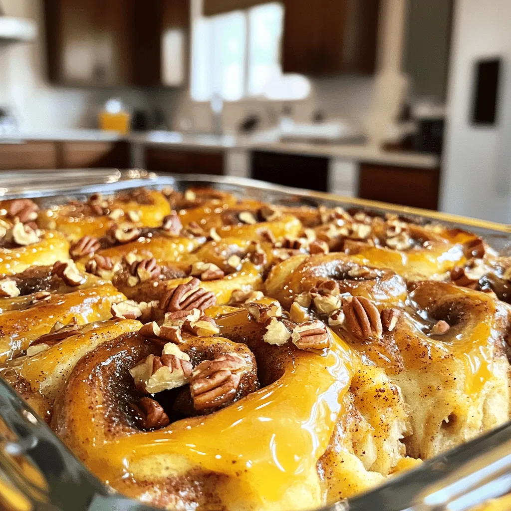 - 2 cans (12.4 oz each) refrigerated cinnamon rolls - 6 large eggs - 1 cup milk - 1/2 cup heavy cream - 1 teaspoon vanilla extract - 1 teaspoon ground cinnamon - 1/4 teaspoon nutmeg - 1/2 cup pecans, chopped - 1/2 cup maple syrup (plus extra for serving) - 1/2 cup powdered sugar (for glaze) - 2 tablespoons milk (for glaze) To make this cinnamon roll casserole, you need basic ingredients. The main ingredients provide the base for the dish. The cinnamon rolls give us that sweet, gooey core we love. The eggs, milk, and heavy cream create a rich custard. This custard soaks into the rolls and turns them soft and fluffy. Flavor enhancements make this dish sing. Vanilla extract adds warmth and sweetness. Ground cinnamon brings out the classic cinnamon roll flavor, while nutmeg adds a hint of spice. You can also use optional ingredients to elevate your casserole. Chopped pecans add crunch and nutty flavor. Maple syrup drizzled on top gives a sweet finish. If you want a delightful glaze, whisk together powdered sugar and milk for a smooth topping. For the full recipe, check the section above. These ingredients come together to create a tasty breakfast delight you will love! - Preheat your oven to 375°F (190°C). - Grease a 9x13-inch baking dish with butter or cooking spray. - Open the cans of cinnamon rolls. - Separate each roll and cut them into quarters. - Place the quartered rolls evenly in the greased baking dish. - In a large bowl, whisk together 6 eggs, 1 cup milk, and 1/2 cup heavy cream. - Add 1 teaspoon vanilla extract, 1 teaspoon ground cinnamon, and 1/4 teaspoon nutmeg. - Whisk until everything is mixed well. - Pour this custard mixture over the cinnamon roll pieces in the dish. - If you like, sprinkle 1/2 cup chopped pecans on top. - Drizzle 1/2 cup maple syrup over the rolls. - Press down gently with a spatula. This helps the rolls soak up the custard. - Bake in your preheated oven for 25-30 minutes. Look for a golden brown top. - While the casserole bakes, mix 1/2 cup powdered sugar and 2 tablespoons milk in a small bowl. - Whisk until the glaze is smooth and creamy. - Once the casserole cools for about 5 minutes, drizzle the glaze on top. You can find the full recipe to make this tasty cinnamon roll casserole. Enjoy your delicious breakfast delight! To make your cinnamon roll casserole shine, coat every piece with custard. This step is key for a rich and creamy texture. After pouring the custard, gently press the casserole down. This helps the rolls soak up all the tasty flavors. Serve your casserole warm for the best taste. Adding more maple syrup on top makes it even better. This dish works great for brunch or family gatherings. Everyone loves a warm, sweet treat to share! If you run out of heavy cream, half-and-half is a perfect substitute. You can also use regular sugar for the glaze instead of powdered sugar. This makes it simple and quick without losing flavor. {{image_2}} When it comes to cinnamon roll casserole, the fun doesn't end with the classic recipe. You can easily change it up to suit your taste. Here are some great ideas to make it even more special. - Add chocolate chips for a dessert twist: Mixing in chocolate chips gives a sweet and rich flavor. It makes the casserole feel like a treat! - Incorporate fruits like apples or berries: Fresh fruits add a nice touch. Apples bring warmth, while berries give a burst of freshness. - Use low-fat or almond milk: This swap cuts calories while keeping the dish creamy. It’s a smart choice for health-conscious eaters. - Opt for whole grain cinnamon rolls: Whole grain rolls add fiber. They also make the dish more filling and nutritious. - Pumpkin spice for fall: Adding pumpkin spice gives a cozy flavor perfect for autumn. It’s like wrapping yourself in a warm blanket! - Peppermint extract for winter celebrations: A touch of peppermint makes it festive. This is great for holiday brunches and gatherings. Feel free to experiment with these ideas for your next breakfast masterpiece. The possibilities are endless! For the full recipe, check out the details above. You can refrigerate the leftover casserole for up to 3 days. Make sure to keep it in an airtight container. This helps keep it fresh and tasty. For a quick warm-up, microwave a portion for about 30 seconds. If you want that crispy texture, reheat it in the oven at 350°F for 10-15 minutes. This will revive the flavors and give you that lovely crunch. You can freeze the casserole before baking it. Wrap it well and store it for up to 2 months. When you're ready to enjoy it, thaw it overnight in the fridge. Bake it as per the full recipe instructions before serving. Enjoy every bite! Yes, you can prepare this dish ahead of time. Assemble the casserole the night before. Store it in the fridge, covered. In the morning, bake it straight from the fridge. This saves time and makes breakfast easy. You can use unsweetened applesauce, mashed bananas, or silken tofu. Each of these options works well. Use 1/4 cup for each egg. These substitutes keep the dish moist and tasty. Bake the casserole for about 25-30 minutes. Check that the center is set and the top is golden brown. You want a nice rise and a warm middle for the best results. Absolutely! Chopped pecans or walnuts add a nice crunch. If you like, sprinkle them on top before baking. Just keep in mind any nut allergies your guests may have. Serve the casserole warm, drizzled with extra maple syrup. A light dusting of powdered sugar enhances the look. You can also pair it with fresh fruit or whipped cream for a special touch. This makes every bite delightful! This blog post shared a simple recipe for Cinnamon Roll Casserole. We discussed the ingredients, step-by-step instructions, and tips for success. You learned how to enhance flavors and make tasty variations. I also highlighted storage tips for leftovers and addressed common questions. Enjoy this fun dish at brunch or family gatherings. It's easy to prepare and always a hit!