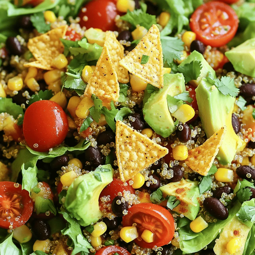 - 1 head romaine lettuce, chopped - 1 cup cherry tomatoes, halved - 1 avocado, diced - 1/2 red onion, finely chopped Healthy taco salad starts with fresh, crisp veggies. First, you need romaine lettuce. It adds crunch and freshness. Next, cherry tomatoes give a sweet burst. Diced avocado brings creaminess and healthy fats. Finally, red onion adds a sharp bite. - 1 cup black beans, rinsed and drained - 1 cup cooked quinoa - 1 cup corn kernels (fresh, frozen, or canned) For protein, black beans are a great choice. They add texture and nutrition. Quinoa is a wonderful grain that packs protein too. It makes the salad filling. Then, corn kernels add a sweet crunch. You can use fresh, frozen, or canned. - 1 teaspoon cumin - 1 teaspoon chili powder - 1/2 teaspoon garlic powder - 1/4 cup fresh cilantro, chopped - Juice of 1 lime - Salt and pepper to taste Spices make your taco salad pop! Cumin gives a warm, earthy flavor. Chili powder adds a bit of heat. Garlic powder brings depth. Fresh cilantro brightens the dish. A squeeze of lime juice adds zing. Don't forget salt and pepper to taste. These ingredients come together for a colorful Healthy Taco Salad. If you want the full recipe, check it out [here](#). - First, you need to combine the fresh vegetables. - In a big bowl, add the chopped romaine lettuce. - Next, toss in the halved cherry tomatoes, black beans, corn, diced avocado, and finely chopped red onion. - Make sure everything is mixed well. - Then, you will mix and season the quinoa. - In a small bowl, take the cooked quinoa. - Add cumin, chili powder, garlic powder, lime juice, salt, and pepper. - Stir well until all the spices cover the quinoa. - Now, it is time to toss together the ingredients. - Carefully add the seasoned quinoa to the large bowl with the veggies and beans. - Gently mix everything together, taking care not to mash the avocado. - After mixing, taste the salad. - Adjust seasoning to taste. - You can add more lime juice or salt based on your liking. - Serve the salad in bowls or on a large platter. - Top it with fresh cilantro for a burst of flavor. - Lastly, garnish with crispy tortilla chips for that crunchy touch. Enjoy this colorful healthy taco salad! For the full recipe, check the [Full Recipe]. You can make your taco salad your own in many ways. - Add additional vegetables: Try bell peppers, cucumbers, or corn for more crunch. - Substitute for different proteins: Use grilled chicken, shrimp, or tofu instead of beans. A few tweaks can make your salad even better. - Using homemade dressings: Mix lime juice, olive oil, and a pinch of salt for a fresh dressing. - Adjusting spice levels: Add jalapeños for heat or more cumin for warmth. Make your salad look great. - Layering techniques: Start with lettuce, then add proteins and veggies for a colorful display. - Creative garnishing: Use cilantro, lime wedges, or crushed tortilla chips on top for a fun touch. For the full recipe, check out the detailed instructions to create this delightful dish. {{image_2}} For a vegan taco salad, skip all cheese and dairy. You can enjoy the same great taste without animal products. Use plant-based proteins like lentils or tempeh instead of quinoa. These options add great flavor and keep your salad filling. You can also add nuts or seeds for extra crunch and nutrition. To make a low-carb version, swap quinoa with leafy greens. You can use spinach or kale for a fresh taste. This change lowers carbs while boosting vitamins. For a topping, try fresh salsa instead of heavier dressings. It adds flavor and keeps the dish light and refreshing. Pair your healthy taco salad with tasty sides. Consider serving it with guacamole or black bean dip. These dips add richness and flavor. You can also enjoy the salad with crispy tortilla chips for a nice crunch. This combination makes for a complete and satisfying meal. For more ideas and the full recipe, check out the full recipe. To store your healthy taco salad, place it in the refrigerator. Use an airtight container to keep it fresh. This salad is best eaten within three days. Some ingredients, like avocado, may brown quickly. To slow this down, squeeze lime juice on the avocado before storing. You can freeze some parts of the salad. Black beans and corn freeze well. Cooked quinoa also holds up nicely. Avoid freezing fresh vegetables like lettuce and tomatoes, as they get soggy. To reheat, thaw overnight in the fridge. Then, heat gently in a pan, or microwave until warm. Prepare your salad in advance for quick meals. Chop the vegetables and store them separately from the quinoa and beans. This keeps everything fresh. You can mix them together just before eating. This makes it easy to grab a healthy meal any time. To make a healthy taco salad, start with fresh ingredients. Here’s a step-by-step process: 1. Chop your veggies: Cut 1 head of romaine lettuce into bite-sized pieces. Halve 1 cup of cherry tomatoes. Dice 1 avocado and finely chop 1/2 red onion. 2. Prepare the beans and corn: Rinse and drain 1 cup of black beans. You can use fresh, frozen, or canned corn; measure 1 cup. 3. Cook the quinoa: If you don't have cooked quinoa, prepare 1 cup according to package directions. 4. Mix the spices: In a small bowl, combine the cooked quinoa with 1 teaspoon cumin, 1 teaspoon chili powder, 1/2 teaspoon garlic powder, juice from 1 lime, and salt and pepper. 5. Combine everything: In a large bowl, mix all the chopped veggies, beans, corn, and the seasoned quinoa. Toss gently to keep the avocado intact. 6. Garnish: Serve with fresh cilantro and crispy tortilla chips on top or on the side. This simple method gives you a colorful, nutritious meal! If you want to replace quinoa, there are great options. - Brown rice: This is a filling choice and easy to find. - Farro: It has a nutty taste and chewy texture. - Couscous: This cooks quickly and adds a nice touch. - Lentils: They are packed with protein and fiber. Each of these grains or dals brings a unique flavor and texture to your salad. The salad can last in the fridge for about 3 days. To keep it fresh: - Store in an airtight container: This helps reduce moisture and keeps veggies crisp. - Keep dressing separate: Add dressing just before serving. This helps avoid soggy greens. Check your veggies daily. If they start to look limp, it's best to eat them soon! This blog post detailed how to create a delicious taco salad. We covered fresh vegetables, protein, and spices to enhance flavor. You learned simple prep steps and how to serve it well. Think about customizing your salad with extra veggies or different proteins for a personal touch. Don’t forget the importance of storage for freshness. Enjoy your vibrant salad, knowing it can fit any meal plan. Happy cooking!