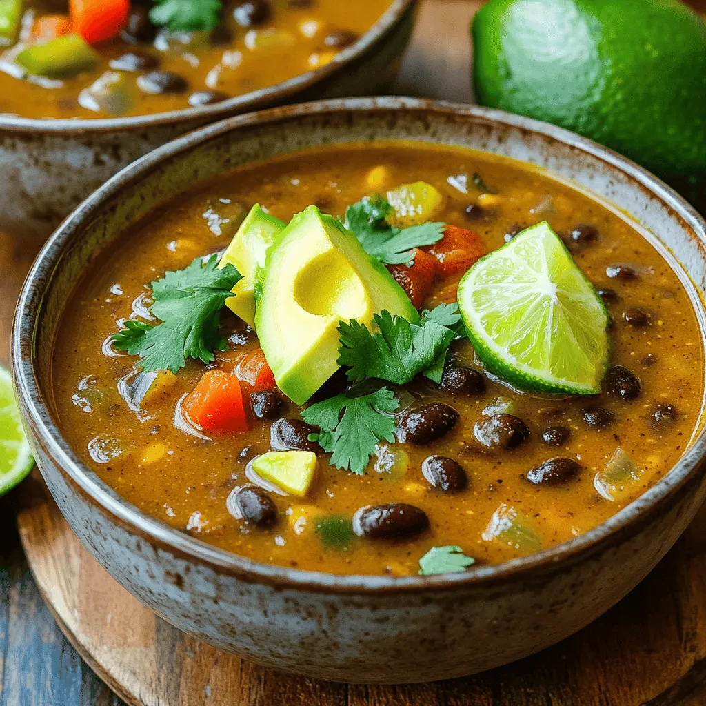 For a tasty and hearty Spicy Black Bean Soup, gather these key items: - 2 cans (15 oz each) black beans, drained and rinsed - 1 medium onion, finely chopped - 3 cloves garlic, minced - 1 bell pepper (red or green), diced - 1 jalapeño, diced (seeds removed for less heat) - 4 cups vegetable broth - 1 teaspoon ground cumin - 1 teaspoon smoked paprika - 1 teaspoon chili powder - 1 tablespoon olive oil - Salt and pepper to taste - 1 lime, juiced These ingredients combine for a rich, flavorful soup. Canned black beans save time, while fresh vegetables add crunch and taste. Don’t skip the spices; they give the soup its signature kick. To elevate your soup, consider these garnishes: - Fresh cilantro - Avocado slices - Lime wedges Garnishes add color and enhance the flavor. Fresh cilantro brightens the dish, while avocado adds creaminess. A squeeze of lime juice just before serving gives a zesty finish. For the full list of instructions and cooking methods, check out the [Full Recipe]. - Sautéing the vegetables Start by heating the olive oil in a large pot over medium heat. Add the chopped onion and bell pepper. Stir them for about 5 minutes. You want them soft and fragrant. - Adding garlic and jalapeño Next, add the minced garlic and diced jalapeño. Cook for 2 more minutes. This step adds a nice kick to your soup. - Combining ingredients and simmering Now, add the rinsed black beans, vegetable broth, cumin, smoked paprika, and chili powder to the pot. Bring the mix to a boil. Once boiling, lower the heat and let it simmer for 20 minutes. This helps the flavors meld together. - Blending for desired texture After simmering, blend the soup until creamy. You can use an immersion blender right in the pot. If you don’t have one, blend it in batches using a standard blender. Leave some chunks for texture. - Adding lime juice and seasoning Stir in the lime juice. Season with salt and pepper to your taste. If your soup seems too thick, add a bit more broth or water to reach your preferred thickness. - Presentation tips for serving Serve the soup hot in deep bowls. Garnish with chopped cilantro and avocado slices. Add a lime wedge on the side for extra zest. A drizzle of olive oil on top adds richness and looks great. For the full recipe, check the [Full Recipe]. To make your spicy black bean soup pop, focus on spices. You can adjust the heat by adding more jalapeños or chili powder. If you want a milder soup, remove the jalapeño seeds or use less chili powder. Using aromatics is key. Start with onion and garlic for a rich base. You can also add spices like cumin and smoked paprika early in the cooking. This helps the flavors bloom and blend well. Experiment with herbs like oregano or thyme for more depth. Getting the right texture can change your soup game. For a creamy soup, blend it well. I suggest using an immersion blender. This keeps some beans whole for a nice bite. If you like a chunkier soup, blend just half the mixture. You can also play with the thickness. If your soup is too thick, add more broth or water until you get your desired consistency. Remember, a little extra liquid can make a big difference! {{image_2}} You can swap beans in this recipe. Try pinto or kidney beans for a twist. Each type brings a unique taste and texture. If you want more protein, add chicken or tofu. Chicken makes it heartier. Tofu is a great choice for a plant-based meal. Both options complement the spicy black bean soup well. If you love heat, add extra jalapeños. This will give your soup a nice kick. You can also mix in fresh herbs like cilantro or oregano. These herbs brighten the flavors and add freshness. Don’t be afraid to experiment with spices, too. A dash of cayenne or smoked paprika can enhance the taste. Enjoy finding your own perfect blend in this spicy black bean soup. For the full recipe, see above. To store leftovers properly, let the soup cool down first. Then, pour it into an airtight container. Seal it well to keep out air. You can keep the soup in the fridge for up to five days. This helps preserve the taste and texture. For best results, freeze the soup in a freezer-safe container. Leave some space at the top, as the soup will expand. You can freeze it for up to three months. When you are ready to eat it, thaw the soup overnight in the fridge. To reheat, warm it on the stove over low heat. Add a splash of broth if it seems too thick. Enjoy your meal! To boost the heat, add more jalapeños. You can also use hot chili powder. Try adding a few dashes of hot sauce for extra spice. If you like, mix in crushed red pepper flakes. Always taste as you go, so you find the right heat. Yes, you can use dried beans! Start by soaking them overnight. After soaking, cook them until soft. This usually takes about one to two hours. Once cooked, you can follow the same steps in the Full Recipe. Just remember, dried beans need more time. This soup pairs well with many sides. Try serving it with crunchy tortilla chips. A fresh salad or cornbread also complements it nicely. For a complete meal, add some rice or quinoa on the side. Garnishing with avocado and lime enhances the flavors, too! I covered the key ingredients for Spicy Black Bean Soup, from canned beans to fresh veggies. I laid out step-by-step instructions for preparing and cooking the soup. You now have tips to enhance flavor and texture, plus ideas for variations. Lastly, I shared storage info to keep your soup fresh. Enjoying this soup can be both fun and easy. With a few tweaks, you can make it your own. So, grab your ingredients, get cooking, and savor each spoonful!
