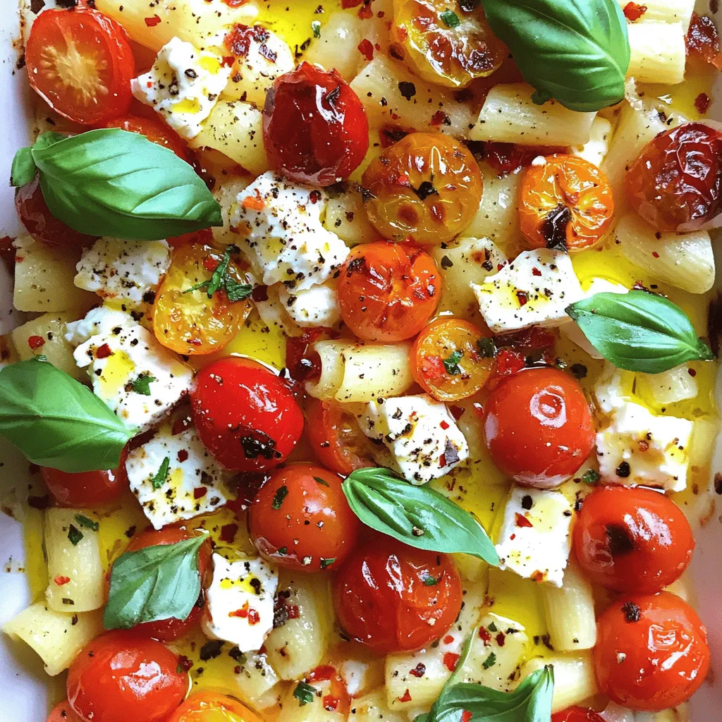 To make this baked feta pasta, gather these fresh ingredients: - 200g pasta (your choice: penne, fusilli, or spaghetti) - 200g feta cheese - 300g cherry tomatoes, halved - 4 cloves garlic, whole - 4 tablespoons olive oil - 1 teaspoon dried oregano - 1/2 teaspoon red pepper flakes (adjust to taste) - Salt and pepper to taste - Fresh basil leaves, for garnish - Grated Parmesan cheese, for serving (optional) If you cannot find some ingredients, here are some great swaps: - Pasta: Use whole wheat or gluten-free pasta. - Feta: Try goat cheese or ricotta for a different flavor. - Cherry tomatoes: Regular tomatoes can work too; just chop them. - Garlic: Garlic powder can replace fresh garlic. Use 1/2 teaspoon. - Olive oil: Avocado oil or melted butter can be used instead. - Oregano: Italian seasoning or thyme can add flavor. Fresh ingredients make this dish shine. Here’s how to pick the best: - Pasta: Choose pasta with no broken pieces in the package. - Feta cheese: Look for creamy, white feta with no cracks. - Cherry tomatoes: Pick plump, shiny tomatoes without wrinkles. - Garlic: Choose firm bulbs without soft spots or sprouts. - Herbs: Fresh basil should smell fragrant and look vibrant green. Using fresh ingredients will elevate the taste of your baked feta pasta. Check out the Full Recipe for all the details! Start by setting your oven to 200°C (400°F). This heat makes the feta soft and the tomatoes burst. While the oven heats, grab a large baking dish. Add the halved cherry tomatoes and whole garlic cloves. Drizzle two tablespoons of olive oil over them. Sprinkle with salt, pepper, dried oregano, and red pepper flakes. Toss gently to coat. This step brings out the best flavors in the dish. Now, fill a large pot with water and add a good amount of salt. Bring it to a boil. Once boiling, add your choice of pasta. Cook according to the package instructions until the pasta is al dente. This usually takes about 8 to 12 minutes. Drain the pasta, but keep half a cup of the pasta water. This water will help create a creamy sauce later. After the feta and tomatoes bake for about 25 to 30 minutes, take the dish out of the oven. You want the tomatoes blistered and the feta golden. Using a fork, mash the feta and roasted garlic together. This creates a creamy base. Add the pasta to the baking dish and toss everything together. Slowly add the reserved pasta water until the sauce is to your liking. Taste and adjust the seasoning if needed. Finish by garnishing with fresh basil leaves and grated Parmesan cheese. Enjoy your delicious meal! For the full recipe, check out [Full Recipe]. To make the sauce creamy, mash the feta well. Use a fork to break it apart. This helps mix it with the tomatoes. If the sauce is too thick, add some reserved pasta water. This water is starchy and helps thin it out. Aim for a smooth, rich texture that coats the pasta nicely. To boost the taste, try adding fresh herbs. Basil adds a bright touch. Chopped parsley can also work well. A splash of lemon juice gives a nice zing. If you like heat, add more red pepper flakes. These simple tweaks can take your dish to the next level. Serve this dish warm for the best taste. You can pair it with a crisp salad. A side of garlic bread complements it nicely. For a heartier meal, add grilled chicken or shrimp. Top with extra cheese or crushed nuts for crunch. Each bite will be a delight! For the complete recipe, check out the Full Recipe section above. {{image_2}} You can make baked feta pasta your own. Try adding cooked chicken or shrimp for protein. Spinach or kale can add greens and color. Mushrooms bring a wonderful texture. You might even add olives or artichokes for a Mediterranean touch. Just toss in your choice of add-ins before baking. If you want a vegan dish, swap feta for a plant-based cheese. Cashew cream or tofu can also work well. Use nutritional yeast to give it a cheesy flavor. Replace regular pasta with chickpea or lentil pasta for a protein boost. This way, you keep it tasty and dairy-free. You can use many types of pasta for this dish. Penne and fusilli hold sauce well. Spaghetti gives a classic feel. You can even try whole wheat or gluten-free pasta if needed. Cooking time may differ, so check the package. Each type offers a fun twist to this baked feta pasta. For the full recipe, check out the details above. After enjoying your baked feta pasta, let it cool down. Store any leftovers in an airtight container. It will stay fresh in the fridge for up to three days. Just make sure to label the container with the date. This helps you keep track of how long it’s been there. You can freeze baked feta pasta for later. First, let it cool completely. Then, place it in a freezer-safe container. Make sure to leave some space at the top for expansion. It can last in the freezer for up to three months. When you want to eat it, thaw it in the fridge overnight. To reheat, start by placing the pasta in a baking dish. You can add a splash of water or olive oil to keep it moist. Cover it with foil to prevent drying out. Bake at 180°C (350°F) for about 20 minutes. If you're in a hurry, you can heat it in the microwave. Just heat in short bursts, stirring in between. Enjoy your meal again! For the full recipe, check out the complete guide. Yes, you can use block cheese. However, it will change the flavor. Feta has a tangy, salty taste that is hard to beat. If you pick another cheese, try goat cheese or cream cheese. These options will give you a creamy feel, but the taste will differ. You will know it’s done when the tomatoes burst and the feta turns golden. This usually takes about 25-30 minutes at 200°C (400°F). Look for bubbling juices around the feta and soft tomatoes. The garlic should also be soft and fragrant. Baked Feta Pasta pairs well with many sides. Consider serving it with a fresh green salad. You can also serve garlic bread for a crunchy contrast. A light white wine complements this dish nicely. For a fun twist, add some grilled vegetables on the side. For the full recipe, check out the detailed instructions above. Enjoy your cooking! In this post, we explored how to make baked feta pasta perfectly. We covered the ingredients you need, cooking tips, and variations to try. Fresh ingredients make a big difference. Remember to pick the best pasta type and enhance flavors for a great dish. Don't forget storage tips to keep leftovers fresh. Whether you're new to cooking or a pro, baked feta pasta can be a hit. Enjoy experimenting and sharing this delicious meal with others!