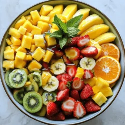 - 1 ripe mango, diced - 1 cup fresh pineapple, diced - 1 ripe banana, sliced - 1 kiwi, peeled and sliced - 1 cup strawberries, hulled and halved - 1 orange, segmented - 2 tablespoons honey - 2 tablespoons lime juice - A pinch of sea salt - 1 tablespoon fresh mint, chopped - Extra mint leaves for serving For a Tropical Fruit Salad, you need fresh, ripe fruits. Each fruit brings its own taste and texture. The mango is sweet and juicy, while the pineapple adds a slight tang. Bananas bring creaminess, and the kiwi adds a fun pop of color. Strawberries are sweet and juicy, while oranges bring a refreshing zest. For the dressing, honey adds sweetness. Lime juice brightens the flavor and balances the sweetness. Sea salt enhances the fruit's natural taste. Fresh mint gives a refreshing touch that ties everything together. You can find the complete preparation method in the Full Recipe. Once you gather all these ingredients, you're ready to mix and create something truly delightful! Start by gathering your fruit. You will need a ripe mango, fresh pineapple, a ripe banana, a kiwi, strawberries, and an orange. - Dice the mango and pineapple into bite-sized pieces. - Slice the banana and kiwi. - Hull and halve the strawberries. - Segment the orange. Now, combine all the diced and sliced fruits in a large mixing bowl. This mix gives the salad a bright and colorful look. In a small bowl, whisk together the lime juice, honey, and a pinch of sea salt. Mix until it is smooth and creamy. This lime dressing adds a zingy flavor that complements the fruits well. Next, pour the lime dressing over the mixed fruits. Toss gently to coat all the fruit pieces evenly. Be careful not to mash the fruit. After that, fold in the chopped fresh mint for an extra burst of flavor. Now, cover the bowl with plastic wrap. Let it chill in the refrigerator for about 15 minutes. This waiting time helps the flavors blend. Serve the fruit salad in a large bowl or in individual cups. You can also garnish it with extra mint leaves for a fresh look. For the full recipe, check out [Full Recipe]. To make a great tropical fruit salad, pick ripe fruits. Look for mangoes that yield slightly when pressed. Choose pineapples with a sweet smell at the base. Bananas should be yellow, not green or brown. For kiwis, go for ones that feel soft but not mushy. Strawberries should be bright red and firm. Oranges should feel heavy for their size, indicating juiciness. Freshness matters for flavor, so always select the best. You can boost the flavor of your salad with extra ingredients. Adding a splash of coconut water gives a tropical twist. A sprinkle of chili powder adds a fun kick. You might try a dash of vanilla extract for warmth. Chopped nuts like almonds or walnuts can add crunch. Consider tossing in some chia seeds for a health boost. These small changes can elevate your dish to new heights. Present your tropical fruit salad in fun ways. Use clear cups for individual servings. This makes it easy for guests to grab and enjoy. You can layer the fruit for a pretty effect. Another idea is to serve it in a hollowed-out pineapple. Garnish with extra mint leaves; they add color and aroma. These creative touches make your salad even more inviting. {{image_2}} You can mix and match your fruits for great taste. Try using seasonal fruits like: - Papaya - Dragon fruit - Passion fruit - Guava These fruits add unique flavors and colors to your salad. You can also use berries like blueberries or raspberries. They bring a nice tartness that balances the sweetness. If you want a lighter dressing, consider these options: - Use agave syrup instead of honey for a lower glycemic index. - Try a homemade yogurt dressing with lime and herbs for creaminess without added sugar. - You can even skip sweeteners altogether and let the fruit's natural sweetness shine. These options keep your salad fresh and healthy. Pair your tropical fruit salad with fun tropical meals. Serve it alongside grilled chicken or fish for a bright plate. It also works well with coconut rice or shrimp tacos. For snacks, try adding it to yogurt or topping it on pancakes. You can even use it as a filling for spring rolls. The bright flavors will transport you to a beach paradise. Explore the full recipe for more delicious ideas! To keep your tropical fruit salad fresh, cover it well. Use plastic wrap or a tight lid. This will help keep air out and prevent browning. Store it in the fridge right after serving. If you have leftovers, they should be eaten within two days for the best taste. When stored properly, tropical fruit salad lasts about two to three days in the fridge. After this time, fruits may lose their crunch and taste. Always check for any signs of spoilage, like off smells or mushy textures, before enjoying the leftovers. Freezing fruit salad is an option, but it may change the texture. If you want to freeze it, add the lime dressing later. Freeze the mixed fruits in a single layer on a baking sheet first. Once frozen, transfer them to a freezer bag. When you want to eat it, let it thaw in the fridge overnight. Then, mix in the dressing before serving. Yes, you can use canned fruits in this salad. Canned fruits work well, but fresh fruits taste best. Canned fruits often have added sugar, which can change the taste. If you choose canned fruits, look for those without added sugar. Rinse them before using to reduce sweetness. This step helps you keep the salad balanced. You can try different dressings to change the flavor. A simple yogurt dressing adds creaminess. Mix plain yogurt with a bit of honey and lime juice. A coconut cream dressing gives a nice tropical twist too. Just blend coconut cream with a bit of lime juice. For a spicy kick, try adding a dash of chili powder to lime dressing. Making this salad vegan is easy! Simply replace honey with maple syrup or agave nectar. Both options keep the sweetness without using animal products. You can also use coconut yogurt as a dressing base for extra creaminess. This way, you maintain a rich flavor while keeping it plant-based. This tropical fruit salad is an easy, fresh treat. We combined ripe fruits and a zesty lime dressing. You learned how to prepare, mix, and serve this dish. I shared tips to choose the best fruits and offered tasty variations. You can store leftovers without losing quality. Enjoy this vibrant salad at parties or as a simple snack. With so many options to customize, you’ll never get bored. Make your own version, and let the flavors shine!