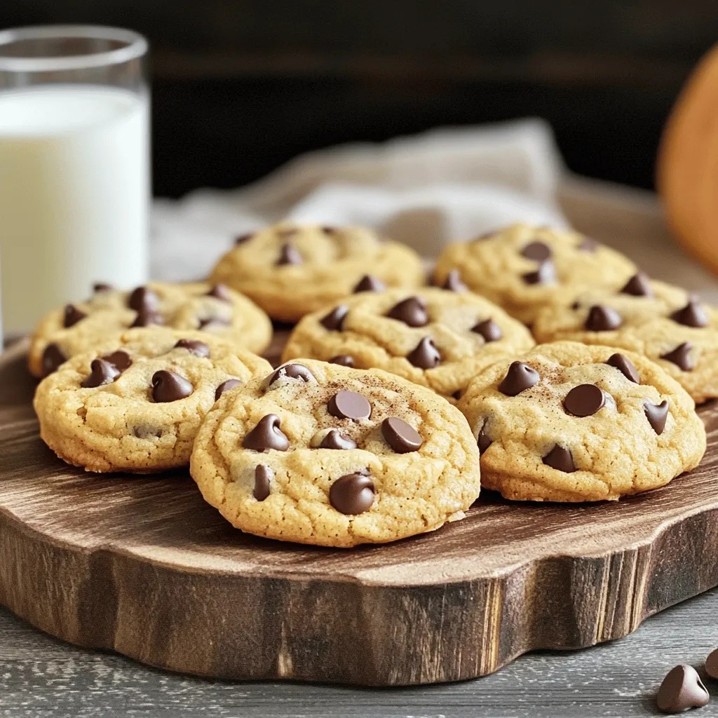 To make these pumpkin chocolate chip cookies, you need a few key ingredients: - 1 cup pumpkin puree (canned or fresh) - 1 cup brown sugar, packed - ½ cup granulated sugar - ½ cup unsalted butter, softened - 1 large egg - 2 teaspoons vanilla extract - 2 cups all-purpose flour - 1 teaspoon baking soda - 1 teaspoon baking powder - 1 teaspoon ground cinnamon - ½ teaspoon ground ginger - ¼ teaspoon nutmeg - ½ teaspoon salt - 1 cup semi-sweet chocolate chips These ingredients work together to create moist, soft cookies that melt in your mouth. The pumpkin puree adds a lovely flavor and texture. It also keeps the cookies soft for days. You can customize your cookies with optional add-ins. Here are some great ideas: - Chocolate chip types: semi-sweet, dark, or white chocolate - Nuts: walnuts or pecans add crunch - Dried fruits: raisins or cranberries bring sweetness Feel free to mix and match these add-ins. Each option adds a different twist to the classic cookie! For the full recipe, check out the complete guide. To make pumpkin chocolate chip cookies, follow these simple steps. Each step builds on the last, leading to a delicious treat. 1. Preheat your oven and prepare baking sheets: Set your oven to 350°F (175°C). Line your baking sheets with parchment paper. This prevents the cookies from sticking. 2. Creaming the butter and sugars: In a large bowl, mix the softened butter, brown sugar, and granulated sugar. Beat them together until the mixture becomes light and fluffy. This step adds air to your cookies, making them soft. 3. Mixing wet and dry ingredients: Add the pumpkin puree, egg, and vanilla extract to the butter mixture. Stir until everything is well combined. In another bowl, whisk the flour, baking soda, baking powder, cinnamon, ginger, nutmeg, and salt. Gradually mix the dry ingredients into the wet ingredients. Do not overmix; just combine until you see no flour. This keeps the cookies tender. 1. Forming and placing cookie dough on baking sheets: Use a cookie scoop or spoon to drop rounded tablespoons of dough onto the prepared baking sheets. Make sure to leave space between each cookie. This allows them to spread while baking. 2. Baking times and tips for doneness: Bake your cookies in the preheated oven for 10-12 minutes. Look for lightly golden edges. The centers may look a little soft. They will firm up as they cool. If you want a chewier cookie, take them out a minute early. Following these steps will lead you to perfect pumpkin chocolate chip cookies. For the complete recipe, check out the Full Recipe. Enjoy your baking! To get soft and chewy cookies, you must measure your ingredients correctly. Use a kitchen scale for the best results. If you don’t have one, spoon flour into your measuring cup and level it off. Do not pack it down. Another key tip is to avoid overmixing the dough. Once you add the dry ingredients, mix just until you can’t see flour anymore. Overmixing can lead to tough cookies. Remember, a few lumps are okay! Bring your cookies to life with extra spices or extracts. A pinch of nutmeg or allspice can add depth. You might also try adding a splash of maple or almond extract for fun twists. Using quality chocolate chips makes a big difference. I recommend semi-sweet chocolate chips for a balanced taste. You could also try dark chocolate for a richer flavor. Choose brands that use real chocolate for the best melt and taste. For the complete guide, check the Full Recipe. {{image_2}} You can easily make pumpkin chocolate chip cookies fit your diet. For a gluten-free version, use alternative flours like almond or coconut flour. These flours add a nutty taste and keep the cookies light. Just remember to adjust the amount since these flours absorb more moisture. If you want a vegan option, swap the egg with a flaxseed egg. Mix one tablespoon of ground flaxseed with three tablespoons of water. Let it sit for five minutes to thicken. Use coconut oil instead of butter for a dairy-free treat. To boost the flavor, add spice blends. Pumpkin pie spice and chai spices work well in these cookies. A teaspoon of pumpkin pie spice gives warmth and comfort. For chai spices, try a mix of cinnamon, cardamom, and ginger for an exotic twist. You can also have fun by swapping in different mix-ins. Coconut flakes add chewiness and a tropical flair. Peanut butter chips bring a delightful richness. Experiment with these options to create your perfect cookie. For the full recipe, check out the Pumpkin Spice Chocolate Chip Cookies. To keep your pumpkin chocolate chip cookies fresh, store them in an airtight container. This helps prevent them from drying out. Place the cookies at room temperature for up to five days. If you want to keep them longer, consider refrigeration. Just make sure to wrap them well in plastic wrap first. For longer storage, freezing is a great option. Place the cookies in a freezer-safe bag or container. They can last up to three months in the freezer. When you want to enjoy them, just thaw at room temperature or warm them in the oven. These cookies are best when fresh but will stay tasty for about five days at room temperature. If you refrigerate them, they may last a week but could dry out. Watch for signs of spoilage. If they smell off or look hard, it’s time to toss them. To keep your pumpkin chocolate chip cookies at their best, follow these storage tips. Enjoy the delicious flavors for as long as possible! For the full recipe, check out the [Full Recipe]. Can I use fresh pumpkin instead of canned? Yes, you can use fresh pumpkin. Just cook and puree it first. Fresh pumpkin adds a nice flavor. However, ensure it is well-drained to avoid excess moisture in the dough. How do I know when the cookies are done baking? Look for lightly golden edges. The centers might seem soft but will firm up while cooling. A good test is to gently touch the edge. If it feels set, they are done. Can I make the dough ahead of time? Absolutely! You can make the dough and chill it for up to 24 hours. Just wrap it tightly in plastic wrap. This way, the flavors deepen, and it’s ready when you are. What’s the best way to reheat leftover cookies? To reheat, use a microwave for about 10-15 seconds. This warms them up and keeps them soft. You can also use an oven at 350°F for 5 minutes for a crispier texture. Suggested pairings for serving (drinks and sides) These cookies go well with warm apple cider or a glass of milk. For a cozy touch, serve them with spiced tea. A scoop of vanilla ice cream on the side makes them even more special. Nutritional information for the cookies Each cookie has about 150 calories. They contain 7g of fat, 21g of carbs, and 2g of protein. They are a tasty treat, so enjoy them in moderation! Check the full recipe for more details on portions. This blog post covered how to create delicious pumpkin cookies. We looked at key ingredients like pumpkin puree, sugars, and baking essentials. I shared tips for achieving the perfect texture and flavor, along with variations for different diets. You can store your cookies to keep them fresh and tasty. Remember, cooking is about experimenting and enjoying the process. Have fun with your baking journey, and don’t hesitate to try out new ideas!
