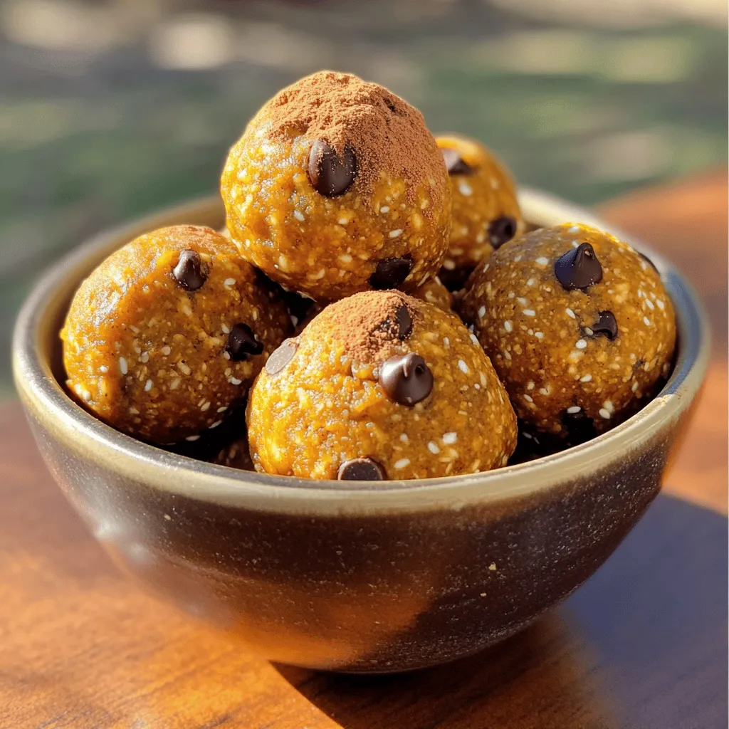 To make your own pumpkin spice energy bites, gather these simple ingredients: - 1 cup rolled oats - 1/2 cup pumpkin puree - 1/3 cup almond butter (or any nut butter of choice) - 1/4 cup honey or maple syrup - 1 teaspoon vanilla extract - 1 teaspoon pumpkin pie spice - 1/4 teaspoon salt Feel free to mix things up with these optional ingredients: - 1/4 cup chocolate chips - 2 tablespoons chia seeds These additions add flavor and nutrients. Chocolate chips add sweetness, while chia seeds boost fiber. Here’s some key info on the main ingredients: - Rolled oats: Great source of fiber. They help keep you full and satisfied. - Pumpkin puree: Low in calories, high in vitamins A and C. It adds moisture and flavor. - Almond butter: Packed with healthy fats and protein. It gives a creamy texture and taste. - Honey or maple syrup: Natural sweeteners that add a touch of sweetness without refined sugar. For the full recipe, check the details above and enjoy making these tasty bites! First, gather all your ingredients. You will need rolled oats, pumpkin puree, nut butter, honey or maple syrup, vanilla extract, pumpkin pie spice, salt, and any extras like chocolate chips or chia seeds. This step is key! Having everything ready makes the process smooth and fun. In a medium bowl, mix the rolled oats, pumpkin puree, almond butter, honey or maple syrup, vanilla extract, pumpkin pie spice, and salt. Use a fork or spatula to combine them well. Keep mixing until you get a sticky and cohesive mixture. If it's too wet, add a bit more oats. If it's too dry, add a splash of nut butter or pumpkin puree. Once your mixture is just right, you can add the chocolate chips and chia seeds if you want. This adds a fun crunch and boosts nutrition. Now, use your hands to form small balls, about one inch wide. Place each ball on a parchment-lined baking sheet or plate. Make sure they are spaced out so they don’t stick together. After shaping all the bites, put the baking sheet in the fridge for at least 30 minutes. This helps them firm up. Once they are set, transfer the energy bites to an airtight container. You can keep them in the fridge for up to a week. If you want to store them longer, pop them in the freezer. They will stay fresh and tasty for a few months. Enjoy these bites as a quick snack or a sweet treat anytime! For the full recipe, check the earlier section. To get the best texture for your energy bites, you need to mix well. Start with the rolled oats; they give a nice chew. Use a medium bowl to blend all the ingredients until they stick together. If the mix feels too wet, add more oats. If it’s dry, add a bit more pumpkin puree or nut butter. This balance is key for a good bite. You can make these bites fit your needs. Want them nut-free? Switch almond butter for sun butter or sunflower seed butter. If you need them vegan, replace honey with maple syrup. For gluten-free bites, ensure your oats are certified gluten-free. These swaps keep your energy bites tasty and fun for everyone. Serving your energy bites can be a fun twist. Try placing them in a small bowl or on a cute platter. You can sprinkle extra pumpkin spice on top for flair. Mini cupcake liners make them look fancy, too. These bites work well as snacks or sweet treats on busy days. Enjoy them with a warm drink for a cozy feel! {{image_2}} You can change the spice mix for more flavor. Try cinnamon, nutmeg, or ginger. Mixing these spices gives a warm, cozy taste. You can also add cardamom for a unique twist. Each spice adds a new layer to the bites. Experiment with your favorite flavors to create your own blend. For sweeteners, use maple syrup, agave, or coconut sugar. Each adds its own flavor and sweetness level. If you want nut-free bites, try sunflower seed butter or tahini. These options keep the bites creamy and tasty. You can also blend different nut butters for a richer flavor. Boost your energy bites with superfoods. Chia seeds add fiber and omega-3s. Flaxseeds give a nutty taste and more nutrients. You can also mix in protein powder for added protein. Adding dried fruit, like cranberries or apricots, gives natural sweetness and chewiness. These extras make the bites even healthier and more enjoyable. For the full recipe, check out Pumpkin Spice Energy Bites. To keep your pumpkin spice energy bites fresh, store them in an airtight container. Place the container in the refrigerator. This helps maintain their taste and texture. You can enjoy them for up to one week. If you notice them getting a bit dry, try adding a small slice of bread to the container. The bread will help keep the bites moist. If you want to keep your energy bites longer, freezing is a great option. First, let the bites chill in the fridge for at least 30 minutes. Once they are firm, arrange them in a single layer on a baking sheet. Freeze them for about two hours. After they are frozen solid, transfer them to a freezer-safe bag. They can last up to three months in the freezer. When you want to eat them, just take a few out and let them thaw at room temperature. Always check for signs of spoilage. If you see mold or if the bites smell off, throw them away. Fresh pumpkin spice energy bites should have a sweet and spicy aroma. The best-by date is about one week after making them if stored in the fridge. If frozen, mark the date on the bag to keep track. Enjoy your tasty treats while they are fresh! Pumpkin spice energy bites are tasty and packed with nutrients. They provide fiber from oats and pumpkin. Fiber helps digestion and keeps you full. Almond butter gives healthy fats and protein. Healthy fats support heart health and energy. Honey or maple syrup adds natural sweetness without refined sugar. Adding chia seeds boosts omega-3 fatty acids, good for brain health. Overall, these bites are a great way to snack healthily. Yes, you can easily make these energy bites vegan. Simply swap the honey for maple syrup. Maple syrup is a great vegan sweetener. Use a nut butter that fits your diet. Almond butter works well, but you can use peanut or sunflower seed butter too. This way, you keep all the flavor and nutrition while sticking to a vegan diet. You can use pumpkin spice energy bites in many ways. They make a great snack between meals. Pack them in your lunch for an energy boost. Enjoy them before or after workouts for extra fuel. You can also serve them as a dessert or treat. Try them with yogurt or fruit for a fun breakfast. This makes it simple to add healthy snacks to your meal plan. For the complete recipe, check out the section above! In this article, we explored the key ingredients and step-by-step instructions for making delicious pumpkin spice energy bites. You learned about optional ingredients, tips for perfect textures, and ways to customize flavors. We also discussed best practices for storage and storage signs to watch for. As you try these energy bites, remember you can easily adapt them to suit your taste and diet. Enjoy creating your own healthy snack that fits your meal plan perfectly!