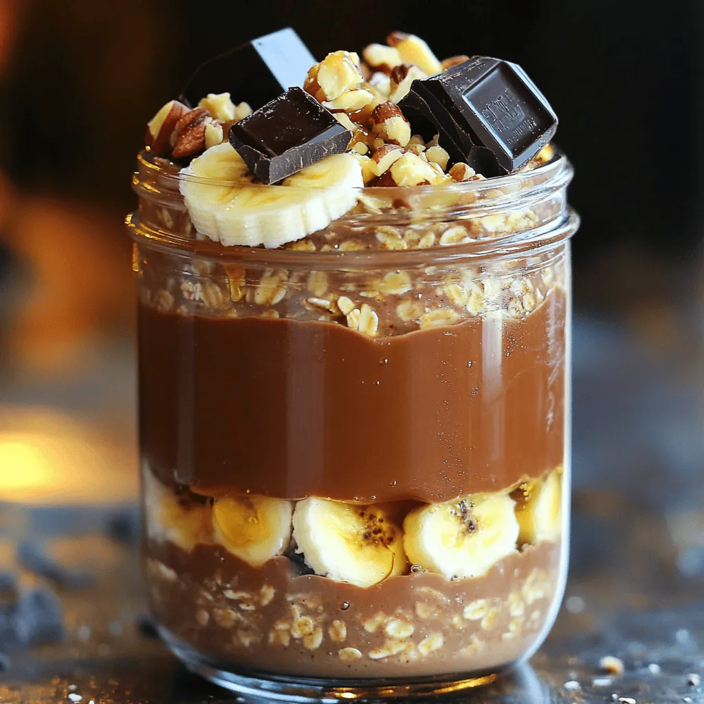 To make Chocolate Peanut Butter Overnight Oats, gather these simple items: - 1/2 cup rolled oats - 1 cup unsweetened almond milk (or milk of choice) - 2 tablespoons peanut butter (creamy or crunchy) - 1 tablespoon unsweetened cocoa powder - 1 tablespoon chia seeds - 1 tablespoon honey or maple syrup (adjust to taste) - 1/2 teaspoon vanilla extract - A pinch of salt - Toppings: sliced bananas, chopped dark chocolate, and crushed nuts You can swap out some ingredients for different flavors. Use any milk you like, such as oat or soy milk. If you want a nut-free option, use sunflower seed butter instead of peanut butter. For sweetness, try agave syrup or leave it out completely. You can also add spices like cinnamon for a warm touch. This recipe is both tasty and healthy. Each serving has about 350 calories. You get protein from the peanut butter and chia seeds. The oats provide fiber, which is great for digestion. If you top with bananas, you add potassium, too. Overall, this dish gives you energy and keeps you full for hours! For the full recipe, check out the section above. Making chocolate peanut butter overnight oats is easy and fun. Start by gathering your ingredients. You will need: - 1/2 cup rolled oats - 1 cup unsweetened almond milk - 2 tablespoons peanut butter - 1 tablespoon unsweetened cocoa powder - 1 tablespoon chia seeds - 1 tablespoon honey or maple syrup - 1/2 teaspoon vanilla extract - A pinch of salt - Toppings: sliced bananas, chopped dark chocolate, and crushed nuts In a medium bowl, mix the oats, almond milk, peanut butter, cocoa powder, chia seeds, honey or maple syrup, vanilla extract, and salt. Stir well until everything blends together. Then, pour the mixture into a mason jar or another airtight container. For creamy oats, use rolled oats instead of instant oats. Rolled oats soak well without becoming mushy. Use enough almond milk to keep oats moist. If you want creamier oats, add extra almond milk in the morning. Stir them well before eating. Prep takes only about ten minutes. After mixing, cover the jar and put it in the fridge. Let it chill overnight or for at least four to six hours. This gives the oats time to absorb the liquid and soften. You can make a few jars at once to enjoy all week. For a quick breakfast, prep on Sunday for the week ahead. Follow the [Full Recipe] for all details on making this tasty dish! To make creamy oats, use enough liquid. The ratio of oats to almond milk is key. For each half cup of oats, add a full cup of liquid. The almond milk should be cold, as it helps the oats soak well. Stir the mixture thoroughly to break up any clumps of peanut butter. If the oats look too thick after chilling, add a splash more milk before serving. When making these oats ahead, use an airtight container. This keeps the oats fresh and tasty. They last up to five days in the fridge. You can prepare several jars at once for quick breakfasts. Just top them with fresh fruits and nuts right before eating. This keeps the toppings crunchy and bright. Mix all your ingredients well in a bowl. Start with the almond milk, then add the oats. Add peanut butter next, followed by cocoa powder and chia seeds. Honey or maple syrup adds sweetness, so adjust it to your taste. Finally, sprinkle in a little salt to enhance the flavors. Mixing well ensures every bite is full of rich chocolate and peanut butter goodness. For the full recipe, check out the detailed steps above! {{image_2}} You can add many flavors to your chocolate peanut butter overnight oats. Try adding a scoop of protein powder for a boost. You can mix in your favorite spices too. Cinnamon or nutmeg adds warmth. You might also enjoy a splash of espresso for a coffee flavor. If you like fruit, add berries or diced apples for a fresh taste. Toppings can change your oats from good to great. You can use sliced bananas for a sweet touch. Chopped dark chocolate is a fantastic choice for extra richness. Crushed nuts add crunch. Try coconut flakes for a tropical flavor. You can also sprinkle some granola for added texture. Mix and match your toppings to keep it exciting! Making this recipe vegan is simple. Use almond milk or oat milk instead of dairy. Swap honey for maple syrup to keep it plant-based. For a gluten-free option, ensure your oats are certified gluten-free. This way, everyone can enjoy this tasty treat without worry. You can create a delicious meal that fits many diets! After making your chocolate peanut butter overnight oats, you might have some left. Store your oats in an airtight container. A mason jar works great. Keep them in the fridge. This keeps them fresh for the next day. Just remember to seal them tightly to avoid any weird smells. Your overnight oats can last in the fridge for up to five days. If you want to keep them longer, you can freeze them. Use freezer-safe containers or bags. When you are ready to eat, thaw them in the fridge overnight. They can taste just as good after freezing. If you prefer warm oats, you can reheat them. Take the oats out of the fridge and stir them. Add a splash of almond milk to help loosen them up. Heat in the microwave for about 30 to 60 seconds. Stir again and check the temperature. If they need more heat, pop them back in for another few seconds. Enjoy your warm, tasty oats! Overnight oats are a great breakfast choice. They are high in fiber, which helps digestion. They also provide steady energy thanks to complex carbs. Eating oats may lower cholesterol levels, which is good for heart health. The chia seeds add omega-3 fatty acids, great for your brain. Peanut butter adds protein and healthy fats, making you feel full longer. Yes, you can use many kinds of milk. Almond milk, soy milk, or oat milk work well. Each type adds a different flavor. Regular cow's milk is also fine if you prefer it. Just pick what you like best! You can keep overnight oats for up to five days in the fridge. The oats will soak up the liquid and stay fresh. Make sure to store them in an airtight container. If you notice any odd smells or textures, it’s best to toss them. Absolutely! This recipe is perfect for meal prep. You can make several jars at once. Just layer them in jars and keep them in the fridge. Grab one in the morning for a quick, healthy breakfast. You can add many fun flavors to this recipe! Try adding fruits like berries, apples, or peaches. Nuts and seeds can give a nice crunch. You might also like a dash of cinnamon or a sprinkle of cocoa nibs. Mix and match to find your favorite! In this blog post, we explored how to make chocolate peanut butter overnight oats. We discussed the ingredients needed, prep steps, and ways to ensure the best texture. I shared tips for storage and delicious variations. Remember, these oats are easy to customize for your taste. They are a healthy meal option and good for meal prep too. I hope you feel inspired to make your own overnight oats and enjoy this tasty dish!