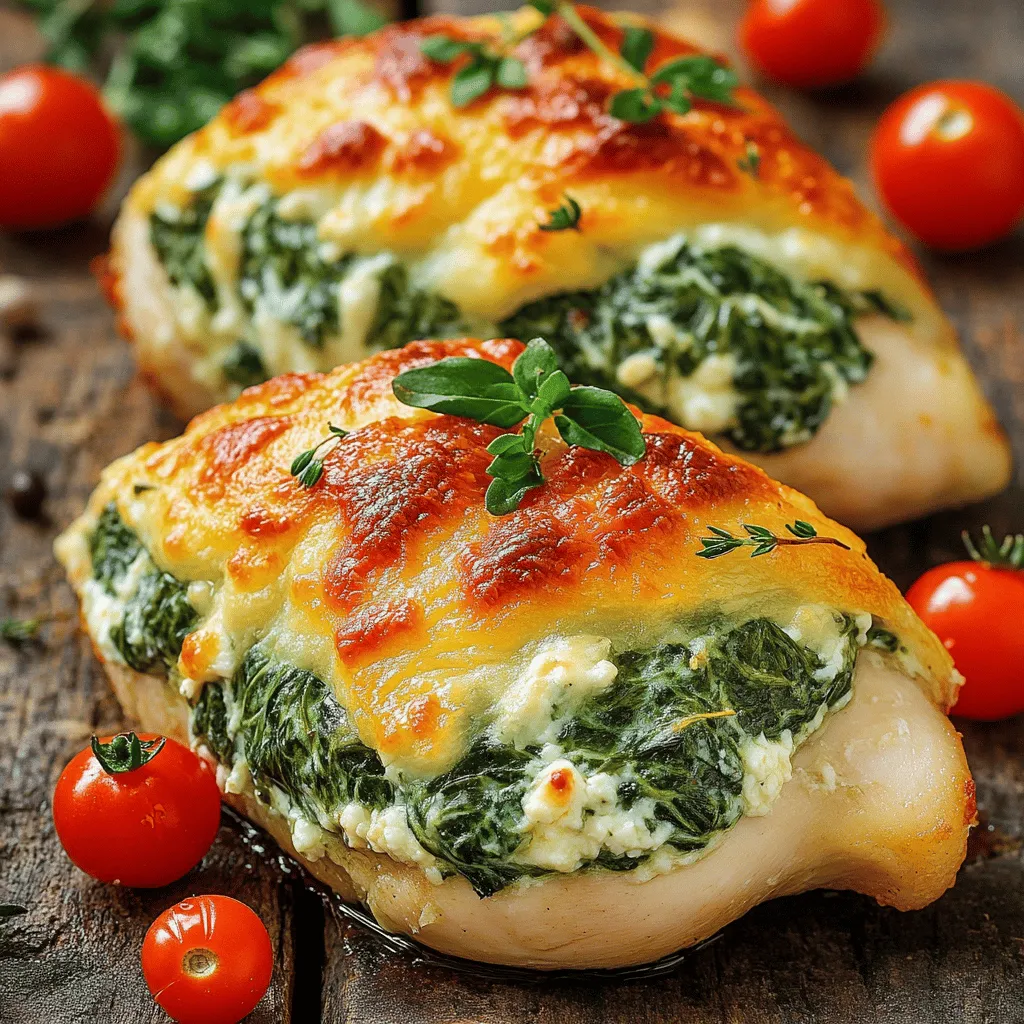 To make Cheesy Spinach Stuffed Chicken, you will need a few key ingredients. Here’s a simple list to help you gather everything: - 4 boneless, skinless chicken breasts - 2 cups fresh spinach, chopped - 1 cup ricotta cheese - 1 cup shredded mozzarella cheese - 1/2 cup grated Parmesan cheese - 2 cloves garlic, minced - 1 teaspoon Italian seasoning - Salt and pepper to taste - 2 tablespoons olive oil - 1 tablespoon lemon juice - Optional: Cherry tomatoes, for garnish Each ingredient plays an important role. The chicken serves as the main protein. Spinach adds a fresh taste and nutrients. The cheeses create that creamy, cheesy filling we all love. Garlic and Italian seasoning boost the flavor, while lemon juice adds brightness. Olive oil is essential for cooking, and cherry tomatoes can make your plate look pretty. You can find the full recipe to guide you through the cooking process. Enjoy making this tasty dish! - Preheat and Sauté Start by preheating your oven to 375°F (190°C). This will help cook the chicken evenly later. Next, heat 2 tablespoons of olive oil in a skillet over medium heat. Add 2 cloves of minced garlic and sauté until you smell the aroma, about 1 minute. Then, throw in 2 cups of chopped spinach. Cook for about 2-3 minutes, just until the spinach wilts. Remove from heat and let it cool a bit. - Mix Cheese and Spinach Filling Grab a medium bowl and combine the sautéed spinach with 1 cup of ricotta cheese, 1 cup of shredded mozzarella cheese, and 1/2 cup of grated Parmesan cheese. Add 1 teaspoon of Italian seasoning, some salt, and pepper to taste. Lastly, squeeze in 1 tablespoon of fresh lemon juice. Mix everything well until you have a nice filling. - Prepare Chicken Breasts Take 4 boneless, skinless chicken breasts. With a sharp knife, make a pocket in each chicken breast by slicing horizontally. Be careful not to cut all the way through. This pocket will hold our cheesy filling. - Stuff and Secure Chicken Now, fill each chicken breast pocket with the cheese and spinach mixture. Make sure it's packed nicely. If the opening doesn't stay shut, use toothpicks to secure it. - Sear Chicken Breasts Heat a bit more olive oil in a large oven-safe skillet over medium-high heat. Place the stuffed chicken breasts in the skillet and sear for about 2-3 minutes on each side. Look for a golden-brown color to show it’s ready to bake. - Bake to Perfection Transfer the skillet to your preheated oven. Let the chicken bake for 20-25 minutes, or until it reaches an internal temperature of 165°F (74°C). This ensures it’s safe to eat and juicy. - Resting and Slicing Chicken Once cooked, remove the skillet from the oven. Let the chicken rest for a few minutes. This helps keep all those tasty juices inside. After resting, slice each chicken breast carefully. - Garnish Suggestions Add a pop of color by garnishing with cherry tomatoes, if you like. They add freshness and make the dish look even better. Enjoy your cheesy spinach stuffed chicken! How to Stuff Chicken Effectively To stuff chicken well, cut a pocket in each breast. Use a sharp knife. Be careful not to cut through the other side. This pocket holds all the tasty filling. When you stuff it, pack the filling in tight. This keeps it from spilling out while cooking. Using toothpicks helps keep the chicken closed, too. Ensuring Chicken is Moist To keep chicken juicy, do not overcook it. The ideal temperature is 165°F (74°C). Searing the chicken first adds flavor and seals in moisture. Adding olive oil while cooking helps, too. Let the stuffed chicken rest after cooking. This allows the juices to settle back in. Suggested Seasonings and Spices Italian seasoning adds a nice touch. You can also use garlic powder for extra flavor. A pinch of red pepper flakes gives some heat. Feel free to mix in fresh herbs like basil or parsley. These will brighten the dish. Pairing Options for Cheese Mozzarella is mild and melts well. Ricotta adds creaminess, making the filling rich. Parmesan gives a sharp taste. You can try other cheeses, like feta or gouda, for unique flavors. Each cheese brings something special to the dish. Plating Suggestions When you plate your chicken, slice it to show the filling. This makes it look appealing. Use a large white plate for contrast. Place the chicken at an angle for a nice touch. Adding Color with Garnishes Cherry tomatoes add vibrant color to the dish. Scatter them around the chicken. Fresh herbs like parsley or basil also add a pop of green. This makes your meal look fresh and inviting. {{image_2}} You can mix up the cheeses in this recipe. Try using cream cheese for a richer taste. Goat cheese adds a tangy flavor. You can also use cheddar for a sharper taste. Feel free to add other veggies too. Bell peppers or mushrooms blend well with spinach. They give extra texture and flavor. If you want a quick dinner, use an air fryer. Cook the stuffed chicken at 360°F for about 18-20 minutes. This gives you a crispy outside and juicy inside. Grilling is another fun option. Grill the chicken for about 6-8 minutes on each side. This will give your dish a nice smoky flavor. For a gluten-free meal, just skip breading. The recipe is already gluten-free as is. If you need it dairy-free, swap cheeses with nut-based options. Vegan cream cheese works great. You can also use tofu blended with spices as a filling. These swaps keep the dish tasty while meeting dietary needs. Refrigerator Storage You can keep leftover Cheesy Spinach Stuffed Chicken in the fridge. Place it in an airtight container. It stays fresh for up to three days. Make sure it's cooled before sealing it. This helps keep the moisture in. Freezing Instructions If you want to store it longer, freezing is a great option. Wrap each stuffed chicken breast tightly in plastic wrap. Then, place them in a freezer-safe bag. They can last up to three months in the freezer. Just label the bag with the date. Best Methods to Reheat The best way to reheat stuffed chicken is in the oven. Preheat the oven to 350°F (175°C). Place your chicken in a baking dish and cover it with foil. Heat for about 20 minutes or until warmed through. You can also use a microwave, but it may not keep the texture as well. Tips for Maintaining Texture To keep the chicken juicy, add a splash of broth to the dish before reheating. This extra moisture helps to prevent drying. Avoid reheating it multiple times. Each time you heat it, the chicken loses more moisture. Enjoy your meal just as delicious as the first time! How long does it take to cook stuffed chicken? It takes about 50 minutes to cook Cheesy Spinach Stuffed Chicken. This includes 20 minutes of prep and 25 minutes of baking. Can I prep the chicken ahead of time? Yes, you can prep the chicken a day before. Stuff and cover it, then store it in the fridge. What to serve with Cheesy Spinach Stuffed Chicken? I love serving it with a fresh salad or roasted veggies. You can also pair it with rice or pasta. Can I use frozen spinach? You can use frozen spinach, but thaw and drain it first. It helps avoid soggy filling. Is this recipe suitable for meal prep? Yes! This dish is great for meal prep. You can store it in airtight containers for easy meals. What to do if the chicken is dry? If the chicken is dry, it may have overcooked. Always use a meat thermometer to check for 165°F. How to tell when the chicken is cooked through? Check the thickest part of the chicken. It should reach 165°F for safe eating. The juices should run clear, too. This post covered all you need to make Cheesy Spinach Stuffed Chicken. You learned about the key ingredients and followed clear steps for prep and cooking. Tips and tricks helped enhance flavor and presentation, while variations offered fun options. Don’t forget to store leftovers well to keep them tasty. Remember, cooking is about creativity and enjoyment. Try new flavors and share your results! Happy cooking!