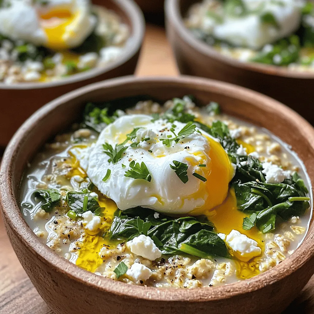 - 1 cup steel-cut oats - 2 cups vegetable broth - 1 cup fresh spinach, chopped - 1 large egg - 1 tablespoon olive oil - 2 cloves garlic, minced - 1/2 teaspoon turmeric - Salt and pepper to taste - Crumbled feta cheese (optional) - Fresh herbs (like parsley or chives) for garnish Each serving has about 300 calories. The macronutrient breakdown is roughly: - Carbohydrates: 40g - Fats: 10g - Protein: 12g Spinach is rich in vitamins K, A, and C. It also has iron and calcium. Oats are high in fiber, which helps digestion and keeps you full. They also lower cholesterol. Olive oil contains healthy fats that support heart health. It can reduce inflammation and improve brain function. 1. First, grab a medium saucepan. Pour in 2 cups of vegetable broth. 2. Turn the heat up to high and bring the broth to a boil. 3. Once boiling, add 1 cup of steel-cut oats to the pot. 4. Reduce the heat to a simmer. Cook for 20 to 25 minutes. Stir the oats occasionally. They should become tender and thick. 1. While the oats cook, heat 1 tablespoon of olive oil in a separate pan over medium heat. 2. Add 2 cloves of minced garlic to the pan. Sauté until it smells nice, about 1 minute. 3. Next, toss in 1 cup of chopped spinach. Sauté until it wilts, which takes about 2 to 3 minutes. 4. Sprinkle in 1/2 teaspoon of turmeric, and add salt and pepper to taste. Mix well and set aside. 1. Decide if you want a poached egg or a fried egg. 2. For a poached egg, bring water to a gentle simmer in a small pot. Create a whirlpool and crack the egg into it. Cook for 3 to 4 minutes. 3. For a fried egg, just cook it in a skillet. Wait until the whites are set and the yolk is still runny. 4. Once the oats are ready, divide them into bowls. Top each bowl with sautéed spinach and the egg. You can find the full recipe for this delicious dish above. Enjoy your savory oatmeal! To get the right texture for your savory oatmeal, adjust the cooking time. If you want it thicker, cook the oats a bit longer. For a creamier texture, add more broth. Stir the oats often while they cook. This helps them cook evenly and get nice and fluffy. Spices can really boost the flavor of your dish. Try adding a pinch of cumin or chili flakes for warmth. Fresh herbs like basil or thyme add a nice touch too. You can also swap the feta cheese for goat cheese or cheddar for a different flavor. When serving, use deep bowls for a rustic look. This makes the dish feel cozy and inviting. Drizzle a little olive oil on top for a shiny finish. A sprinkle of freshly cracked black pepper adds flavor and looks nice too. For extra flair, add fresh herbs on top. It brightens the dish and makes it pop! For the full recipe, check out the details above. {{image_2}} You can switch up the protein in this dish with ease. Instead of a fried or poached egg, use hard-boiled eggs for a quick option. You can slice them on top for a nice look. If you want something different, try scrambled eggs. They mix well with the oats and spinach. For those who prefer a vegan meal, tofu or chickpeas are great choices. Firm tofu works well when sautéed. Just cube it and add it to the spinach. Chickpeas add a nice texture and protein punch. They blend well with the oats. Feel free to change the greens. If you want something other than spinach, kale is a great switch. It has a robust flavor and pairs well with oats. Arugula adds a peppery kick that can brighten your bowl. You can also think about using seasonal veggies. Roasted peppers or zucchini can add color and taste. Another option is to mix in some broccoli or asparagus. They add crunch and nutrients. Use what you have on hand to keep it fresh and exciting. Experiment with different flavors to make this dish your own. You can add spices like cumin or paprika for a warm twist. Fresh herbs like basil or cilantro can brighten the dish too. Try drizzling some soy sauce or hot sauce on top. These can add depth and zing to your meal. You can also serve it with a dollop of yogurt for creaminess. Each option brings a unique flair to your savory oatmeal. For the full recipe, check out the detailed instructions above. To store leftovers, let them cool first. Place the oatmeal in an airtight container. This keeps it fresh and prevents it from drying out. The best containers for storage are glass or BPA-free plastic. They seal well and are easy to clean. For reheating oatmeal, the best methods are using the stove or microwave. If using the stove, add a splash of water or broth to the pot. Heat it over low heat, stirring often. This helps keep the flavor and texture. In the microwave, heat in short bursts. Stir between each burst to avoid hot spots. Yes, you can freeze savory oatmeal. To do this, cool it completely before freezing. Use freezer-safe containers or bags. When you're ready to eat, thaw it overnight in the fridge. Reheat it on the stove or in the microwave, adding extra liquid if needed. Yes, you can make this savory oatmeal vegan. Instead of using a regular egg, try these substitutes: - Silken tofu: Blend silken tofu until smooth. Add it to your dish as a creamy topping. - Chickpea flour: Mix 1 tablespoon of chickpea flour with 3 tablespoons of water. Cook it in a pan until firm. - Avocado: Slice a ripe avocado and place it on top of the oatmeal for creaminess. These options replace the egg while keeping your dish delicious and filling. To make your oatmeal creamier, try these tips: - Add more liquid: Stir in extra vegetable broth or water as the oats cook. This helps soften them. - Stir in dairy or plant milk: A splash of milk (dairy or almond) can add creaminess. - Mix in nut butter: A spoonful of almond or peanut butter gives richness and flavor. These simple steps will enhance the texture and taste of your savory oatmeal. This savory oatmeal pairs well with many sides and drinks: - Toast: Serve with whole-grain toast or avocado toast for added crunch. - Salad: A fresh side salad with lemon vinaigrette complements the flavors. - Juice: Pair with a glass of fresh orange juice or a green smoothie for a refreshing drink. These pairings can create a balanced and tasty meal to enjoy! In this blog post, we explored a tasty oatmeal dish with healthy ingredients. You learned about essential components like oats, spinach, and olive oil, along with their nutritional benefits. We discussed step-by-step cooking methods, tips to enhance texture, and variations to suit your taste. As you try this recipe, remember you can adapt it in many ways. Cooking is about creativity and fun. Enjoy making this healthy meal your own!