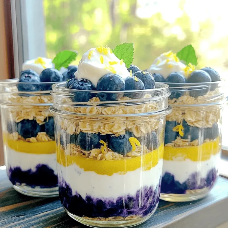 - 1 cup rolled oats - 2 cups almond milk (or any milk of your choice) - 1/2 cup fresh blueberries (plus extra for topping) - Zest of 1 lemon - 2 tablespoons maple syrup (or honey) - 1/2 teaspoon vanilla extract - 1/4 teaspoon cinnamon - A pinch of salt - 2 tablespoons chia seeds (optional, for added texture and nutrition) - Greek yogurt or plant-based yogurt for serving (optional) The ingredients for Lemon Blueberry Overnight Oats are simple yet powerful. Rolled oats serve as the base. They are filling and provide energy. Almond milk or your favorite milk adds creaminess. Fresh blueberries bring sweetness and a burst of flavor. Lemon zest brightens the dish. It adds a fresh, tangy twist. Maple syrup or honey sweetens it naturally. Vanilla extract gives warmth, while cinnamon adds a hint of spice. A pinch of salt enhances all these flavors. If you like texture, chia seeds are a great option. They soak up liquid and add a nice crunch. Greek yogurt or plant-based yogurt can give a creamy finish. It also adds protein. When you combine these ingredients, you create a tasty and balanced meal. This recipe is perfect for busy mornings. You can prep it the night before, so it’s ready when you are. Check out the Full Recipe for all the details! To make this tasty dish, start by gathering your ingredients. In a large bowl, combine: - 1 cup rolled oats - 2 cups almond milk (or any milk of your choice) - Zest of 1 lemon - 2 tablespoons maple syrup (or honey) - 1/2 teaspoon vanilla extract - 1/4 teaspoon cinnamon - A pinch of salt - 2 tablespoons chia seeds (optional) Mix these ingredients well. Next, gently fold in 1/2 cup of fresh blueberries. Be careful not to crush them too much, as you want them whole. This step adds a burst of flavor in each bite. Once your mixture is ready, divide it evenly between two jars or airtight containers. Sealing them is key, as it keeps the oats fresh. Place the jars in the refrigerator overnight. If you’re in a hurry, let them chill for at least 4 hours. This time allows the oats to absorb flavors and soften. In the morning, take out your jars and give the oats a good stir. If the mixture seems too thick, add a splash of milk to reach your desired consistency. Now comes the fun part! Top each jar with extra fresh blueberries and a dollop of Greek or plant-based yogurt. If you like, sprinkle a little lemon zest on top for a bright finish. Enjoy your Lemon Blueberry Overnight Oats straight from the jar for a healthy, quick breakfast! To get the right texture in your Lemon Blueberry Overnight Oats, adjust the milk. If you want thicker oats, use less milk. For creamier oats, add more milk. This way, you can make it just how you like! Adding toppings can elevate your oats. Here are some ideas: - Chopped nuts for crunch - Seeds for extra nutrition - Sliced fruits for added sweetness You can also boost the lemon flavor. Mix lemon juice with the zest for a bright, tangy taste. This will make your oats even more refreshing! Presentation matters! Serve your oats in clear jars to show off the colorful layers. It makes the dish look inviting. For a lovely touch, add a sprig of mint on top. This adds color and a hint of freshness. You can find the full recipe for the Lemon Blueberry Overnight Oats with these tips in mind! {{image_2}} You can make Lemon Blueberry Overnight Oats your own by adding different fruits. Try strawberries, peaches, or even mango. Each fruit brings a new twist to the flavor. You can also swap sweeteners. If you prefer a lighter option, use agave or stevia instead of maple syrup. This change can make your oats less sweet or change the flavor profile to suit your taste. If you follow a vegan diet, this recipe is easy to adapt. Just use plant-based yogurt and a non-dairy milk, like almond or coconut milk. For those who need gluten-free options, ensure you use certified gluten-free oats. This way, everyone can enjoy this tasty meal without worry. Serving ideas can also spice up your overnight oats. You can use different yogurts like Greek yogurt for creaminess or a plant-based yogurt for a vegan touch. You can even mix in some nuts or seeds for crunch. Consider serving the oats in clear jars. This not only looks pretty but also shows off those vibrant blueberries. Enjoy your Lemon Blueberry Overnight Oats your way! You can find the Full Recipe for more details. Lemon blueberry overnight oats stay fresh in the fridge for about 3 to 5 days. To keep them tasty and nice, seal your jars or containers tightly. This helps to avoid air exposure. If you notice any change in smell or texture, it’s best to toss them out. For the best texture, stir in a little extra milk before you eat. This can help if the oats become too thick. Keeping your oats in the back of the fridge will also help maintain freshness. You can freeze overnight oats, but not all ingredients freeze well. If you want to freeze them, leave out the blueberries. Add them in after thawing. You can store the oats in freezer-safe jars or bags. They can last for about 3 months in the freezer. To thaw, move your oats to the fridge overnight. For a quick option, place them in a bowl of warm water for about 30 minutes. You can eat them cold or warm them gently in the microwave. Making a larger batch of lemon blueberry overnight oats is a great idea. You can prepare enough for the entire week. To do this, double or triple the recipe. Store them in individual jars for easy pick-up. Portioning them like this makes breakfast easy. You can grab a jar as you head out the door. Plus, it helps you stick to healthy eating. You’ll always have a tasty meal ready to go! For the full recipe, check out the Lemon Blueberry Dream Oats recipe to get started. How long do overnight oats last in the fridge? Overnight oats stay fresh in the fridge for about 3 to 5 days. Store them in airtight containers. This way, you can grab breakfast quickly all week. Can I make overnight oats without dairy? Yes! You can easily use almond milk, coconut milk, or oat milk. These options make your oats creamy and delicious. What can I substitute for the chia seeds? If you don’t have chia seeds, try flaxseeds or even hemp seeds. They both add nutrition and help with texture too. What to do if oats are too thick or too runny? If your oats are too thick, mix in a little more milk. This will help reach your desired texture. If they are too runny, add more oats and let them sit for a bit to soak up the liquid. How to prevent blueberries from sinking? To keep blueberries from sinking, fold them in gently. You can also sprinkle some oats on top before chilling. This creates a barrier, helping them stay up. Caloric content and nutritional breakdown per serving Each serving of Lemon Blueberry Overnight Oats has about 300 calories. The oats provide fiber, while the blueberries add vitamins and antioxidants. Health benefits of ingredients used in Lemon Blueberry Overnight Oats Oats are great for heart health. They help keep you full longer. Blueberries boost your immune system and are low in calories. Lemon zest adds flavor and vitamin C. This combo makes a tasty, healthy dish! This blog post covered how to make delicious Lemon Blueberry Overnight Oats. You learned about the simple ingredients, easy steps, and storage tips. We also explored fun variations to customize your oats. In the end, overnight oats are a great way to enjoy a healthy meal that's quick to make. With the right ingredients and a little creativity, breakfast can be both tasty and good for you. Enjoy your flavorful start to the day!