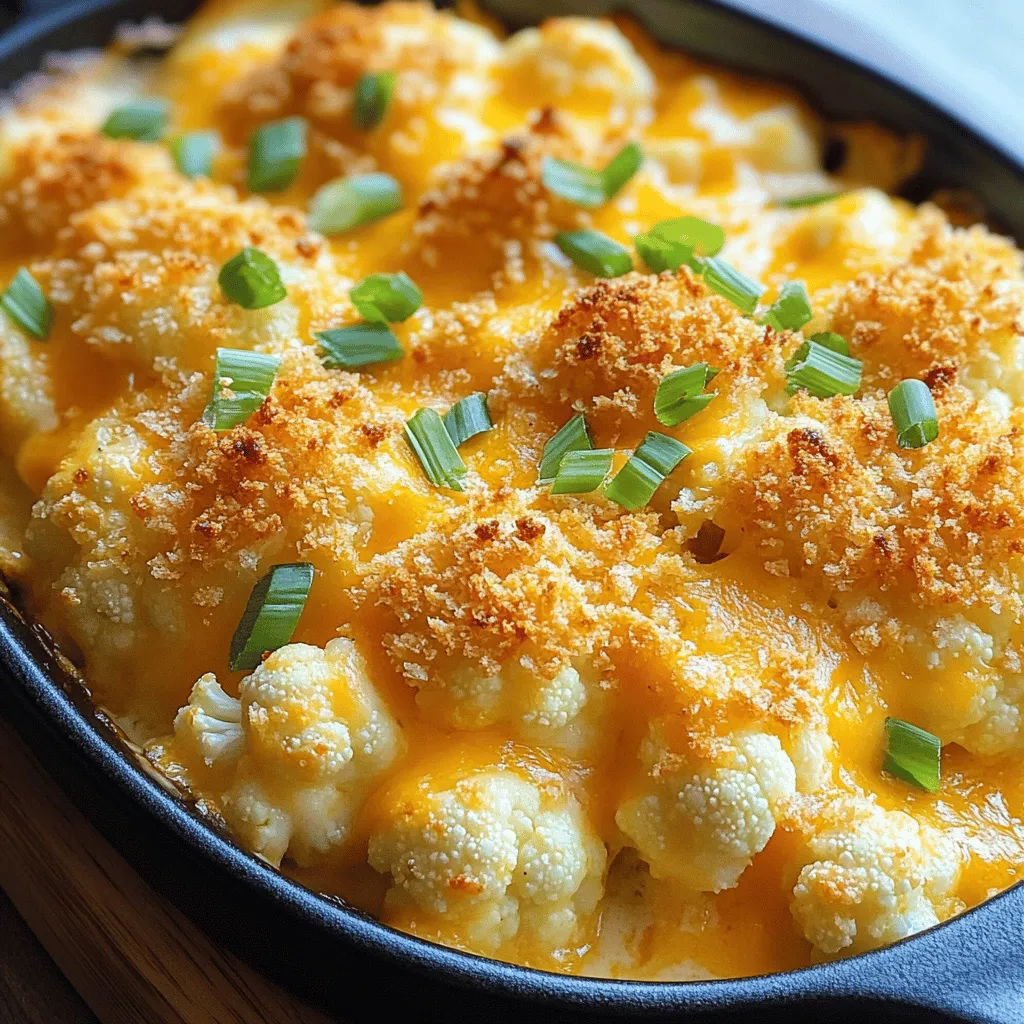 For a delicious Cheesy Cauliflower Casserole, you need these key ingredients: - 1 large head of cauliflower, cut into florets - 1 cup sharp cheddar cheese, shredded - 1 cup mozzarella cheese, shredded - 1 cup heavy cream - 1/2 cup grated Parmesan cheese - 3 cloves garlic, minced - 1 teaspoon onion powder - 1 teaspoon garlic powder - 1/2 teaspoon paprika - Salt and pepper to taste These ingredients blend together to create a creamy, cheesy dish that comforts the soul. The cauliflower acts as a great base, soaking up all that cheesy goodness. You can enhance your casserole with optional ingredients: - 1/4 cup panko breadcrumbs (for a crunchy topping) - 1/2 cup green onions, chopped (for garnish) Adding panko gives a nice texture contrast. Green onions add a fresh, bright flavor, making your dish pop. If you have dietary needs, consider these substitutions: - Use almond milk or coconut cream for a dairy-free option. - Swap cauliflower with broccoli for a low-carb choice. These swaps let everyone enjoy this dish, regardless of their diet. Always choose what fits your needs best while keeping the flavors intact. For the full recipe, check out the complete guide. To start, gather your ingredients. You need one large head of cauliflower, cut into florets. Next, steam the florets in a pot for about 5 to 7 minutes. You want them just tender. Drain the cauliflower and set it aside. In a large bowl, mix one cup of heavy cream with three minced garlic cloves, one teaspoon of onion powder, one teaspoon of garlic powder, and half a teaspoon of paprika. Season this mix with salt and pepper to taste. Stir it well until everything is combined. Then, gently fold in one cup of shredded sharp cheddar and one cup of shredded mozzarella cheese with the steamed cauliflower. This will coat the cauliflower nicely. Now, it's time to combine everything in the baking dish. First, preheat your oven to 375°F (190°C) and grease a 9x13-inch baking dish with cooking spray or butter. Pour the cauliflower and cheese mixture into the dish. Spread it out evenly so every bite gets the same flavor. Sprinkle half a cup of grated Parmesan cheese on top. If you want a crisp topping, add a quarter cup of panko breadcrumbs now. Bake the casserole in your preheated oven for 25 to 30 minutes. You want the top to turn golden brown and bubbly. Keep an eye on it as it cooks. If it gets too brown too fast, cover it with foil. Once it's done, take it out and let it cool for a few minutes. This helps the cheese set a bit. Garnish your casserole with chopped green onions before serving. For the full recipe, you can check the details above. Enjoy your cheesy cauliflower casserole! To make the best Cheesy Cauliflower Casserole, start by cooking the cauliflower just right. Steam the florets for about 5-7 minutes. This method keeps them tender but not mushy. You want them to hold shape in the dish. After steaming, drain the florets well. This step helps prevent extra moisture in your casserole. Balance the flavors by tasting your cream mixture. Adjust salt and pepper to your liking. The cheese adds a lot of flavor, so go easy on the salt at first. I like to add a bit of garlic powder and onion powder for depth. They enhance the taste without overpowering the dish. This casserole pairs well with many sides. A fresh garden salad adds crispness. You can also serve it with roasted chicken or fish for protein. For a heartier meal, try it next to some grilled steak. Top it with crispy bacon bits or fresh herbs for extra flavor. Chopped parsley or chives can brighten the dish. You can prep the casserole in advance. Cook the cauliflower and mix it with the cream and cheeses. Then, cover and chill it in the fridge for up to a day. When ready to bake, let it sit at room temperature for 30 minutes. This step helps it cook evenly. To reheat, cover it with foil to keep it moist, and bake at 350°F (175°C) until hot. This method keeps the cheese nice and melty. For a crisp top, remove the foil for the last few minutes of baking. For the full recipe, check the link above. {{image_2}} You can change the flavor of your Cheesy Cauliflower Casserole in many ways. Try adding different herbs and spices. For a kick, mix in some cayenne pepper or red pepper flakes. If you like fresh flavors, add chopped spinach or sun-dried tomatoes. You could also include cooked bacon or sausage for a meatier dish. These small changes can give your casserole a new life every time you make it. You can adapt this casserole for many diets. For a gluten-free version, skip the panko breadcrumbs. Instead, use crushed gluten-free crackers on top for crunch. If you follow a paleo diet, swap the heavy cream for coconut milk. For a vegetarian option, ensure your cheese is rennet-free and use vegetable broth instead of cream. This dish can fit various needs without losing its cheesy goodness. The type of cheese you use can change the flavor a lot. While cheddar and mozzarella are classic, feel free to mix it up. Try gouda for a smoky taste or feta for a tangy twist. You can also blend in some cream cheese for extra creaminess. Experimenting with cheese can lead to delicious surprises. Check out the Full Recipe for more ideas on cheese combinations to try. To store leftovers, let the casserole cool first. Place it in an airtight container. A glass or plastic container works best. Make sure the lid fits tightly to keep air out. You can also cover the dish with plastic wrap. Store it in the fridge for up to 4 days. This way, you can enjoy your cheesy cauliflower casserole later! To freeze the casserole, allow it to cool completely. Then, cut it into portions for easy servings. Wrap each piece in plastic wrap. Place the wrapped pieces in a freezer-safe bag or container. Squeeze out any air to prevent freezer burn. It can last up to 2 months in the freezer. To defrost, move a portion to the fridge overnight. Reheat it in the oven at 350°F (175°C) until hot. In the fridge, the cheesy cauliflower casserole lasts about 4 days. If frozen, it stays good for about 2 months. Always check for changes in smell or texture before eating. If it looks off, it’s best to throw it away. Enjoy your delicious leftovers safely! For the full recipe, check out the provided link. To avoid a watery casserole, do not overcook the cauliflower. Steam it just until tender. If you choose to boil, drain it well. Excess water can ruin the texture. You can also try adding less heavy cream or using a thicker cream. This helps absorb moisture. Yes, you can prepare this casserole before serving. Make it up to the baking step. Cover it tightly and store it in the fridge. You can bake it later. Just add a few extra minutes to the cooking time if baking cold. If you want a lighter option, use half-and-half or whole milk. For a dairy-free choice, try coconut cream or cashew cream. These alternatives provide a nice creaminess without the heavy calories. Absolutely! Adding cooked chicken, bacon, or sausage can enhance the dish. Just mix in the meat with the cheese and cauliflower. This gives you extra flavor and protein. In this blog post, we explored how to make Cheesy Cauliflower Casserole. We covered key and optional ingredients, including tasty cheese choices. I shared simple steps for preparation, assembly, and cooking. We also discussed tips for perfecting the dish and ideas for pairing it with sides. Plus, I gave options for variations to fit different diets. Now, you can enjoy a delicious, cheesy dish that works for everyone. Happy cooking!