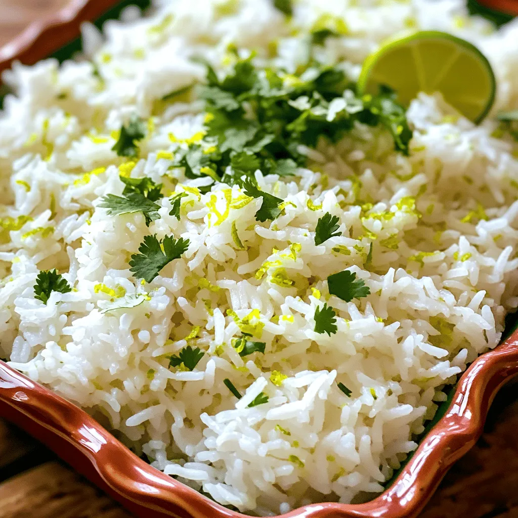 - 1 cup jasmine rice - 1 can (14 oz) coconut milk - 1/2 cup water - Zest of 1 lime - Juice of 1 lime - 1 tablespoon sugar - 1/2 teaspoon salt - Fresh cilantro, chopped (for garnish) You can switch the jasmine rice for basmati or brown rice. Both will work well. If you want to skip sugar, use honey or agave instead. Each option adds its own flavor twist. One serving of coconut lime rice has about 250 calories. It contains 10 grams of fat, 35 grams of carbs, and 4 grams of protein. This dish is rich in flavor and can fit into many diets. For the full experience of this dish, check out the Full Recipe. - Rinsing the rice properly Start by rinsing the jasmine rice under cold water. This step removes excess starch. Keep rinsing until the water runs clear. This keeps your rice fluffy and light. - Combining ingredients in a saucepan Next, in a medium saucepan, mix the rinsed rice with coconut milk, water, lime zest, sugar, and salt. Stir everything together well. This blend of flavors will make your rice tasty and aromatic. - Boiling and simmering the mixture Bring the saucepan to a gentle boil over medium heat. Once it boils, turn the heat down low. Cover the saucepan with a lid. This helps the rice cook evenly without losing steam. - Letting the rice steam Allow the rice to simmer for about 15 minutes. Do not lift the lid during this time. The rice will absorb all the liquid and become tender. - Fluffing the rice After cooking, remove the saucepan from the heat. Let it sit, covered, for 5 minutes. Then, take a fork and fluff the rice gently. This makes it light and airy. - Adding fresh lime juice and garnishing Stir in the fresh lime juice to boost flavor. Adjust the seasoning if needed. Finally, transfer the coconut lime rice to a serving dish. Top with fresh cilantro for a vibrant touch. Enjoy your flavorful side dish! For the full recipe, check out the Tropical Coconut Lime Rice section! To achieve fluffy rice, start by rinsing the rice. This step removes excess starch. Starch makes the rice stick together. Rinse until the water runs clear. This helps your rice stay light and fluffy. Do not lift the lid while the rice cooks. Lifting the lid lets steam escape. Steam is key to cooking rice properly. The rice needs this steam to soften and absorb all the flavors. You can add spices for extra flavor. Cardamom and ginger work great in this dish. A pinch can change the taste and make it special. Try different spices based on your taste. Using fresh lime is best. Fresh lime juice gives a bright, zesty flavor. Bottled lime juice lacks the same freshness. Use fresh lime juice to enhance the overall taste of your dish. Coconut lime rice pairs well with grilled meats or seafood. The creamy coconut flavor complements the grill's smoky taste. Think of pairing it with shrimp, chicken, or fish. Incorporate this rice into a tropical-themed meal. Add fresh fruit, like mango or pineapple. A colorful salad can also brighten your table. You can create a fun and vibrant meal that tastes amazing. For the full recipe, check out the Tropical Coconut Lime Rice section. {{image_2}} You can change the taste of coconut lime rice easily. For a richer texture, add unsweetened coconut flakes. This gives it a nice crunch. You can also place fresh lime slices on top for a bright look. For a fresh twist, try adding herbs. Mint or basil can give your rice a unique flavor. Chop the herbs finely and mix them in after cooking. This adds a fresh note that is both fun and tasty. Coconut lime rice is already vegan-friendly. Make sure you use dairy-free coconut milk. Check the label to avoid any hidden dairy. Pair this dish with plant-based proteins. Great options are chickpeas or black beans. They add protein and make the meal hearty. You could also serve it with grilled veggies for a colorful plate. Take your coconut lime rice on a global journey! For a Caribbean vibe, add black beans and diced mango. These flavors blend beautifully and create a tropical feast. If you want an Asian twist, add sesame oil and soy sauce. This gives the rice a nice umami taste. You can also mix in some chopped green onions for crunch. Each variation brings a new flavor to your meal. To store your delicious coconut lime rice, use an airtight container. Glass or plastic containers work well. Make sure the rice cools down before sealing. This helps keep moisture in check. You can store it in the fridge for up to four days. If you want to keep it longer, freeze it. Coconut lime rice lasts for about three months in the freezer. When it’s time to eat your leftovers, you can use a microwave or stovetop. For the microwave, place the rice in a bowl. Add a splash of water to keep it moist. Cover the bowl with a microwave-safe lid. Heat it for one to two minutes. For stovetop, add the rice to a pan with a little water. Heat it on low, stirring often until warm. This helps restore the rice’s texture and flavor. Get creative with your leftover coconut lime rice! You can mix it into a salad for a burst of flavor and texture. Try adding fresh veggies, beans, or a protein. It also makes a great filling for wraps. Just spread it on a tortilla, add veggies, and roll it up. You can enjoy it as a light lunch or snack. Check out the Full Recipe for more ways to use this tasty dish! Coconut lime rice is a delightful side dish. It blends jasmine rice with creamy coconut milk and zesty lime. This dish has a sweet and tangy flavor. The coconut milk makes the rice rich and creamy, while the lime adds brightness. You cook the rice by simmering it in coconut milk and water. The key is to let it absorb all the flavors. Yes, you can prepare coconut lime rice in advance. Just follow the cooking steps and let it cool. Store it in an airtight container in the fridge. When you're ready to use it, simply reheat it. You might want to add a splash of water to keep it moist. This makes it easy for busy days or gatherings. You can modify the sweetness easily. If you prefer less sugar, use less than the recipe calls for. You could also try alternative sweeteners like honey or agave. This can help you find the right balance for your taste. Just make small adjustments and taste as you go. Yes, this recipe is gluten-free! Jasmine rice does not contain gluten, making it a safe choice. You can enjoy this dish if you're following a gluten-free diet. It's a great option for everyone at the table. Plus, the flavors are so good that no one will miss the gluten! Coconut Lime Rice is a fun dish that's easy to make. We covered the key ingredients, including jasmine rice and coconut milk. You learned how to cook it to be fluffy and flavorful. Don’t forget the tips for adding spices or using fresh lime. This dish can fit into many meals, and you can store leftovers for later use. Try new variations and make it your own! Enjoy bringing the tastes of the tropics into your kitchen.