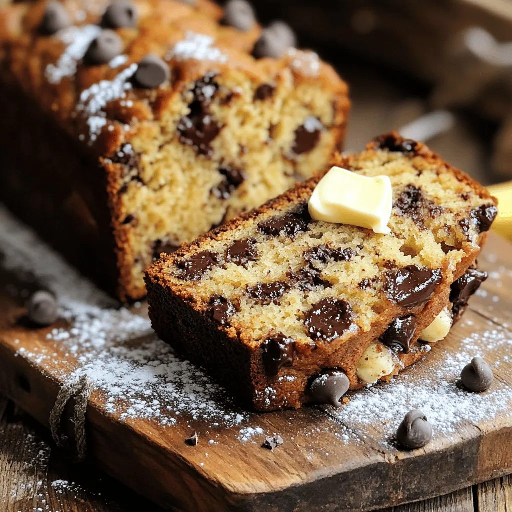 To make a great chocolate chip banana bread, you need simple, fresh ingredients. Here’s what you’ll need: - 3 ripe bananas, mashed - 1/2 cup unsalted butter, melted - 3/4 cup brown sugar - 1 large egg, beaten - 1 teaspoon vanilla extract - 1 teaspoon baking soda - 1/4 teaspoon salt - 1 1/2 cups all-purpose flour - 1/2 cup semi-sweet chocolate chips - 1/4 cup chopped walnuts (optional) Each ingredient plays a key role. The ripe bananas add natural sweetness and moisture. Butter gives that rich flavor, while brown sugar makes it extra tasty. The egg helps bind everything together. You can customize your banana bread with fun add-ins. Here are a few ideas: - 1/4 cup chopped nuts (like pecans or almonds) - 1/2 teaspoon cinnamon for spice - 1/4 cup dried fruit like raisins or cranberries - 1/2 cup peanut butter for a creamier texture These add-ins boost flavor and texture. You can mix and match based on what you like. If you don’t have an ingredient, here are some easy swaps: - Use coconut oil instead of butter for a dairy-free option. - Swap brown sugar for white sugar, but the taste will change a bit. - For gluten-free bread, use a gluten-free flour blend. Make sure to keep the same amounts, so the bread rises well. Each ingredient matters for the final result. For the full recipe, check out the details I shared earlier. To start, you need three ripe bananas. Mash them well in a bowl. The riper the bananas, the sweeter your bread will be. Next, melt half a cup of unsalted butter. Combine the mashed bananas with the melted butter. Stir until they blend nicely. Then, add three quarters of a cup of brown sugar. Mix in one beaten egg and one teaspoon of vanilla extract. Keep stirring until the mixture is smooth. Now, sprinkle one teaspoon of baking soda and a quarter teaspoon of salt into the mix. Stir it well. Gradually add one and a half cups of all-purpose flour. Mix gently. Be careful not to overmix; this keeps your bread tender. Finally, fold in half a cup of semi-sweet chocolate chips. If you want some crunch, toss in a quarter cup of chopped walnuts. Preheat your oven to 350°F (175°C). Grease a 9x5 inch loaf pan to prevent sticking. Pour your batter into the pan and smooth out the top with a spatula. Place the pan in the oven and bake for about 60 to 65 minutes. Check for doneness by inserting a toothpick in the center. If it comes out clean, your bread is ready. Once baked, let the bread cool in the pan for 10 minutes. Then, transfer it to a wire rack to cool completely. For serving, slice the bread while it's still warm. A pat of butter on each slice makes it even better. You can also drizzle honey on top or dust it with powdered sugar for a sweet touch. This chocolate chip banana bread is a treat you can enjoy anytime! Check out the Full Recipe for more details. You want ripe bananas for this bread. Look for bananas that are mostly brown. This means they are sweet and soft. Soft bananas mix well and add moisture. Avoid green bananas; they are too firm for baking. One common mistake is overmixing the batter. Mix just enough to combine ingredients. Overmixing makes the bread tough. Also, make sure your oven is at the right temperature. An oven thermometer helps. Lastly, don’t skip the cooling time. This step helps the flavors develop. Store your banana bread in an airtight container. This keeps it fresh for several days. You can also wrap it in plastic wrap. For longer storage, freeze slices. Just thaw them at room temperature before eating. Enjoy your delicious chocolate chip banana bread! For the full recipe, check out the details above. {{image_2}} You can make this chocolate chip banana bread healthier. For a vegan version, swap the egg for a flax egg. To make a flax egg, mix one tablespoon of ground flaxseed with two and a half tablespoons of water. Let it sit for five minutes to thicken. Use coconut oil instead of butter for moisture. To make it gluten-free, replace all-purpose flour with a gluten-free flour blend. These swaps keep the flavors delicious while catering to different diets. You can take your banana bread to the next level with spices. Add a teaspoon of cinnamon for warmth or a pinch of nutmeg for depth. You can also mix in different nuts. Walnuts add crunch, while pecans offer a sweet taste. Want some extra texture? Toss in some dried fruit like raisins or cranberries. These enhancements make each bite exciting and unique. If you want smaller loaves, try making mini chocolate chip banana breads. Use the same ingredients as the full recipe. Just prepare mini loaf pans and fill them with the batter. Bake them for about 30-35 minutes. Check with a toothpick to see if they are done. These mini versions are perfect for snacks or gifts. They are fun and cute, making them great for sharing! To keep your chocolate chip banana bread fresh, let it cool completely. Wrap it tightly in plastic wrap or foil. You can also place it in an airtight container. Store it at room temperature for up to three days. If you want to keep it longer, consider freezing it. Freezing is a great option for banana bread. Wrap the cooled loaf in plastic wrap, then in foil. This method prevents freezer burn. You can freeze individual slices too. Just wrap them separately for easy access. Your banana bread will stay fresh for about three months in the freezer. When you’re ready to enjoy your banana bread again, reheating is simple. For slices, place them in a toaster or microwave. Heat them for about 15-20 seconds in the microwave. For a whole loaf, preheat the oven to 350°F (175°C). Wrap the loaf in foil and heat for about 10-15 minutes. This brings back the warm, fresh flavor. Enjoy your chocolate chip banana bread warm for the best taste! Yes, you can use frozen bananas. Just thaw them first. Frozen bananas are great for baking. They become soft and easy to mash. This means they mix well into the batter. If you have leftover bananas, freeze them for later. To add more chocolate flavor, increase the chocolate chips. You can try using 1 cup instead of 1/2 cup. You can also add cocoa powder. For a rich taste, use 1/4 cup of unsweetened cocoa powder. Mix it in with the flour. This adds depth without overpowering the banana flavor. The best way to check if banana bread is done is with a toothpick. Insert a toothpick into the center of the loaf. If it comes out clean, your bread is ready. If it has wet batter on it, bake for a few more minutes. You can also look for a golden brown crust. The sides should pull away from the pan slightly. For the full recipe, check the earlier section. Enjoy your baking! This blog post covered all you need to make chocolate chip banana bread. You learned about the key ingredients, optional add-ins, and helpful measurements. I walked you through step-by-step instructions for preparing, baking, and cooling the bread. Tips on choosing ripe bananas and avoiding common mistakes will ensure your success. We also explored variations and storage tips to keep your bread fresh. With this guide, you can enjoy baking tasty and creative banana bread anytime. Happy baking!