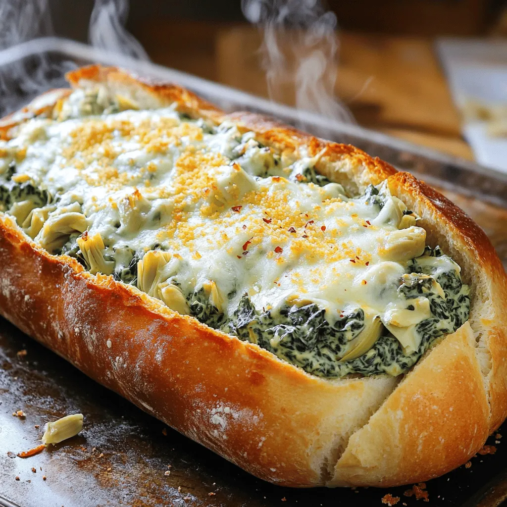 - 1 large loaf of crusty bread (ciabatta or sourdough) - 1 cup fresh spinach, chopped - 1 cup canned artichoke hearts, drained and chopped - 1 cup cream cheese, softened - 1/2 cup sour cream - 1/2 cup mayonnaise - 1 cup shredded mozzarella cheese - 1/2 cup grated Parmesan cheese - 2 cloves garlic, minced - 1/2 teaspoon red pepper flakes (optional) - Salt and pepper to taste - Choosing the right type of bread: I love using ciabatta or sourdough. They have a crunchy crust and soft inside. This gives a great texture that holds the dip well. - Fresh vs. canned spinach: Fresh spinach adds a vibrant taste, but canned is fine too. Just drain it well to avoid excess water. - Importance of cheese quality: Always use good cheese. Freshly grated cheese melts better and tastes richer. Avoid pre-shredded options if you can. Using these ingredients will make your spinach artichoke dip stuffed bread truly special. Check out the Full Recipe for step-by-step instructions to create this delicious dish! - Preheat your oven to 375°F (190°C). - In a large bowl, combine cream cheese, sour cream, and mayonnaise. - Now, add chopped spinach, artichokes, and seasonings. - Stir until everything is well combined. You want a smooth mix that holds together. - Carefully prepare the bread loaf for stuffing. Slice off the top and hollow it out. - Fill the bread with the spinach artichoke mixture. Pack it in well; it should be full. - Now, wrap the loaf in aluminum foil and place it on a baking sheet. - Bake for 25-30 minutes until hot and the bread crust is crispy. - For a golden finish, take off the foil and bake for an extra 5-10 minutes. - Let it cool for a few minutes, then slice into pieces to serve. Enjoy your tasty treat! To make your spinach artichoke dip stuffed bread even tastier, try adding herbs. Fresh dill or oregano can bring out great flavors. You can also sprinkle some garlic powder or onion powder for extra depth. For a zingy twist, consider serving it with dipping sauces. A creamy ranch or zesty marinara sauce pairs well with the rich filling. You can even try a tangy yogurt sauce if you want something lighter. This stuffed bread is perfect for casual gatherings or game days. Slice it into pieces and serve it as an appetizer. It also shines at parties and potlucks. Pair it with a fresh salad for a complete meal that everyone will love. For drinks, serve it with a light beer or sparkling water. Both options balance the richness of the dip and bread. If you want a healthier option, try air frying the stuffed bread. It cooks fast and gives you a nice crunch without much oil. Just wrap the bread in foil and place it in an air fryer. Cook at 375°F (190°C) for about 20 minutes. For those who love crispy edges, you can also bake it without the foil for the last few minutes. This lets the top get golden and crunchy. You’ll get a nice contrast to the soft filling inside. For the complete recipe, check out the Spinach Artichoke Dip Stuffed Bread. {{image_2}} You can make this dish even better by swapping some ingredients. Try using avocado or mushrooms instead of artichoke hearts. Both add a creamy texture and great taste. If you want a lighter version, swap cream cheese for Greek yogurt. It cuts the fat and adds protein. Also, use low-fat mayonnaise for the dip. These swaps keep your dish healthy without losing flavor. Get creative with your cheese! Add sharp cheddar or creamy goat cheese for depth. Mixing different cheeses can enhance the flavor too. You can also add veggies like sun-dried tomatoes, bell peppers, or zucchini. These add color and taste. Just chop them small to mix well with the dip. Switch up your bread for new tastes. For a gluten-free option, use gluten-free bread. It tastes just as good! You can also explore flavored breads like garlic or herb bread. These add extra zest to your stuffed bread. Each type of bread gives a unique twist to the dish. For the full recipe, check out the Spinach Artichoke Dip Stuffed Bread recipe [Full Recipe]. To keep your stuffed bread fresh, wrap it tightly in plastic wrap. Place it in the fridge. This way, it stays tasty for up to three days. If you have more leftovers, freeze them. To freeze, slice the bread first. Wrap each slice in plastic wrap and then in aluminum foil. This helps keep the bread moist. You can freeze it for up to two months. For the best texture, reheat your stuffed bread in the oven. Preheat your oven to 350°F (175°C). Place the bread on a baking sheet. Heat it for about 10 to 15 minutes. This will make the bread crispy again. To avoid sogginess, do not cover the bread while reheating. This keeps the crust crunchy and the filling warm. You can keep stuffed bread in the fridge for three days. Signs of spoilage include a sour smell or mold. If the bread feels slimy, toss it out. Always check before eating leftovers. For frozen bread, use it within two months for the best taste. Yes, you can make this dish ahead of time. First, prepare the filling as directed. Then, stuff the bread but do not bake it. Wrap the stuffed bread tightly in plastic wrap. You can keep it in the fridge for up to 24 hours. When ready, bake it straight from the fridge. This helps keep the bread fresh and tasty. Absolutely! You can mix and match your cheeses. Some good options include cheddar or gouda. They add a different flavor to the dip. You can also try cream cheese blends for more creaminess. Just keep the total amount of cheese the same for the best results. To keep the bread crisp, avoid too much moisture. Use less sour cream or mayonnaise if needed. You can also bake the bread a bit before adding the filling. This gives it a head start on crisping up. Wrapping the bread loosely in foil helps too, as it allows some steam to escape. This article covered how to make a delicious stuffed bread with artichokes and spinach. We went through the key ingredients, step-by-step instructions, and tips for enhancing flavor. You learned how to choose the best bread, store leftovers, and a couple of alternative cooking methods. Now you’re ready to create a great dish for any occasion. Enjoy crafting this tasty treat, and don’t forget to share your results!