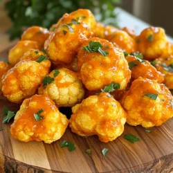 To make Buffalo Cauliflower Bites, you will need a few simple ingredients. Here’s what you need: - 1 medium head of cauliflower, cut into bite-sized florets - 1 cup all-purpose flour - 1 cup unsweetened almond milk (or regular milk) - 1 teaspoon garlic powder - 1 teaspoon onion powder - 1 teaspoon smoked paprika - Salt and pepper to taste - 1 cup hot sauce (like Frank's RedHot) - 2 tablespoons melted vegan butter (or regular butter) - Fresh parsley, chopped (for garnish) These ingredients come together to create a tasty and crispy snack. The cauliflower gives a great texture, while the spices add flavor. The hot sauce brings that famous buffalo kick. If you follow the full recipe, you will have a delicious dish that everyone loves. Enjoy cooking! Start by cutting the cauliflower into bite-sized florets. I find it easiest to hold the stem and chop off the florets with a sharp knife. Make sure they are all about the same size for even cooking. Next, preheat your oven to 450°F (230°C). This high heat will help the bites turn crispy and golden. While the oven heats, you can move on to the batter. In a large bowl, whisk together the flour, unsweetened almond milk, garlic powder, onion powder, smoked paprika, salt, and pepper. Mix until you achieve a smooth batter. It should be thick enough to coat the cauliflower but not too thick. If it feels too runny, add a bit more flour. Now, dip each cauliflower floret into the batter. Make sure they are fully coated. Place them on a baking sheet lined with parchment paper. Arrange them in a single layer to ensure even cooking. Bake the cauliflower in the preheated oven for 20 minutes. Flip them halfway through. They should become golden brown and crisp. While the cauliflower bakes, mix the hot sauce and melted butter in a bowl. Stir well so that the sauce is smooth and fully blended. This sauce will give your bites that signature spicy kick. Once the cauliflower is ready, remove it from the oven. Toss the hot cauliflower bites in the buffalo sauce until they are evenly coated. Return the sauced florets to the baking sheet. Bake them for an additional 10 to 15 minutes. This last bake will ensure they become extra crispy. After that, take them out and let them cool slightly. You can garnish with fresh parsley for a nice touch. For the complete process and more details, check the Full Recipe. To make your Buffalo Cauliflower Bites extra crispy, follow these tips. First, bake them at a high temperature. Preheat your oven to 450°F (230°C). This step helps to create a nice crunch. Flip the florets halfway through baking for even crispiness. You can also try using an air fryer. The air fryer cooks faster and gives even better results. Set it to 400°F (200°C) and cook for about 12-15 minutes. Check for doneness and adjust time as needed. These cauliflower bites pair well with many dips. Ranch dressing is a classic choice. Blue cheese dip also works great. You can also serve them with celery sticks to add crunch. For a fun twist, top them with fresh herbs like parsley for a pop of color. Drizzle some extra hot sauce on top for more flavor. Arrange your bites on a platter to impress guests. Buffalo Cauliflower Bites are a tasty treat. Each serving has around 150 calories. They provide about 5 grams of protein, 8 grams of fat, and 18 grams of carbs. Cauliflower is a low-calorie vegetable packed with fiber. It's good for digestion and helps you feel full. Plus, it’s rich in vitamins C and K. This makes these bites a healthy choice. For the full recipe, check out the earlier sections. {{image_2}} You can make your Buffalo Cauliflower Bites even spicier. Start by adding more hot sauce. This will bring a kick that many love. You can also mix different hot sauces. Try a blend of Frank's RedHot and sriracha for a unique flavor. If you need a gluten-free recipe, switch out the flour. Almond flour or chickpea flour work well in this batter. Both options keep the flavor strong and the texture crispy. Make sure to adjust the amount of milk to get a smooth batter. For a vegan twist, use non-dairy ingredients. Swap regular butter with vegan butter. Instead of regular milk, use almond or oat milk. You can also enhance the flavor with nutritional yeast. This adds a cheesy taste without using dairy. Explore more options and variations by checking the Full Recipe for Buffalo Cauliflower Bites. To keep your Buffalo Cauliflower Bites fresh, follow these steps: - Cool Down: Let them cool completely before storage. - Container Choice: Use an airtight container to prevent moisture. - Refrigeration: Place the container in the fridge. They last up to 3 days. Reheating properly restores their crispiness. Here are some methods: - Oven Method: Preheat the oven to 375°F (190°C). Bake for 10-15 minutes. - Air Fryer Method: Set the air fryer to 350°F (175°C) for 5-7 minutes. Avoid microwaving, as it can make them soggy. You want that crunch! Yes, you can prep Buffalo Cauliflower Bites in advance. Cut the cauliflower into florets and make the batter. Store the florets and batter separately in the fridge. When you're ready to cook, dip the florets in the batter and bake. This saves time on busy days. To increase the heat level, add more hot sauce to the batter. You can also mix in cayenne pepper or chili powder. For a unique twist, use a spicy hot sauce like Sriracha. Start with a little and taste as you go. Buffalo Cauliflower Bites pair well with many dishes. Try serving them with creamy ranch or blue cheese dip. You can also include celery sticks and carrot sticks for crunch. For drinks, a light beer or sparkling water works great. Yes, this recipe is great for meal prep! You can make a big batch and store them in containers. They taste good reheated, so they are perfect for lunches or quick dinners. Just keep the sauce separate until you're ready to eat. You can freeze Buffalo Cauliflower Bites! First, bake them fully, then let them cool. Place them in a freezer-safe bag or container. When you're ready to eat, reheat them in the oven. This keeps them crispy and tasty. This blog post shared a tasty Buffalo Cauliflower recipe you'll love. We covered ingredients, step-by-step instructions, and tips for the best results. You learned how to bake, sauce, and serve these bites perfectly. Remember, you can mix things up with variations or keep them classic. Enjoy experimenting with this dish. It’s a great way to enjoy healthy eating in a fun, delicious way. Dive into cooking and savor your creations!