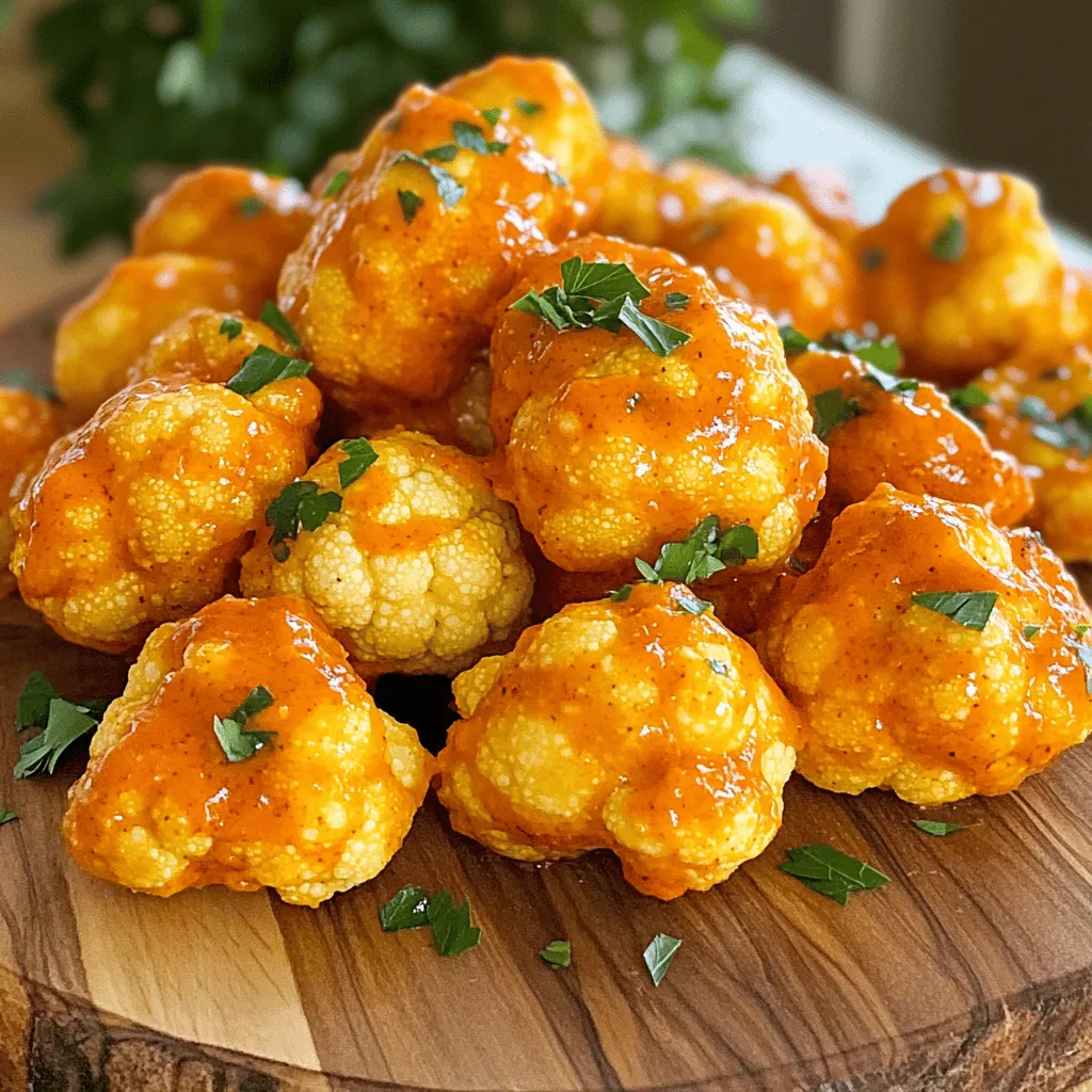 To make Buffalo Cauliflower Bites, you will need a few simple ingredients. Here’s what you need: - 1 medium head of cauliflower, cut into bite-sized florets - 1 cup all-purpose flour - 1 cup unsweetened almond milk (or regular milk) - 1 teaspoon garlic powder - 1 teaspoon onion powder - 1 teaspoon smoked paprika - Salt and pepper to taste - 1 cup hot sauce (like Frank's RedHot) - 2 tablespoons melted vegan butter (or regular butter) - Fresh parsley, chopped (for garnish) These ingredients come together to create a tasty and crispy snack. The cauliflower gives a great texture, while the spices add flavor. The hot sauce brings that famous buffalo kick. If you follow the full recipe, you will have a delicious dish that everyone loves. Enjoy cooking! Start by cutting the cauliflower into bite-sized florets. I find it easiest to hold the stem and chop off the florets with a sharp knife. Make sure they are all about the same size for even cooking. Next, preheat your oven to 450°F (230°C). This high heat will help the bites turn crispy and golden. While the oven heats, you can move on to the batter. In a large bowl, whisk together the flour, unsweetened almond milk, garlic powder, onion powder, smoked paprika, salt, and pepper. Mix until you achieve a smooth batter. It should be thick enough to coat the cauliflower but not too thick. If it feels too runny, add a bit more flour. Now, dip each cauliflower floret into the batter. Make sure they are fully coated. Place them on a baking sheet lined with parchment paper. Arrange them in a single layer to ensure even cooking. Bake the cauliflower in the preheated oven for 20 minutes. Flip them halfway through. They should become golden brown and crisp. While the cauliflower bakes, mix the hot sauce and melted butter in a bowl. Stir well so that the sauce is smooth and fully blended. This sauce will give your bites that signature spicy kick. Once the cauliflower is ready, remove it from the oven. Toss the hot cauliflower bites in the buffalo sauce until they are evenly coated. Return the sauced florets to the baking sheet. Bake them for an additional 10 to 15 minutes. This last bake will ensure they become extra crispy. After that, take them out and let them cool slightly. You can garnish with fresh parsley for a nice touch. For the complete process and more details, check the Full Recipe. To make your Buffalo Cauliflower Bites extra crispy, follow these tips. First, bake them at a high temperature. Preheat your oven to 450°F (230°C). This step helps to create a nice crunch. Flip the florets halfway through baking for even crispiness. You can also try using an air fryer. The air fryer cooks faster and gives even better results. Set it to 400°F (200°C) and cook for about 12-15 minutes. Check for doneness and adjust time as needed. These cauliflower bites pair well with many dips. Ranch dressing is a classic choice. Blue cheese dip also works great. You can also serve them with celery sticks to add crunch. For a fun twist, top them with fresh herbs like parsley for a pop of color. Drizzle some extra hot sauce on top for more flavor. Arrange your bites on a platter to impress guests. Buffalo Cauliflower Bites are a tasty treat. Each serving has around 150 calories. They provide about 5 grams of protein, 8 grams of fat, and 18 grams of carbs. Cauliflower is a low-calorie vegetable packed with fiber. It's good for digestion and helps you feel full. Plus, it’s rich in vitamins C and K. This makes these bites a healthy choice. For the full recipe, check out the earlier sections. {{image_2}} You can make your Buffalo Cauliflower Bites even spicier. Start by adding more hot sauce. This will bring a kick that many love. You can also mix different hot sauces. Try a blend of Frank's RedHot and sriracha for a unique flavor. If you need a gluten-free recipe, switch out the flour. Almond flour or chickpea flour work well in this batter. Both options keep the flavor strong and the texture crispy. Make sure to adjust the amount of milk to get a smooth batter. For a vegan twist, use non-dairy ingredients. Swap regular butter with vegan butter. Instead of regular milk, use almond or oat milk. You can also enhance the flavor with nutritional yeast. This adds a cheesy taste without using dairy. Explore more options and variations by checking the Full Recipe for Buffalo Cauliflower Bites. To keep your Buffalo Cauliflower Bites fresh, follow these steps: - Cool Down: Let them cool completely before storage. - Container Choice: Use an airtight container to prevent moisture. - Refrigeration: Place the container in the fridge. They last up to 3 days. Reheating properly restores their crispiness. Here are some methods: - Oven Method: Preheat the oven to 375°F (190°C). Bake for 10-15 minutes. - Air Fryer Method: Set the air fryer to 350°F (175°C) for 5-7 minutes. Avoid microwaving, as it can make them soggy. You want that crunch! Yes, you can prep Buffalo Cauliflower Bites in advance. Cut the cauliflower into florets and make the batter. Store the florets and batter separately in the fridge. When you're ready to cook, dip the florets in the batter and bake. This saves time on busy days. To increase the heat level, add more hot sauce to the batter. You can also mix in cayenne pepper or chili powder. For a unique twist, use a spicy hot sauce like Sriracha. Start with a little and taste as you go. Buffalo Cauliflower Bites pair well with many dishes. Try serving them with creamy ranch or blue cheese dip. You can also include celery sticks and carrot sticks for crunch. For drinks, a light beer or sparkling water works great. Yes, this recipe is great for meal prep! You can make a big batch and store them in containers. They taste good reheated, so they are perfect for lunches or quick dinners. Just keep the sauce separate until you're ready to eat. You can freeze Buffalo Cauliflower Bites! First, bake them fully, then let them cool. Place them in a freezer-safe bag or container. When you're ready to eat, reheat them in the oven. This keeps them crispy and tasty. This blog post shared a tasty Buffalo Cauliflower recipe you'll love. We covered ingredients, step-by-step instructions, and tips for the best results. You learned how to bake, sauce, and serve these bites perfectly. Remember, you can mix things up with variations or keep them classic. Enjoy experimenting with this dish. It’s a great way to enjoy healthy eating in a fun, delicious way. Dive into cooking and savor your creations!