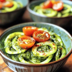 - 4 medium zucchinis, spiralized into noodles - 1 cup fresh basil leaves - 1/3 cup pine nuts (or walnuts for a twist) - 1/2 cup extra virgin olive oil - 1/4 cup grated Parmesan cheese (or nutritional yeast for a vegan option) - 2 cloves garlic, minced - Juice of 1 lemon - Salt and pepper to taste - Cherry tomatoes, halved (for garnish) - Crushed red pepper flakes (optional, for heat) I love using fresh ingredients in this dish. Zucchini makes a great base. It is low in carbs and adds a nice crunch. Fresh basil gives the pesto its vibrant flavor. Pine nuts add richness, but walnuts work well too. Extra virgin olive oil brings it all together. It adds a fruity note and silky texture. Parmesan cheese gives depth, while nutritional yeast offers a nice vegan option. Garlic and lemon juice enhance the taste, making it bright and zesty. Don't forget salt and pepper. They help balance the flavors. For garnishes, cherry tomatoes add color and sweetness. Crushed red pepper flakes provide a kick and make the dish even more exciting. For the full recipe, check out my Zesty Zucchini Noodle Pesto Delight. This dish will not only satisfy your taste buds but also impress your family and friends! Spiralizing the Zucchini Start with 4 medium zucchinis. Use a spiralizer to turn them into long noodles. Make sure to create even strands for a nice look and texture. Salting and Moisture Removal Place the spiralized noodles in a colander. Lightly sprinkle them with salt. Let them sit for about 15 minutes. This helps pull out extra moisture. Rinse and pat them dry with a paper towel. This step is key to avoid soggy noodles. Combining Ingredients in Food Processor While the zucchini rests, gather your pesto ingredients. You will need 1 cup of fresh basil, 1/3 cup of pine nuts, 2 cloves of garlic, and 1/4 cup of Parmesan cheese. Achieving Desired Consistency Place all these in a food processor. Add the juice of 1 lemon too. Pulse until finely chopped. Next, with the processor running, drizzle in 1/2 cup of extra virgin olive oil. Keep blending until smooth. Taste and add salt and pepper to your liking. Sautéing the Zucchini Noodles Heat a large skillet over medium heat. Add the zucchini noodles. Sauté them for 2-3 minutes. You want them warm but still firm to bite. Mixing with Pesto Remove the skillet from heat. Add the fresh pesto to the warm noodles. Toss gently until every noodle is covered. Serve in bowls and add halved cherry tomatoes for color. Crushed red pepper flakes add a nice kick if you like heat. For a complete guide, refer to the Full Recipe. Avoiding Soggy Noodles To keep your zucchini noodles firm, start by salting them. After spiralizing, place them in a colander. Sprinkle with salt and let them rest for about 15 minutes. This draws out extra moisture. Rinse them under cold water to remove the salt. Pat them dry with a paper towel to ensure they stay crisp. Best Cooking Time When sautéing, remember less is more. Cook the noodles for just 2-3 minutes. You want them warm but still al dente. This keeps them from becoming mushy while blending with the pesto. Adjusting Seasoning Taste your pesto before mixing it in. You can add more salt or lemon juice based on your preference. A pinch of red pepper flakes adds a nice kick. Experimenting with flavors makes your dish unique. Choosing the Right Cheese or Alternative Parmesan cheese adds a rich taste to your pesto. If you prefer a vegan option, use nutritional yeast. It provides a cheesy flavor without dairy. You can also mix cheeses for added depth. Serving Suggestions Serve your zucchini noodles in elegant bowls for a nice touch. This makes the dish look fancy and inviting. Pair it with a light white wine for a complete meal. Attractive Garnishing Ideas Garnish with halved cherry tomatoes for color. Adding extra basil leaves on top gives a fresh look. A sprinkle of crushed red pepper flakes adds a pop of color and flavor. These simple touches elevate your dish’s presentation and make it appealing. {{image_2}} Substituting nuts in your pesto is an easy way to change the flavor. If you have nut allergies, try sunflower seeds or pumpkin seeds. They add a different taste while keeping the dish creamy. For vegan and dairy-free options, replace Parmesan cheese with nutritional yeast. This gives your pesto a cheesy flavor without dairy. You can also use tahini for a unique twist. Want to add proteins? Grilled chicken or sautéed tofu both work well. They make this dish heartier and more filling. Just cook them separately and toss them in at the end. You can also add other vegetables. Cherry tomatoes, bell peppers, or spinach can brighten the dish. They add color and extra nutrients, making your meal even healthier. Switching up your pesto style can keep things exciting. Try spinach or arugula pesto for a fresh taste. They offer a new flavor profile while keeping the dish vibrant. If you're looking for nut-free options, use cashews or sunflower seeds for your pesto. Both options blend up creamy and delicious. They make the dish accessible for more people. For the full recipe, check out the Zesty Zucchini Noodle Pesto Delight. Store your zucchini noodles and pesto in airtight containers. Use glass or plastic containers that seal well. This keeps them fresh and tasty. The noodles can last in the fridge for about 2 days. Pesto can stay fresh for up to a week. When you reheat the zucchini noodles, do it gently. Heat them in a pan on low. This keeps their texture nice and firm. Add a splash of water if they seem dry. Avoid microwaving, as it can make them mushy. If you want to freeze pesto, pour it into an ice cube tray. Once frozen, pop the cubes into a bag. This way, you can use a small amount later. To thaw, leave it in the fridge overnight. You can also microwave in short bursts. Zucchini noodles, or zoodles, are made by spiralizing zucchini. They are a fun, low-carb alternative to pasta. You get a fresh taste and great texture. Zoodles are great for those watching carbs or gluten. They are also full of nutrients. Zucchini noodles are low in calories. They have high water content, which keeps you hydrated. Zucchini is rich in vitamins A and C. These vitamins help boost your immune system. Plus, they contain fiber, which aids digestion. Eating zoodles can help you feel full without extra calories. Yes, you can make pesto ahead of time. This saves you time when you cook. Just blend your ingredients as usual and store them. To store homemade pesto, use an airtight container. Cover the top with a thin layer of olive oil. This helps keep it fresh. You can keep it in the fridge for about a week. For longer storage, freeze it in ice cube trays. Later, pop out and use as needed. To make this recipe gluten-free, skip any wheat products. Zucchini noodles are naturally gluten-free. If you want to add toppings, choose gluten-free options. Use gluten-free bread crumbs or nuts for crunch. Check labels on sauces to ensure they are gluten-free as well. Yes, zucchini noodles are kid-friendly! Kids often enjoy the fun shape and bright colors. To make zoodles more appealing, let kids help with the cooking. They can help spiralize the zucchini. Serve with a favorite protein or fun toppings. Add colorful veggies or cheese for extra taste. You can even let them pick their favorite pesto flavor! Absolutely! You can easily scale this recipe up. To make more servings, just multiply the ingredients. For example, if you need eight servings, double the recipe. Make sure you have a large enough skillet to cook the zoodles. Stir well to coat with pesto for even flavor. If you want the full recipe, check the details above. In this post, we explored how to make delicious zucchini noodles with fresh pesto. We covered the key ingredients, step-by-step instructions, helpful tips, fun variations, and storage advice. Each part plays a role in creating a dish that is both tasty and healthy. I hope you feel ready to try making this dish yourself. Enjoy experimenting and have fun in the kitchen with your new skills!