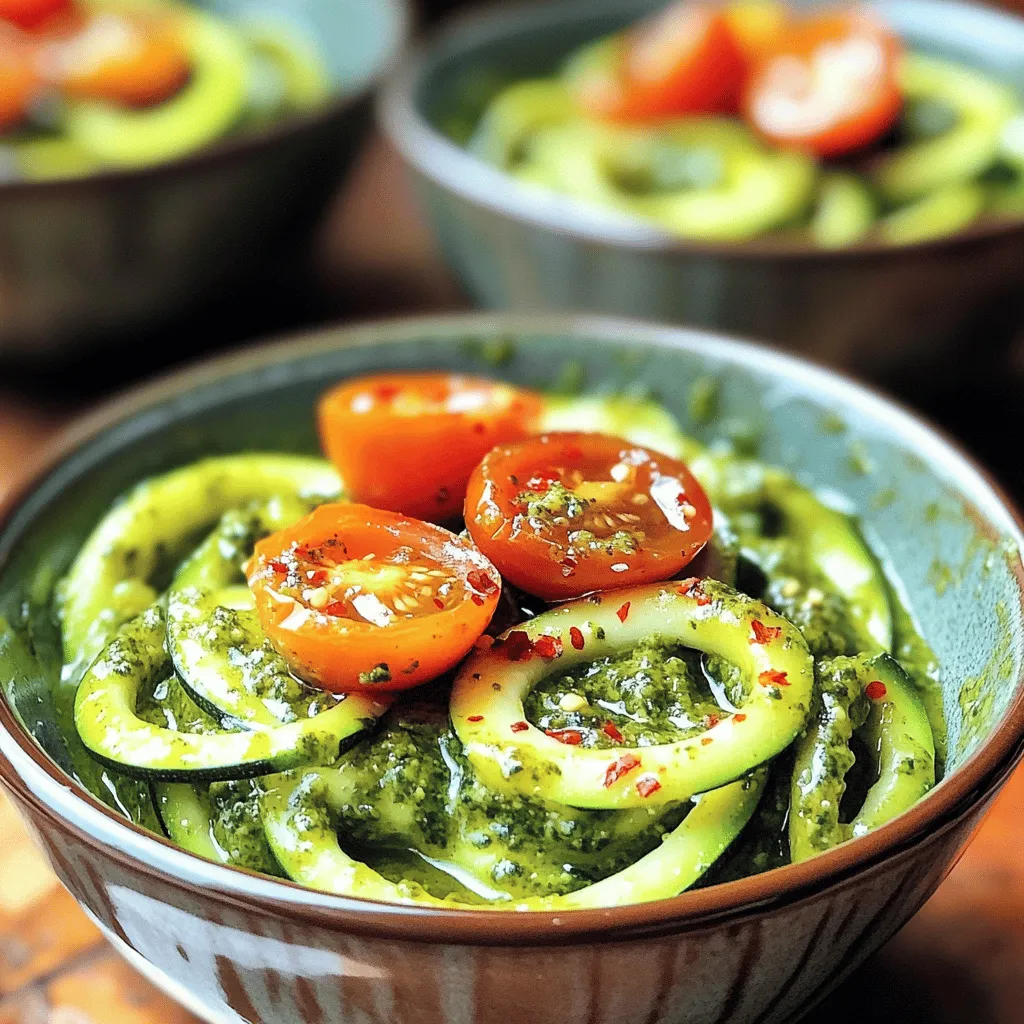 - 4 medium zucchinis, spiralized into noodles - 1 cup fresh basil leaves - 1/3 cup pine nuts (or walnuts for a twist) - 1/2 cup extra virgin olive oil - 1/4 cup grated Parmesan cheese (or nutritional yeast for a vegan option) - 2 cloves garlic, minced - Juice of 1 lemon - Salt and pepper to taste - Cherry tomatoes, halved (for garnish) - Crushed red pepper flakes (optional, for heat) I love using fresh ingredients in this dish. Zucchini makes a great base. It is low in carbs and adds a nice crunch. Fresh basil gives the pesto its vibrant flavor. Pine nuts add richness, but walnuts work well too. Extra virgin olive oil brings it all together. It adds a fruity note and silky texture. Parmesan cheese gives depth, while nutritional yeast offers a nice vegan option. Garlic and lemon juice enhance the taste, making it bright and zesty. Don't forget salt and pepper. They help balance the flavors. For garnishes, cherry tomatoes add color and sweetness. Crushed red pepper flakes provide a kick and make the dish even more exciting. For the full recipe, check out my Zesty Zucchini Noodle Pesto Delight. This dish will not only satisfy your taste buds but also impress your family and friends! Spiralizing the Zucchini Start with 4 medium zucchinis. Use a spiralizer to turn them into long noodles. Make sure to create even strands for a nice look and texture. Salting and Moisture Removal Place the spiralized noodles in a colander. Lightly sprinkle them with salt. Let them sit for about 15 minutes. This helps pull out extra moisture. Rinse and pat them dry with a paper towel. This step is key to avoid soggy noodles. Combining Ingredients in Food Processor While the zucchini rests, gather your pesto ingredients. You will need 1 cup of fresh basil, 1/3 cup of pine nuts, 2 cloves of garlic, and 1/4 cup of Parmesan cheese. Achieving Desired Consistency Place all these in a food processor. Add the juice of 1 lemon too. Pulse until finely chopped. Next, with the processor running, drizzle in 1/2 cup of extra virgin olive oil. Keep blending until smooth. Taste and add salt and pepper to your liking. Sautéing the Zucchini Noodles Heat a large skillet over medium heat. Add the zucchini noodles. Sauté them for 2-3 minutes. You want them warm but still firm to bite. Mixing with Pesto Remove the skillet from heat. Add the fresh pesto to the warm noodles. Toss gently until every noodle is covered. Serve in bowls and add halved cherry tomatoes for color. Crushed red pepper flakes add a nice kick if you like heat. For a complete guide, refer to the Full Recipe. Avoiding Soggy Noodles To keep your zucchini noodles firm, start by salting them. After spiralizing, place them in a colander. Sprinkle with salt and let them rest for about 15 minutes. This draws out extra moisture. Rinse them under cold water to remove the salt. Pat them dry with a paper towel to ensure they stay crisp. Best Cooking Time When sautéing, remember less is more. Cook the noodles for just 2-3 minutes. You want them warm but still al dente. This keeps them from becoming mushy while blending with the pesto. Adjusting Seasoning Taste your pesto before mixing it in. You can add more salt or lemon juice based on your preference. A pinch of red pepper flakes adds a nice kick. Experimenting with flavors makes your dish unique. Choosing the Right Cheese or Alternative Parmesan cheese adds a rich taste to your pesto. If you prefer a vegan option, use nutritional yeast. It provides a cheesy flavor without dairy. You can also mix cheeses for added depth. Serving Suggestions Serve your zucchini noodles in elegant bowls for a nice touch. This makes the dish look fancy and inviting. Pair it with a light white wine for a complete meal. Attractive Garnishing Ideas Garnish with halved cherry tomatoes for color. Adding extra basil leaves on top gives a fresh look. A sprinkle of crushed red pepper flakes adds a pop of color and flavor. These simple touches elevate your dish’s presentation and make it appealing. {{image_2}} Substituting nuts in your pesto is an easy way to change the flavor. If you have nut allergies, try sunflower seeds or pumpkin seeds. They add a different taste while keeping the dish creamy. For vegan and dairy-free options, replace Parmesan cheese with nutritional yeast. This gives your pesto a cheesy flavor without dairy. You can also use tahini for a unique twist. Want to add proteins? Grilled chicken or sautéed tofu both work well. They make this dish heartier and more filling. Just cook them separately and toss them in at the end. You can also add other vegetables. Cherry tomatoes, bell peppers, or spinach can brighten the dish. They add color and extra nutrients, making your meal even healthier. Switching up your pesto style can keep things exciting. Try spinach or arugula pesto for a fresh taste. They offer a new flavor profile while keeping the dish vibrant. If you're looking for nut-free options, use cashews or sunflower seeds for your pesto. Both options blend up creamy and delicious. They make the dish accessible for more people. For the full recipe, check out the Zesty Zucchini Noodle Pesto Delight. Store your zucchini noodles and pesto in airtight containers. Use glass or plastic containers that seal well. This keeps them fresh and tasty. The noodles can last in the fridge for about 2 days. Pesto can stay fresh for up to a week. When you reheat the zucchini noodles, do it gently. Heat them in a pan on low. This keeps their texture nice and firm. Add a splash of water if they seem dry. Avoid microwaving, as it can make them mushy. If you want to freeze pesto, pour it into an ice cube tray. Once frozen, pop the cubes into a bag. This way, you can use a small amount later. To thaw, leave it in the fridge overnight. You can also microwave in short bursts. Zucchini noodles, or zoodles, are made by spiralizing zucchini. They are a fun, low-carb alternative to pasta. You get a fresh taste and great texture. Zoodles are great for those watching carbs or gluten. They are also full of nutrients. Zucchini noodles are low in calories. They have high water content, which keeps you hydrated. Zucchini is rich in vitamins A and C. These vitamins help boost your immune system. Plus, they contain fiber, which aids digestion. Eating zoodles can help you feel full without extra calories. Yes, you can make pesto ahead of time. This saves you time when you cook. Just blend your ingredients as usual and store them. To store homemade pesto, use an airtight container. Cover the top with a thin layer of olive oil. This helps keep it fresh. You can keep it in the fridge for about a week. For longer storage, freeze it in ice cube trays. Later, pop out and use as needed. To make this recipe gluten-free, skip any wheat products. Zucchini noodles are naturally gluten-free. If you want to add toppings, choose gluten-free options. Use gluten-free bread crumbs or nuts for crunch. Check labels on sauces to ensure they are gluten-free as well. Yes, zucchini noodles are kid-friendly! Kids often enjoy the fun shape and bright colors. To make zoodles more appealing, let kids help with the cooking. They can help spiralize the zucchini. Serve with a favorite protein or fun toppings. Add colorful veggies or cheese for extra taste. You can even let them pick their favorite pesto flavor! Absolutely! You can easily scale this recipe up. To make more servings, just multiply the ingredients. For example, if you need eight servings, double the recipe. Make sure you have a large enough skillet to cook the zoodles. Stir well to coat with pesto for even flavor. If you want the full recipe, check the details above. In this post, we explored how to make delicious zucchini noodles with fresh pesto. We covered the key ingredients, step-by-step instructions, helpful tips, fun variations, and storage advice. Each part plays a role in creating a dish that is both tasty and healthy. I hope you feel ready to try making this dish yourself. Enjoy experimenting and have fun in the kitchen with your new skills!